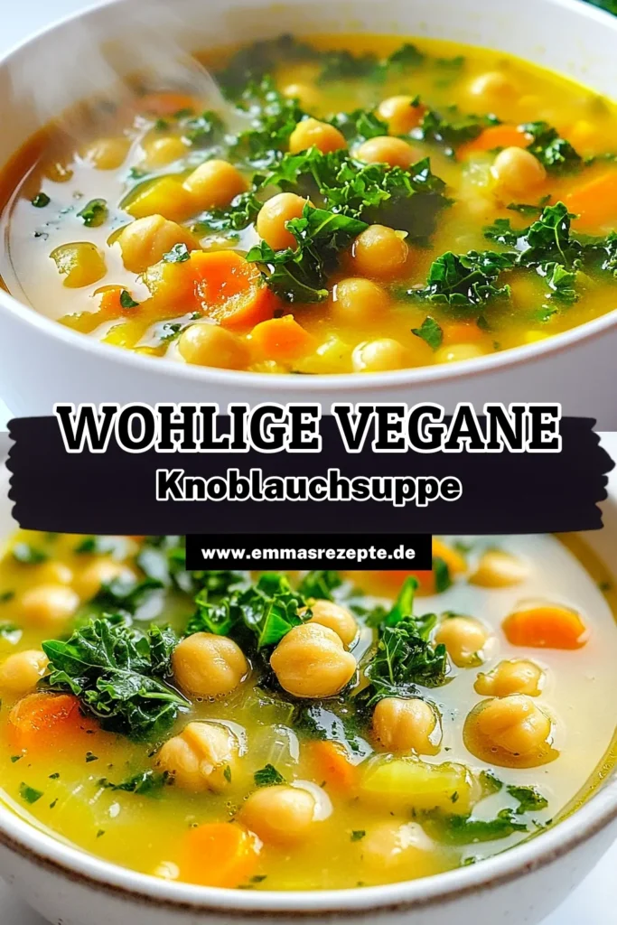 Entdecke die köstliche Vegan Knoblauch-Kichererbsensuppe, ein einfaches Rezept für eine gesunde Kichererbsensuppe vegan. Mit frischen Zutaten wie Kichererbsen, Gemüsebrühe und reichlich Knoblauch ist diese Gemüsebrühe Suppe vegan voller Geschmack und Nährstoffe. Perfekt für unkomplizierte und gesunde Mahlzeiten. Probiere unser Rezept aus und bring etwas Wärme in deine Küche! #veganeRezepte #Kichererbsensuppe #gesundeSuppe #veganleben