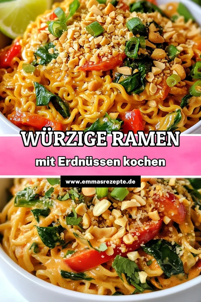 Entdecke unser köstliches Erdnuss-Ramen-Rezept für würzige Ramen-Nudeln. Diese schnellen asiatischen Nudeln sind perfekt für ein veganes Ramen mit Erdnussbutter, das schnell zubereitet ist und jedem schmeckt. Mit der perfekten Schärfe der Sriracha verwandelt sich dieses Gericht in ein wahres Geschmackserlebnis. Probiere es aus und spare dir das Rezept für ein schnelles Abendessen! #ErdnussRamenRezept #VeganesEssen #SchnelleGerichte #WürzigeRamenNudeln