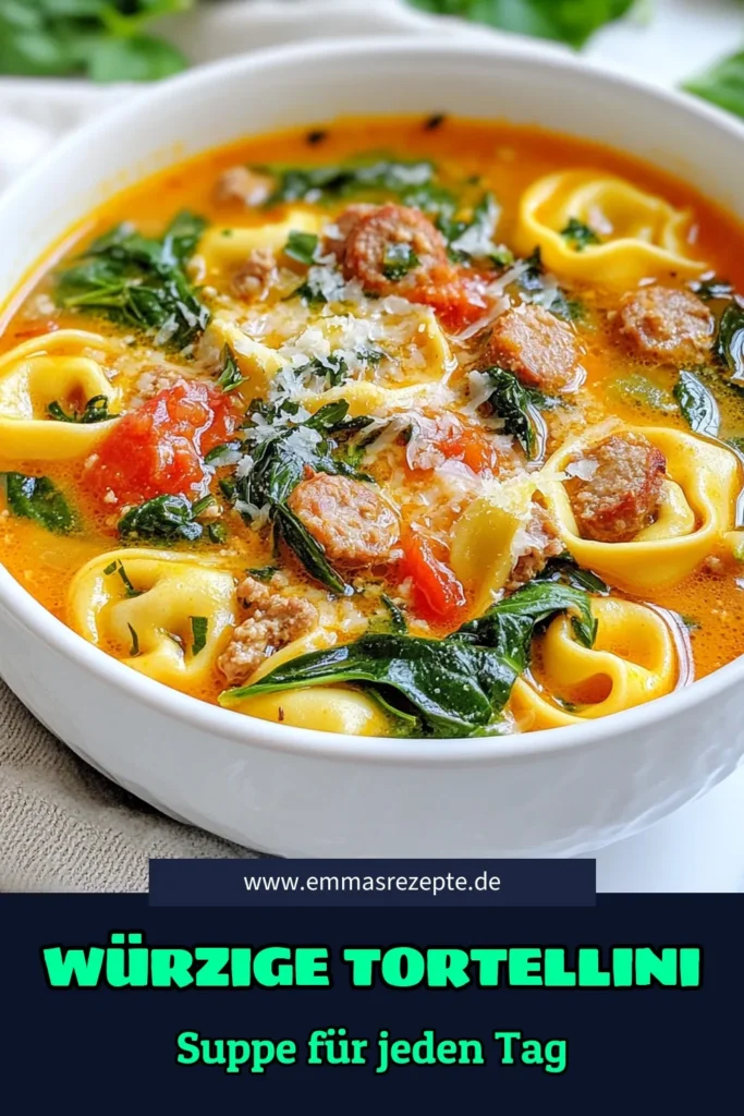 Entdecke das köstliche Rezept für Würstchen Spinat Tortellini Suppe! Diese einfache Tortellini Suppe vereint frischen Spinat und italienische Wurst in einer herzhaften Brühe. Perfekt für kalte Tage, ist diese Spinatsuppe mit Tortellini schnell zubereitet und sorgt für Genuss in jedem Löffel. Probier es aus und teile dein Ergebnis! #TortelliniSuppe #Würstchen #Spinat #Suppe genießen!