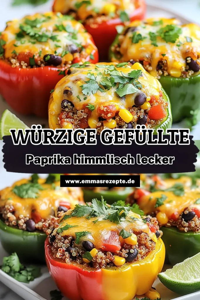 Entdecke dieses gesunde gefüllte Paprika Rezept mit Quinoa! Dieses würzige Paprika Rezept vereint Geschmack und Nährstoffe und ist ein perfektes vegetarisches Paprika Gericht für jede Gelegenheit. Die Quinoa gefüllte Paprika ist einfach zuzubereiten und bringt frische Aromen auf deinen Tisch. Lass dich inspirieren und probiere es aus! Du wirst begeistert sein! #gefülltePaprika #QuinoaGericht #Vegetarisch #GesundEssen