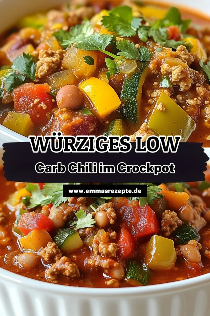 Entdecke unser herzhaftes Low Carb Crockpot Chili, das perfekt für jede Gelegenheit ist! Dieses einfache Chili ohne Zucker kombiniert zartes Putenfleisch, frisches Gemüse und Gewürze für ein genussvolles Erlebnis. Probiere unser Zucchini Chili Rezept, das sowohl lecker als auch gesund ist. Ideal für eine kohlenhydratarme Ernährung! Speichere das Rezept und koche noch heute dein eigenes Crockpot Chili. #LowCarbChili #CrockpotChiliRezept #herzhaftesPutenChili #ZucchiniChiliRezept