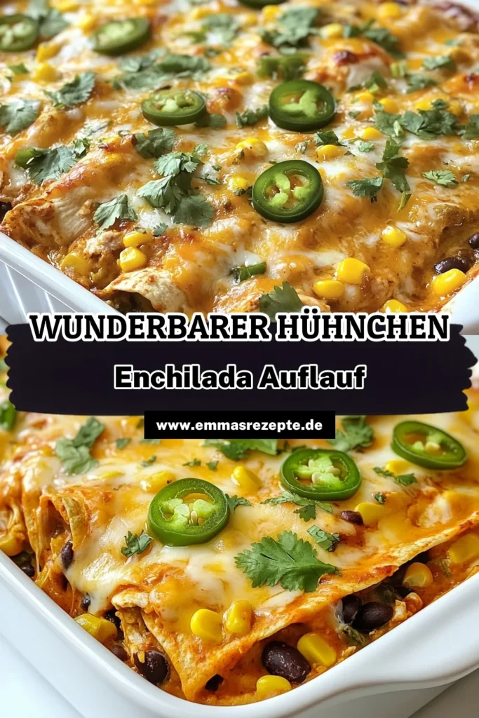 Entdecken Sie unser köstliches Hühnchen Enchilada Auflauf Rezept! Dieses einfache Rezept kombiniert zartes Hühnchen mit einer cremigen grünen Enchiladasoße, schwarzen Bohnen und Käse für einen perfekten mexikanischen Auflauf mit Hühnchen. Ideal für eine schnelle Mahlzeit oder ein Familienessen. Probieren Sie es aus und genießen Sie jeden Bissen! Speichern Sie dieses Rezept für Ihre nächste Kochsession! #HühnchenEnchiladaAuflauf #mexikanischerAuflauf #einfacheHühnchenrezepte #grüneEnchiladasoßeRezept