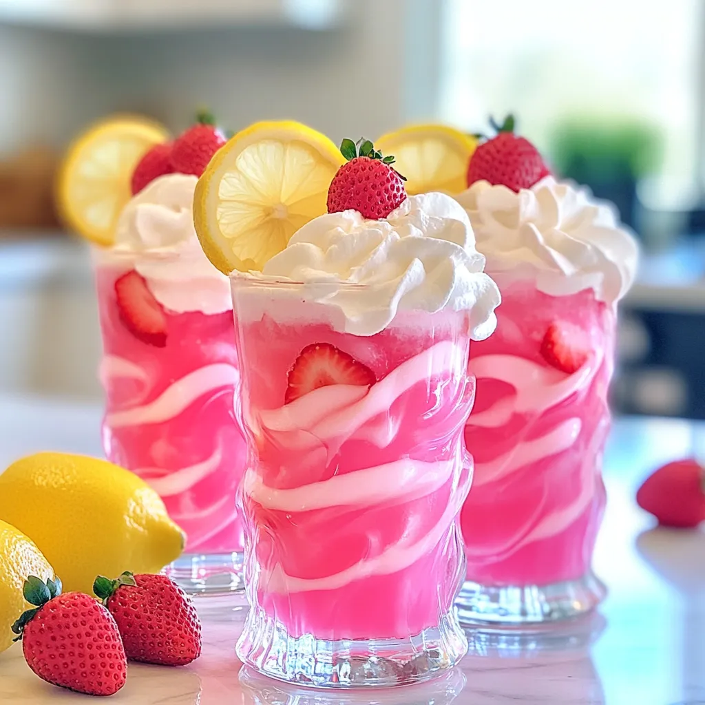Für Whipped Pink Lemonade brauchst du einige einfache, frische Zutaten. Hier ist, was du benötigst: - 1 Tasse frisch gepresster Zitronensaft - 1 Tasse Zucker - 4 Tassen kaltes Wasser - 1 Tasse frische Erdbeeren, geputzt und in Scheiben geschnitten - 1 Tasse Schlagsahne - 1 Teelöffel Vanilleextrakt - Eiswürfel - Zitronenscheiben und Erdbeerscheiben zur Dekoration Diese Zutaten geben deinem Getränk den frischen Geschmack, den wir lieben. Wenn du eine alkoholische Note hinzufügen möchtest, gibt es tolle Optionen. Du kannst zum Beispiel Wodka oder Gin verwenden. Füge etwa 1/2 Tasse Wodka zu deiner Mischung hinzu. Das gibt der Pink Lemonade einen tollen Kick. Achte darauf, die Menge nach deinem Geschmack anzupassen. Um Whipped Pink Lemonade zuzubereiten, brauchst du auch ein paar Geräte. Hier sind die wichtigsten: - Ein Mixer für die Basis - Eine große Rührschüssel für die Sahne - Ein Handmixer oder eine Küchenmaschine zum Aufschlagen der Sahne - Serviergläser für das fertige Getränk Mit diesen Geräten machst du die Zubereitung ganz leicht und schnell. {{ingredient_image_2}} Beginnen wir mit der Vorbereitung. Du benötigst frischen Zitronensaft. Presse eine Tasse Zitronen aus. Mische diesen Saft mit einer Tasse Zucker. Füge dann vier Tassen kaltes Wasser hinzu. Das gibt der Limonade ihren erfrischenden Geschmack. Bereite auch eine Tasse frische Erdbeeren vor. Putze sie und schneide sie in Scheiben. Diese Erdbeeren bringen Farbe und Frische in dein Getränk. Jetzt kommt der spannende Teil: das Mixen. Gib den Zitronensaft, Zucker und das kalte Wasser in einen Mixer. Mixe alles gut durch, bis der Zucker aufgelöst ist. Das dauert nur ein paar Sekunden. Dann füge die frischen Erdbeeren hinzu. Püriere alles, bis eine cremige Konsistenz entsteht. Wenn du es ganz glatt magst, benutze ein feines Sieb. So wird die Mischung besonders fein. Stelle diese Mischung zur Seite, während du die Sahne vorbereitest. Nimm eine große Rührschüssel und gib eine Tasse Schlagsahne hinein. Verwende einen Handmixer oder eine Küchenmaschine. Schlage die Sahne auf, bis sich weiche Spitzen bilden. Das dauert etwa 2 bis 3 Minuten. Jetzt füge einen Teelöffel Vanilleextrakt hinzu. Schlage weiter, bis sich steife Spitzen bilden. Deine Sahne ist jetzt perfekt. Bald wirst du sie auf die Limonade geben. Diese Schritte machen das Getränk besonders cremig und lecker. Um die perfekte Konsistenz zu erreichen, pürieren Sie die Erdbeeren gut. Sie sollten eine cremige Mischung erhalten. Wenn Sie eine glatte Textur wünschen, seihen Sie die Mischung durch ein feines Sieb. So entfernen Sie die kleinen Stücke. Das macht das Trinken angenehm und leicht. Achten Sie darauf, die Sahne nicht zu lange zu schlagen. Sonst wird sie zu fest. Weiche Spitzen sind ideal für unsere Whipped Pink Lemonade. Eine schöne Dekoration macht das Getränk noch besser. Verwenden Sie frische Zitronen- und Erdbeerscheiben. Diese kommen toll am Rand des Glases. Sie können auch einen Löffel benutzen, um ein marmoriertes Design zu machen. Das sieht nicht nur gut aus, sondern macht das Trinken auch spannend. Fügen Sie ein paar Eiswürfel hinzu, um die Getränke kühl zu halten. So bleibt die Whipped Pink Lemonade frisch und erfrischend. Ein häufiger Fehler ist, den Zucker nicht gut aufzulösen. Mischen Sie die Zutaten gründlich, damit alles süß und lecker wird. Achten Sie auch darauf, die Sahne nicht zu übermixen. Wenn sie zu fest wird, kann sie im Getränk klumpen. Wenn Sie die Erdbeeren pürieren, lassen Sie sie nicht zu lange im Mixer. So bleibt der frische Geschmack erhalten. Bleiben Sie aufmerksam während der Zubereitung, dann gelingt die Whipped Pink Lemonade perfekt! Pro Tips Frisch gepresster Zitronensaft: Verwenden Sie unbedingt frisch gepressten Zitronensaft für den besten Geschmack. Vorab die Zitronen rollen, um den Saft leichter herauszubekommen. Schlagsahne richtig aufschlagen: Stellen Sie sicher, dass Ihre Schlagsahne und die Schüssel gut gekühlt sind, um eine bessere Konsistenz und Stabilität zu erreichen. Erdbeeren pürieren: Für eine intensivere Erdbeernote können Sie die Erdbeeren leicht mit Zucker bestreuen und 10-15 Minuten ruhen lassen, bevor Sie sie pürieren. Präsentation: Für eine ansprechende Präsentation können Sie die Gläser mit etwas zusätzlicher Erdbeersauce oder Zitronenscheiben dekorieren, bevor Sie die Schlagsahne hinzufügen. {{image_4}} Du kannst Whipped Pink Lemonade noch fruchtiger machen. Füge einfach andere Früchte hinzu. Himbeeren oder Pfirsiche sind tolle Optionen. Püriere sie mit dem Zitronensaft und Zucker. Dadurch erhältst du einen neuen, frischen Geschmack. Experimentiere mit verschiedenen Kombinationen. Jede Frucht bringt ihr eigenes Aroma mit. Wenn du weniger Zucker möchtest, gibt es viele Alternativen. Honig oder Agavendicksaft sind gut geeignet. Du kannst auch Stevia verwenden. Diese Süßstoffe verändern den Geschmack leicht, aber das macht es spannend. Probiere die verschiedenen Optionen aus. So findest du die perfekte Süße für deinen Geschmack. Nutze saisonale Zutaten für deine Pink Lemonade. Im Sommer sind frische Beeren ideal. Im Herbst kannst du Äpfel oder Birnen verwenden. Diese Früchte geben der Limonade einen besonderen Touch. Achte darauf, die Früchte frisch und reif zu wählen. So bleibt der Geschmack intensiv und lecker. Um die Whipped Pink Lemonade frisch zu halten, stelle sie in den Kühlschrank. Verwende einen luftdichten Behälter, um den Geschmack zu schützen. Achte darauf, die Sahne getrennt zu lagern, damit sie nicht zusammenfällt. So bleibt die Textur schön. Die Pink Lemonade hält sich bis zu drei Tage im Kühlschrank. Nach drei Tagen kann der Geschmack schwächer werden. Achte darauf, die Erdbeeren frisch und knackig zu halten. Wenn du die Lemonade länger aufbewahren willst, friere die Mischung ein. Um die Lemonade wieder frisch zu machen, nimm sie aus dem Kühlschrank. Rühre die Mischung gut um, um die Schichten zu verbinden. Wenn die Sahne nicht mehr fluffig ist, schlage sie einfach erneut auf. Damit bleibt die Konsistenz perfekt. Um die Farbe von Whipped Pink Lemonade zu intensivieren, können Sie mehr Erdbeeren hinzufügen. Pürieren Sie die Erdbeeren gut, um die Farbe zu verstärken. Wenn Sie eine tiefere Rosa-Färbung wünschen, können Sie auch ein paar Tropfen Lebensmittelfarbe verwenden. Achten Sie darauf, die Farbe nach und nach hinzuzufügen. So bleibt die Mischung frisch und lecker. Ja, Sie können die Sahne durch eine vegane Alternative ersetzen. Kokosnusscreme ist eine gute Wahl. Sie hat einen reichen Geschmack und eine tolle Konsistenz. Alternativ können Sie auch pflanzliche Schlagsahne verwenden. Diese Produkte sind oft im Supermarkt erhältlich. Prüfen Sie die Verpackung, um sicherzustellen, dass sie vegan ist. Absolut, Whipped Pink Lemonade ist für Kinder geeignet! Sie enthält frischen Zitronensaft und Erdbeeren, die gesund sind. Achten Sie darauf, den Zuckergehalt anzupassen, wenn Sie es weniger süß machen möchten. Verwenden Sie auch weniger Sahne oder eine leichtere Variante, wenn Sie möchten. So bleibt das Getränk frisch und kinderfreundlich. Whipped Pink Lemonade ist ein erfrischendes Getränk, das alle lieben. Wir haben die Hauptzutaten, Küchengeräte und die Schritt-für-Schritt-Anleitung besprochen. Tipps zur richtigen Konsistenz und Dekoration helfen, das Getränk perfekt zu machen. Variationen ermöglichen kreative Anpassungen. Lagerung und Haltbarkeit sind ebenfalls wichtig, um das Beste aus Ihrer Lemonade herauszuholen. Experimentiere und finde deine perfekte Mischung. So wird diese Lemonade zum Highlight jedes Treffs!