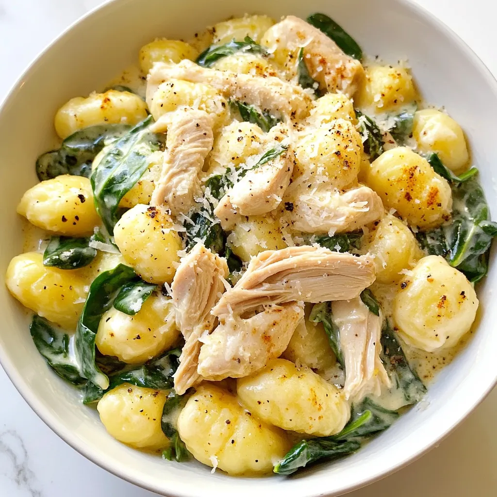 Für die Hühnchen-Gnocchi-Suppe brauche ich einige frische und hochwertige Zutaten: - 1 Esslöffel Olivenöl - 1 mittlere Zwiebel, gewürfelt - 2 Knoblauchzehen, gehackt - 2 mittelgroße Karotten, gewürfelt - 2 Selleriestangen, gewürfelt - 4 Tassen Hühnerbrühe - 450 g gekochte Hühnchenbrust, zerkleinert - 1 Packung (450 g) Gnocchi - 2 Tassen frischer Spinat - 1 Tasse Schlagsahne - Salz und Pfeffer nach Geschmack Die Gewürze bringen viel Geschmack in die Suppe. Ich verwende: - 1 Teelöffel getrockneter Thymian - 1 Teelöffel getrockneter Oregano Diese sorgen für ein tolles Aroma. Die Hühnerbrühe ist die Basis, die die Suppe reichhaltig macht. Um das Gericht zu verfeinern, serviere ich die Suppe mit: - Geriebenem Parmesan - Frischen Spinatblättern als Garnierung Die Garnierungen machen die Suppe nicht nur schöner, sondern auch noch schmackhafter. Ein bisschen Parmesan obendrauf gibt den letzten Schliff. {{ingredient_image_2}} Zuerst erhitze das Olivenöl in einem großen Topf. Nutze mittlere Hitze dafür. Füge die gewürfelte Zwiebel hinzu. Dünste sie etwa 3-4 Minuten, bis sie weich und glasig ist. Rühre dann den gehackten Knoblauch ein. Er gibt der Suppe einen tollen Geschmack. Danach kommen die gewürfelten Karotten und der Sellerie dazu. Koche alles weitere 5 Minuten. Rühre regelmäßig, damit nichts anbrennt. Das Gemüse wird weich und lecker. Jetzt ist es Zeit für die Brühe. Gib den getrockneten Thymian und Oregano in den Topf. Rühre gut durch, damit sich die Kräuter verteilen. Gieße dann die Hühnerbrühe hinein. Bring die Mischung zum Kochen. Wenn die Brühe sprudelt, reduziere die Hitze. Lass alles 5 Minuten köcheln. Jetzt kannst du das zerkleinerte Hühnchen hinzufügen. Mische die Gnocchi unter die Brühe. Koche alles 5-7 Minuten, bis die Gnocchi an die Oberfläche schwimmen. Jetzt kommt der spannende Teil! Rühre den frischen Spinat in die Suppe. Er wird schnell weich. Danach gieße die Schlagsahne hinein. Das macht die Suppe schön cremig. Lass alles 2-3 Minuten köcheln. Schmecke die Suppe mit Salz und Pfeffer ab. Damit hat sie den perfekten Geschmack. Serviere die Suppe heiß. Vergiss nicht, Parmesan oben drauf zu streuen. Das macht das Gericht noch besser. Um die beste Konsistenz für deine Hühnchen-Gnocchi-Suppe zu erhalten, achte auf die Menge der Sahne. Beginne mit einer Tasse, wie im Rezept angegeben. Möchtest du eine dickere Suppe, füge mehr Sahne hinzu. Für eine leichtere Version kannst du die Sahne reduzieren oder sogar durch Milch ersetzen. Gnocchi saugen Flüssigkeit auf. Wenn du die Suppe länger stehen lässt, kann sie dicker werden. Füge einfach etwas Brühe hinzu, wenn du sie wieder aufwärmst. Wenn du es eilig hast, kannst du die Zubereitung beschleunigen. Schneide das Gemüse im Voraus und lagere es im Kühlschrank. So sparst du Zeit beim Kochen. Verwende auch vorgekochtes Hühnchen oder gekaufte Gnocchi. Das spart dir viel Aufwand. Du kannst die Brühe auch am Vortag zubereiten. So ist alles bereit, wenn es schnell gehen muss. Hühnchen-Gnocchi-Suppe eignet sich gut zur Resteverwertung. Hast du noch Gemüse im Kühlschrank? Karotten, Paprika oder Erbsen passen gut dazu. Du kannst auch andere Fleischreste verwenden, wie Rind oder Schwein. Wenn du keinen Spinat hast, benutze Grünkohl oder Mangold. So kannst du die Suppe immer wieder neu erfinden. Pro Tipps Frische Zutaten verwenden: Verwende immer frische Kräuter und Gemüse für den besten Geschmack und eine lebendige Farbe. Gnocchi richtig kochen: Achte darauf, die Gnocchi nur so lange zu kochen, bis sie an die Oberfläche schwimmen, um eine zähe Konsistenz zu vermeiden. Variationen hinzufügen: Experimentiere mit verschiedenen Gemüsesorten oder füge eine Prise Muskatnuss zur Schlagsahne hinzu, um zusätzliche Aromen zu erzeugen. Reste aufbewahren: Bewahre Reste in einem luftdichten Behälter im Kühlschrank auf und genieße sie innerhalb von 2-3 Tagen für die beste Qualität. {{image_4}} Um eine vegetarische Version der Hühnchen-Gnocchi-Suppe zu machen, ersetze das Hühnchen. Du kannst stattdessen gekochte Kichererbsen oder Linsen verwenden. Diese geben Protein und machen die Suppe sättigend. Verwende Gemüsebrühe anstelle von Hühnerbrühe. Füge zusätzliches Gemüse wie Zucchini oder Paprika hinzu. Diese bringen Farbe und Geschmack in die Suppe. Um die Suppe glutenfrei zu machen, wähle glutenfreie Gnocchi. Viele Marken bieten diese an und sie sind lecker. Achte auch darauf, dass die Brühe glutenfrei ist. Du kannst auch Kartoffel- oder Reisgnocchi verwenden, um sicherzustellen, dass die Suppe für alle geeignet ist. Diese Anpassungen machen das Rezept für jeden zugänglich. Die Hühnchen-Gnocchi-Suppe ist sehr anpassungsfähig. Du kannst verschiedene Kräuter und Gewürze hinzufügen. Frische Kräuter wie Basilikum oder Petersilie geben frischen Geschmack. Füge auch andere Gemüsesorten wie Brokkoli oder Erbsen hinzu, um mehr Nährstoffe zu bekommen. Wenn du es schärfer magst, probiere rote Pfefferflocken. Diese Variationen machen das Gericht spannend und neu. Wenn du deine Hühnchen-Gnocchi-Suppe aufbewahren willst, lass sie zuerst abkühlen. Fülle die Suppe in einen luftdichten Behälter. Stelle sicher, dass der Behälter gut verschlossen ist. So bleibt die Suppe frisch. Du kannst sie bis zu drei Tage im Kühlschrank lagern. Zum Wiedererhitzen, gebe die Suppe in einen Topf. Erhitze sie bei mittlerer Hitze. Rühre oft um, damit sie gleichmäßig warm wird. Die Haltbarkeit der Zutaten kann unterschiedlich sein. Gekochtes Hühnchen hält sich im Kühlschrank etwa drei bis vier Tage. Gnocchi kann man gut lagern, solange sie ungekocht sind. Frischer Spinat bleibt nur ein paar Tage frisch. Wenn du die Suppe einfrierst, kann sie bis zu drei Monate halten. Achte darauf, sie in einem gefrierfreundlichen Behälter zu lagern. Um Portionen aufzubewahren, teile die Suppe in einzelne Behälter auf. So kannst du einfach nur die Menge nehmen, die du möchtest. Beschrifte die Behälter mit dem Datum. So vergisst du nicht, wann du sie gemacht hast. Du kannst auch kleine Portionen einfrieren. So hast du immer eine schnelle Mahlzeit parat. Wenn du die Suppe aufwärmst, füge etwas Brühe hinzu. Das hilft, die Konsistenz zu verbessern. Du kannst die Hühnchen-Gnocchi-Suppe bis zu fünf Tage im Kühlschrank aufbewahren. Achte darauf, sie in einem luftdichten Behälter zu lagern. Wenn du die Suppe länger behalten möchtest, friere sie ein. So bleibt sie bis zu drei Monate frisch. Beim Auftauen solltest du die Suppe langsam im Kühlschrank auftauen, um die beste Konsistenz zu erhalten. Ja, du kannst gefrorene Gnocchi verwenden. Diese sind eine praktische Option und benötigen keine vorherige Zubereitung. Füge sie einfach direkt zur Brühe hinzu. Die Kochzeit kann leicht variieren, also achte darauf, wenn die Gnocchi zu schwimmen beginnen. So stellst du sicher, dass sie perfekt gar sind. Zu dieser Suppe passen viele Beilagen gut. Ein frischer grüner Salat ist eine tolle Wahl. Knuspriges Brot oder Focaccia ergänzt die Suppe wunderbar. Du kannst auch etwas Parmesan oder frische Kräuter als Garnierung anbieten. Diese Beilagen machen das Essen noch schmackhafter und runder. Diese Hühnchen-Gnocchi-Suppe ist einfach und lecker. Wir haben die wichtigsten Zutaten, die Zubereitung und einige Tipps behandelt. Jeder kann diese Suppe anpassen. Es gibt viele Variationen, um sie spannend zu halten. Vergiss nicht, wie man sie lagert und wieder aufwärmt. Jetzt weißt du, wie du eine tolle Suppe machst. Probiere es aus und genieße jede Schüssel!