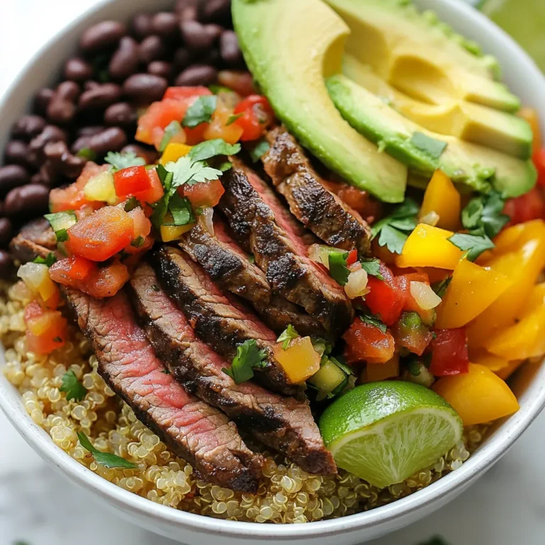 Für die perfekte Steak Fajita Schüssel benötigst du: - 500 g Flanksteak, dünn geschnitten - 1 Esslöffel Olivenöl - 1 Paprika (rot oder grün), in Streifen geschnitten - 1 Zwiebel, in Ringe geschnitten - 240 g gekochte Quinoa oder brauner Reis - 1 Dose schwarze Bohnen, abgespült und abgetropft - 1 Avocado, in Scheiben geschnitten - 120 g Salsa - Frische Korianderblätter, gehackt zur Garnitur - Limettenviertel zum Servieren Diese Zutaten bilden die Basis für dein Gericht. Das Flanksteak sorgt für den hohen Proteingehalt. Quinoa oder Reis bringt Ballaststoffe mit. Die Gewürze bringen das Steak zum Leben. Du brauchst: - 1 Teelöffel Chilipulver - 1 Teelöffel Kreuzkümmel - 1 Teelöffel Paprika - Salz und Pfeffer nach Geschmack Diese Gewürze machen das Steak würzig und aromatisch. Sie unterstützen die Aromen der anderen Zutaten. Frische Zutaten erhöhen den Geschmack und die Nährstoffe. Hier sind einige Ideen: - Mais für Süße - Kirschtomaten für Frische - Frischer Limettensaft für einen spritzigen Kick Experimentiere mit deinem Lieblingsgemüse. So wird deine Fajita Schüssel noch spannender. {{ingredient_image_2}} Beginne mit dem Flanksteak. Schneide es dünn. Gib das Steak in eine Schüssel. Füge Olivenöl, Chilipulver, Kreuzkümmel und Paprika hinzu. Salze und pfeffere nach Geschmack. Mische alles gut. Lasse das Fleisch mindestens 15 Minuten marinieren. So nehmen die Aromen richtig zu. Erhitze eine große Pfanne auf mittlere bis hohe Hitze. Lege die marinierten Steakscheiben in die Pfanne. Brate sie 3 bis 4 Minuten. Achte darauf, dass sie goldbraun werden. Nimm das Steak nach dem Braten aus der Pfanne. Stelle es beiseite. In derselben Pfanne kommen die geschnittenen Paprika und Zwiebeln. Brate das Gemüse etwa 5 Minuten. Es soll weich und leicht karamellisiert sein. Rühre ab und zu um, damit nichts anbrennt. Bereite die Schüsseln vor. Lege eine Portion Quinoa oder braunen Reis am Boden der Schüsseln. Schichte das gebratene Steak und das Gemüse gleichmäßig darauf. Füge die schwarzen Bohnen hinzu. Lege die Avocadoscheiben auf die Mischung. Gib einen Löffel Salsa oben drauf. Garniere mit frischem Koriander. Serviere die Schüsseln mit Limettenvierteln. So bleibt es frisch und lecker. Die Marinierzeit ist wichtig für den Geschmack. Ich empfehle, das Flanksteak mindestens 15 Minuten zu marinieren. Dies hilft, die Gewürze tief in das Fleisch eindringen zu lassen. Wenn du mehr Zeit hast, mariniere es bis zu 2 Stunden. Das bringt noch mehr Aroma. Eine Grillpfanne ist perfekt für dieses Rezept. Sie gibt dem Steak schöne Grillstreifen und einen tollen Geschmack. Stelle sicher, dass die Pfanne heiß ist, bevor du das Steak hinzufügst. So bleibt das Fleisch saftig. Achte darauf, das Steak nicht zu lange zu braten. Das macht es zäh. Jeder hat einen anderen Geschmack, wenn es um Schärfe geht. Du kannst das Chilipulver nach deinem Wunsch anpassen. Für mehr Schärfe füge einfach etwas mehr hinzu. Wenn du es mild magst, reduziere die Menge. Frische Jalapeños sind auch eine gute Wahl. Sie geben einen tollen Kick und frische Noten. Pro Tipps Fleisch richtig marinieren: Lassen Sie das Flanksteak mindestens 15 Minuten marinieren, um die Aromen optimal einzuziehen. Für mehr Geschmack können Sie es auch über Nacht im Kühlschrank lassen. Hohe Temperatur für das Steak: Braten Sie das Steak bei mittlerer bis hoher Hitze an, um eine schöne Kruste zu erhalten. Dies sorgt für einen besseren Geschmack und eine saftige Textur. Gemüse knackig halten: Braten Sie das Gemüse nicht zu lange, damit es seine Knackigkeit behält. Ein leichtes Karamellisieren bringt die Süße der Paprika und Zwiebeln zur Geltung. Frische Garnitur: Verwenden Sie frischen Koriander und Limettenviertel als Garnitur. Diese Zutaten bringen zusätzlich Frische und Geschmack in die Schüssel. {{image_4}} Wenn du eine vegetarische Option wünschst, probiere Tofu oder Tempeh. Diese Proteinquellen sind vielseitig. Marinier sie wie das Steak, um Geschmack zu bringen. Du kannst auch schwarze Bohnen oder Kichererbsen verwenden. Sie sind lecker und fügen mehr Protein hinzu. Für eine Low-Carb Variante lasse die Quinoa oder den Reis weg. Stattdessen kannst du Blumenkohlreis verwenden. Dieser ist leicht und gesund. Du kannst auch mehr Gemüse hinzufügen. Zucchini oder Spinat passen gut. So bleibt der Genuss ohne viel Kohlenhydrate. Die Beilagen sind ganz nach deinem Geschmack. Du kannst Avocado, Salsa oder frische Kräuter wählen. Auch ein scharfer Dip kann die Schüssel aufpeppen. Wechsel die Bohnen für schwarze oder Pintobohnen. Jede Zutat bringt ihren eigenen Reiz. Experimentiere mit neuen Kombinationen! Um die Reste deiner Steak Fajita Schüssel frisch zu halten, lege sie in einen luftdichten Behälter. Du kannst die Schüssel bis zu drei Tage im Kühlschrank aufbewahren. Stelle sicher, dass das Steak und das Gemüse vollständig abgekühlt sind, bevor du sie lagerst. So bleibt der Geschmack erhalten und die Konsistenz bleibt gut. Wenn du mehr Reste hast, kannst du die Schüssel einfrieren. Teile die Schüssel in Portionen auf und lege sie in gefrierfeste Beutel. Achte darauf, die Luft so gut wie möglich herauszudrücken. So bleiben die Zutaten bis zu drei Monate frisch. Denke daran, dass die Textur nach dem Auftauen leicht anders sein kann, aber der Geschmack bleibt. Um die Reste aufzuwärmen, kannst du die Mikrowelle oder den Herd verwenden. Bei der Mikrowelle lege die Portion in eine geeignete Schüssel. Decke sie ab, um ein Austrocknen zu vermeiden. Erhitze sie in kurzen Intervallen, bis sie warm sind. Wenn du den Herd verwendest, erhitze die Reste in einer Pfanne bei mittlerer Hitze. Rühre oft um, damit alles gleichmäßig warm wird. Füge bei Bedarf etwas Wasser oder Olivenöl hinzu, um die Feuchtigkeit zu erhalten. Mit diesen Tipps bleiben deine Steak Fajita Schüssel Reste lecker und nahrhaft! Der Proteingehalt dieser Fajita Schüssel ist hoch. Jede Portion enthält etwa 30 Gramm Protein. Das Steak und die schwarzen Bohnen sind die Hauptquellen. Quinoa trägt ebenfalls zur Proteinmenge bei. Diese Kombination hilft dir, deinen Proteinbedarf zu decken. Ja, du kannst das Steak durch andere Fleischsorten ersetzen. Hähnchenbrust oder Pute sind gute Alternativen. Diese Fleischsorten haben einen ähnlichen Gehalt an Protein. Du kannst auch Tofu oder Tempeh für eine vegetarische Option verwenden. Diese Alternativen bieten ebenfalls einen hohen Proteingehalt und passen gut zu den Gewürzen. Zu dieser Fajita Schüssel passen viele Beilagen. Du kannst frische Salate oder gegrilltes Gemüse servieren. Auch Guacamole ist eine gute Wahl. Wenn du gerne Schärfe magst, füge Jalapeños hinzu. Diese Beilagen ergänzen die Aromen und machen die Mahlzeit noch besser. Die Reste dieser Fajita Schüssel sind gut haltbar. Im Kühlschrank bleiben sie bis zu drei Tage frisch. Achte darauf, die Reste in einem luftdichten Behälter zu lagern. Du kannst die Schüssel auch einfrieren. Im Gefrierfach sind die Reste bis zu drei Monate haltbar. Diese Steak Fajita Schüssel ist einfach zuzubereiten und voller Geschmack. Wir haben die besten Zutaten und Gewürze besprochen. Eine Schritt-für-Schritt-Anleitung hilft Ihnen, das Gericht perfekt zu machen. Außerdem teile ich Tipps für Marinierzeiten, Grillpfannen und Schärfeanpassungen. Denken Sie auch an Variationen und wie Sie Reste aufbewahren können. Ich hoffe, Sie probieren dieses leckere Rezept bald aus und genießen es!