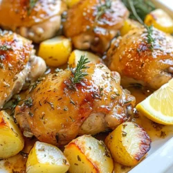 - 4 Hühnchenschenkel (mit Knochen, Haut an) - 4 mittelgroße Kartoffeln, in mundgerechte Stücke geschnitten - Gewürze und Kräuter: 2 Esslöffel frischer Rosmarin, 2 Esslöffel frischer Thymian, 1 Teelöffel Paprika, Salz und Pfeffer nach Geschmack Die Hühnchenschenkel sind perfekt für dieses Gericht. Sie bieten viel Geschmack und bleiben saftig. Kartoffeln sind die perfekte Beilage. Sie nehmen die Aromen gut auf und werden goldbraun. Gewürze wie Paprika und Kräuter geben dem Gericht Tiefe. - 120 g ungesalzene Butter - 8 Knoblauchzehen, gehackt - Abgeriebene Schale und Saft von 1 Zitrone - 2 Esslöffel Olivenöl Die Butter ist der Schlüssel zu einem reichhaltigen Geschmack. Der Knoblauch bringt eine tolle Würze. Zitronensaft und -schale geben Frische. Olivenöl sorgt für eine schöne Bräunung der Zutaten. - Frische Petersilie zur Garnierung (optional) - Optionale Beilagen wie ein frischer Salat oder Brot Frische Petersilie bringt Farbe und Frische. Sie macht das Gericht optisch ansprechend. Beilagen wie Salat oder Brot passen hervorragend dazu. Sie runden das Essen ab und sorgen für mehr Vielfalt auf dem Teller. {{ingredient_image_2}} - Heize deinen Ofen auf 200°C vor. - Schneide die Kartoffeln in mundgerechte Stücke. - Achte darauf, dass die Stücke gleich groß sind. So garen sie gleichmäßig. - Schmelze die Butter in einem kleinen Topf bei niedriger Hitze. - Füge den gehackten Knoblauch hinzu, wenn die Butter geschmolzen ist. - Brate den Knoblauch für etwa zwei Minuten an, bis er duftet. - Nimm den Topf vom Herd. - Rühre Zitronensaft, Zitronenschale, Paprika, Salz und Pfeffer unter die Butter. - Gib die Hühnchenschenkel und die Kartoffeln in eine Auflaufform. - Beträufle sie mit Olivenöl. - Gieße die Hälfte der Knoblauchbutter-Mischung darüber. - Mische alles gut, damit das Hühnchen und die Kartoffeln gleichmäßig bedeckt sind. - Lege die Hühnchenschenkel mit der Hautseite nach oben in die Form. - Verteile den Rosmarin und Thymian über die Kartoffeln. - Gieße die restliche Knoblauchbutter über das Hühnchen und die Kartoffeln. - Stelle die Form in den Ofen und backe alles für 45 bis 50 Minuten. - Das Hühnchen sollte eine innere Temperatur von 74°C erreichen. - Die Kartoffeln sind fertig, wenn sie zart und goldbraun sind. - Für knusprigere Haut kannst du das Hühnchen für zwei bis drei Minuten unter den Grill setzen. - Achte darauf, dass es nicht anbrennt. - Lass das Gericht nach dem Backen fünf Minuten ruhen. - Garniere nach Wunsch mit frischer Petersilie. Die Innentemperatur des Hühnchens sollte 74°C erreichen. So bleibt das Fleisch saftig. Um zarte und goldene Kartoffeln zu bekommen, backe sie bei 200°C. Die richtige Temperatur sorgt dafür, dass die Kartoffeln schön bräunen. Du kannst die Grillfunktion deines Ofens nutzen. Diese Funktion gibt dem Hühnchen eine knusprige Haut. Achte während des Grillens darauf, das Hühnchen im Auge zu behalten. Es kann schnell verbrennen, wenn du nicht aufpasst. Frische Kräuter geben deinem Gericht den besten Geschmack. Rosmarin und Thymian sind ideale Begleiter für Hühnchen. Wenn du keine frischen Kräuter hast, kannst du auch trockene Kräuter verwenden. Diese sind eine gute Alternative, wenn frische nicht verfügbar sind. Pro Tipps Hühnchen marinieren: Lasse die Hühnchenschenkel mindestens 30 Minuten in der Knoblauchbutter-Mischung marinieren, um den Geschmack zu intensivieren. Kartoffeln vorbereiten: Verwende mehlige Kartoffeln für eine bessere Textur. Diese werden beim Rösten besonders knusprig. Frische Kräuter: Verwende frische Kräuter anstelle von getrockneten, um das Aroma zu maximieren. Sie verleihen dem Gericht Lebendigkeit und Frische. Resteverwertung: Das Gericht lässt sich gut aufbewahren. Verwende die Reste für einen leckeren Salat oder in einem Wrap am nächsten Tag. {{image_4}} Du kannst das Rezept mit verschiedenen Fleischsorten anpassen. Hühnchenbrust ist eine gute Wahl, wenn du mageres Fleisch magst. Putenkeulen sind ebenfalls eine tolle Option. Sie haben viel Geschmack und bleiben saftig. Die Beilagen sind nicht festgelegt. Karotten passen gut dazu. Sie bringen Süße und Farbe. Zucchini ist eine weitere gute Wahl. Sie sind leicht und nehmen die Aromen gut auf. Du kannst auch andere Gemüsesorten ausprobieren, die dir gefallen. Die Gewürze sind wichtig für den Geschmack. Du kannst die Gewürze variieren. Probiere andere Gewürze wie Thymian oder Oregano. Wenn du es scharf magst, füge etwas Chili oder Cayennepfeffer hinzu. So wird dein Gericht aufregender und passt zu deinem Geschmack. Um Knoblauchbutter-Hühnchen und Kartoffeln frisch zu halten, lagere sie richtig. Lasse das Gericht zuerst abkühlen. Fülle es dann in einen luftdichten Behälter. Im Kühlschrank hält es sich bis zu drei Tage. Wenn du das Gericht länger aufbewahren möchtest, friere es ein. Teile das Hühnchen und die Kartoffeln in Portionen auf. Verwende Gefrierbeutel oder -behälter. So bleibt der Geschmack erhalten. Gefroren kann es bis zu drei Monate halten. Wenn du das Gericht wieder aufwärmen möchtest, wähle die beste Methode. Du kannst es in der Mikrowelle oder im Ofen erhitzen. Im Ofen bleibt es knusprig. Heize den Ofen auf 180°C vor. Lege das Hühnchen und die Kartoffeln in eine Auflaufform. Decke die Form mit Alufolie ab. So trocknet das Gericht nicht aus. Erwärme es etwa 20 bis 25 Minuten. In der Mikrowelle geht es schneller. Stelle die Portionen in eine mikrowellengeeignete Schüssel. Decke sie mit einem feuchten Papiertuch ab. Erwärme es in 1-Minuten-Intervallen, bis es warm ist. Wie lange ist das Gericht haltbar? Im Kühlschrank bleibt es bis zu drei Tage genießbar. Achte darauf, ob es frisch riecht und aussieht. Wenn du es eingefroren hast, kann es bis zu drei Monate halten. Hinweise zur Lebensmittelsicherheit sind wichtig. Wenn du das Hühnchen aufwärmst, achte darauf, dass die Innentemperatur 74°C erreicht. So bist du sicher, dass alle Bakterien abgetötet sind. Die Zubereitungszeit für Knoblauchbutter-Hühnchen mit Kartoffeln beträgt etwa 15 Minuten. Die Gesamtzeit für das Gericht ist 1 Stunde und 5 Minuten. In dieser Zeit backen das Hühnchen und die Kartoffeln zusammen im Ofen. Das macht es einfach, alles gleichzeitig zuzubereiten. Ja, du kannst das Rezept im Voraus zubereiten. Bereite die Knoblauchbutter und die Hühnchen-Kartoffelmischung vor. Bewahre sie dann im Kühlschrank auf. Du kannst diese Mischung bis zu 24 Stunden im Voraus machen. Am nächsten Tag einfach in den Ofen schieben und backen. So sparst du Zeit am Abend. Zu Knoblauchbutter-Hühnchen passen viele Beilagen. Hier sind einige Ideen: - Gedünstetes Gemüse wie Brokkoli oder grüne Bohnen - Ein frischer Salat mit Zitronen-Dressing - Reis oder Quinoa für eine sättigende Option - Knuspriges Baguette, um die köstliche Sauce aufzutunken Diese Beilagen ergänzen das Gericht perfekt und runden das Essen ab. Dieses Rezept für Knoblauchbutter-Hühnchen mit Kartoffeln vereint einfache Zutaten und klare Schritte. Wir haben gelernt, wie man den Ofen vorbereitet, die perfekte Knoblauchbutter macht und die Zutaten optimal vermengt. Mit kleinen Tipps verbessern Sie das Gericht und variieren die Zutaten nach Ihrem Geschmack. Denken Sie daran, die Reste richtig zu lagern und wieder aufzuwärmen, damit nichts verschwendet wird. Schmecken Sie das Gericht aus und genießen Sie es mit Ihrer Lieblingsbeilage. Es ist einfach und lecker!