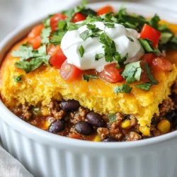 Hier sind die Zutaten für Cowboy Cornbread Casserole, die den Geschmack ausmachen: - 1 Tasse gelbes Maismehl - 1 Tasse Buttermilch - 2 große Eier - 1 Teelöffel Backpulver - 1 Teelöffel Natron - 1 Teelöffel Salz - 1 Tasse geriebener Cheddar-Käse - 1 Dose (15 oz) schwarze Bohnen, abgespült und abgetropft - 1 Dose (15 oz) Mais, abgetropft - 1 Tasse gewürfelte Paprika (rot und grün) - 1 Tasse gewürfelte Tomaten - 1 Esslöffel Taco-Gewürz - 1 Pfund Rinderhackfleisch oder Putenhackfleisch - 1 Zwiebel, gewürfelt - 1½ Tassen Salsa Du kannst einige Zutaten leicht ersetzen. Wenn du kein Rinderhackfleisch magst, wähle Putenhackfleisch oder sogar eine pflanzliche Alternative wie Linsen. Statt Buttermilch kannst du auch normale Milch verwenden, gemischt mit einem Spritzer Zitronensaft. Wenn du keinen Cheddar hast, probiere Gouda oder Mozzarella. Ich empfehle, hochwertige Marken zu wählen. Für Maismehl nutze Bob's Red Mill oder eine lokale Marke. Bei der Buttermilch ist Daisy eine gute Wahl. Wähle für Salsa eine Marke, die frische Zutaten nutzt, wie Pace oder Herdez. Für das Fleisch ist Grass-Fed oder Bio eine gute Entscheidung. {{ingredient_image_2}} Zuerst benötigen wir etwa 20 Minuten für die Vorbereitung. Heize deinen Ofen auf 200°C vor. Ein gut gefettetes Backblech von 23x33 cm ist wichtig. Fette es gut ein, damit der Eintopf nicht kleben bleibt. In einer mittelgroßen Schüssel vermischst du das gelbe Maismehl, die Buttermilch, die Eier, das Backpulver, das Natron und das Salz. Nimm einen Schneebesen und rühre alles gut durch, bis eine glatte Masse entsteht. Lass die Mischung dann beiseite. In einer großen Pfanne erhitzt du etwas Öl bei mittlerer Hitze. Füge das Rinderhackfleisch oder Putenhackfleisch hinzu. Brate das Fleisch, bis es gleichmäßig braun ist. Gieße das überschüssige Fett ab. Jetzt kommen die gewürfelte Zwiebel und die Paprika in die Pfanne. Sautiere sie, bis sie weich sind. Danach fügst du die schwarzen Bohnen, den Mais, die gewürfelten Tomaten, das Taco-Gewürz und die Salsa hinzu. Lass alles für etwa fünf Minuten weiterkochen, damit sich die Aromen gut vermischen. Jetzt wird es spannend! Verteile die Hälfte des Cornbread-Teigs gleichmäßig auf dem Boden der gefetteten Backform. Darauf kommt die Fleischmischung. Decke sie mit dem restlichen Cornbread-Teig ab und streiche ihn glatt. Streue den geriebenen Cheddar-Käse gleichmäßig über die Oberseite. Backe das Ganze im Ofen für 30-35 Minuten. Die Oberseite sollte goldbraun sein. Wenn ein Zahnstocher sauber herauskommt, ist der Eintopf bereit. Lass ihn nach dem Backen etwa 10 Minuten abkühlen, bevor du ihn in Stücke schneidest. Um perfektes Cornbread zu machen, achte auf die richtige Mischung. Kombiniere das Maismehl gut mit der Buttermilch, den Eiern und den anderen Zutaten. Rühre, bis die Masse glatt ist. Übermixen kann die Textur verändern. Frische Zutaten sind wichtig, vor allem die Eier und die Buttermilch. Sie geben dem Cornbread einen tollen Geschmack. Wenn du ein dickeres Cornbread möchtest, füge mehr Maismehl hinzu. Für eine feuchtere Konsistenz kannst du zusätzlich mehr Buttermilch verwenden. Experimentiere mit den Mengen, um die perfekte Textur für deinen Geschmack zu finden. Wenn du es lockerer magst, benutze weniger Maismehl. Finde die Balance, die dir am besten gefällt. Du kannst die Casserole am Vortag zubereiten. Bereite die Fleischmischung und den Cornbread-Teig getrennt vor. Stelle beides in den Kühlschrank. Am nächsten Tag einfach alles schichten und backen. Das spart Zeit und macht die Vorbereitung einfacher. Lass die Casserole nach dem Backen etwa 10 Minuten abkühlen, bevor du sie servierst. So bleiben die Schichten schön zusammen. Pro Tipps Maismehl richtig abmessen: Achten Sie darauf, das Maismehl mit einem Löffel in die Messbecher zu füllen und nicht direkt zu schütten, um Klumpen zu vermeiden und die richtige Konsistenz zu gewährleisten. Fleisch gut würzen: Stellen Sie sicher, dass das Hackfleisch während des Bratens gut gewürzt wird, um den besten Geschmack in die gesamte Füllung zu bringen. Variationen hinzufügen: Experimentieren Sie mit verschiedenen Gemüsesorten oder Käsesorten, um das Gericht nach Ihrem Geschmack anzupassen. Jalapeños oder Zucchini sind großartige Ergänzungen! Aufbewahrungstipps: Reste können in einem luftdichten Behälter im Kühlschrank bis zu 3 Tage aufbewahrt werden. Erhitzen Sie sie im Ofen für die beste Konsistenz. {{image_4}} Wenn Sie eine vegetarische Variante des Cowboy Cornbread Casserole möchten, gibt es viele Optionen. Sie können das Rinder- oder Putenhackfleisch durch eine Mischung aus Gemüse ersetzen. Zucchini, Auberginen und Pilze eignen sich gut. Verwenden Sie auch mehr schwarze Bohnen, um die Proteinquelle zu erhöhen. Diese Mischung bringt eine tolle Textur und Geschmack. Ersetzen Sie das Taco-Gewürz durch ein Chili-Gewürz, um mehr Würze zu bekommen. Das macht das Gericht noch schmackhafter. Käse ist ein wichtiger Teil des Geschmacks. Cheddar ist klassisch, aber Sie können auch andere Käsesorten verwenden. Versuchen Sie Gouda für einen rauchigen Geschmack oder Monterrey Jack für mehr Schmelz. Feta bringt eine salzige Note. Wenn Sie es schärfer mögen, verwenden Sie Pepper Jack. Diese Käsesorten verändern den Geschmack und die Konsistenz des Auflaufs. Experimentieren Sie und finden Sie Ihre Lieblingskombination. Für eine scharfe Note können Sie frische Jalapeños oder Chilis hinzufügen. Mischen Sie sie einfach in die Fleischmischung oder streuen Sie sie oben auf. Wenn das nicht genug ist, fügen Sie etwas scharfe Sauce zur Salsa hinzu. Das verleiht dem Gericht mehr Hitze. Denken Sie daran, die Schärfe langsam zu steigern. So können Sie den perfekten Grad an Würze finden, der zu Ihrem Geschmack passt. Wenn Sie Reste von Cowboy Cornbread Casserole haben, lassen Sie sie zuerst abkühlen. Stellen Sie sicher, dass die Casserole in einem luftdichten Behälter ist. Sie können sie auch in Frischhaltefolie wickeln. So bleibt der Geschmack frisch. Reste können bis zu drei Tage im Kühlschrank bleiben. Um die Casserole wieder aufzuwärmen, heizen Sie den Ofen auf 175°C (350°F) vor. Legen Sie die Casserole in eine Backform. Decken Sie sie mit Aluminiumfolie ab, damit sie nicht austrocknet. Erwärmen Sie sie etwa 20 bis 25 Minuten. Prüfen Sie mit einem Zahnstocher, ob sie heiß ist. Sie können auch die Mikrowelle verwenden. Stellen Sie die Casserole in eine mikrowellengeeignete Schüssel. Erwärmen Sie sie in 1-Minuten-Intervallen, bis sie heiß ist. Im Kühlschrank hält die Casserole bis zu drei Tage. Wenn Sie die Casserole länger aufbewahren möchten, können Sie sie einfrieren. Teilen Sie die Casserole in Portionen auf. Wickeln Sie jede Portion gut ein und legen Sie sie in einen Gefrierbeutel. So bleibt die Casserole bis zu drei Monate frisch. Denken Sie daran, die Casserole vor dem Servieren über Nacht im Kühlschrank aufzutauen. Cowboy Cornbread Casserole ist ein herzhaftes Gericht aus dem Süden der USA. Es kombiniert einen leckeren Maisbrotteig mit einer würzigen Fleischmischung und Bohnen. Dieses Gericht ist einfach zuzubereiten und bringt viel Geschmack. Es ist perfekt für Familienessen oder Feiern. Du kannst es warm servieren und mit frischem Koriander und Sauerrahm garnieren. Ja, du kannst andere Fleischsorten verwenden. Putenhackfleisch ist eine gute Alternative. Auch Schweinefleisch oder würzige Wurst können gut passen. Wenn du ein vegetarisches Gericht willst, lasse das Fleisch einfach weg. Die Bohnen und das Gemüse sorgen für genügend Protein und Geschmack. Du kannst das Rezept leicht anpassen. Wenn du Gluten meiden musst, verwende glutenfreies Maismehl. Bei einer Laktoseintoleranz kannst du die Buttermilch durch eine pflanzliche Alternative ersetzen. Achte darauf, die Gewürze zu überprüfen, um allergene Zutaten zu vermeiden. So kannst du sicherstellen, dass jeder das Gericht genießen kann. Wir haben uns die Zutaten für die Cowboy Cornbread Casserole genau angesehen. Du weißt nun, welche Zutaten du verwenden kannst und welche Marken empfehlenswert sind. Die Schritt-für-Schritt-Anleitung führt dich durch die Zubereitung. Ich habe Tipps gegeben, damit dein Cornbread perfekt wird. Zudem hast du Varianten für Vegetarier und für Schärfe entdeckt. Zum Schluss: Achte auf die Lagerung deiner Reste. Das Rezept ist anpassbar, also probiere es aus. Viel Spaß beim Kochen!
