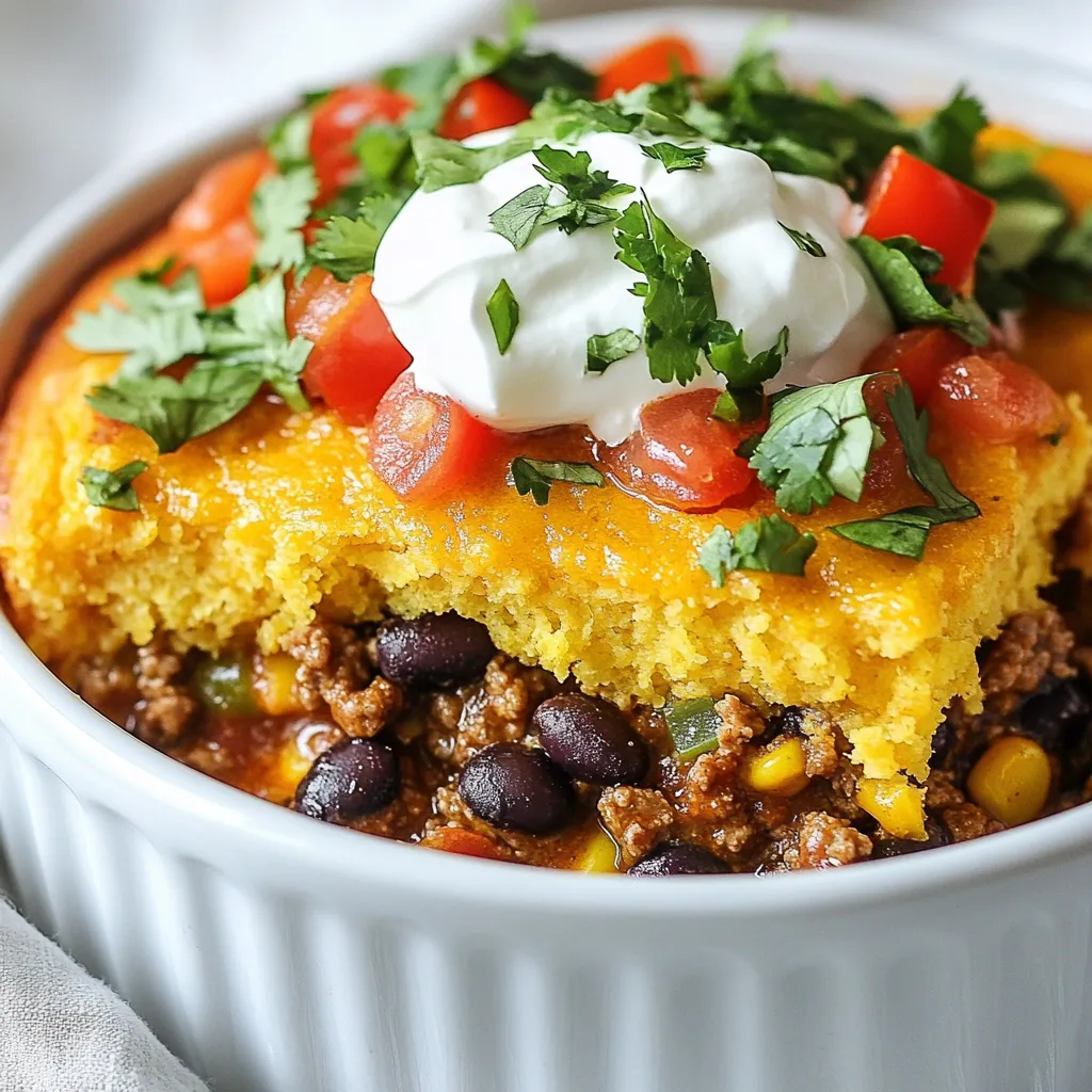 Hier sind die Zutaten für Cowboy Cornbread Casserole, die den Geschmack ausmachen: - 1 Tasse gelbes Maismehl - 1 Tasse Buttermilch - 2 große Eier - 1 Teelöffel Backpulver - 1 Teelöffel Natron - 1 Teelöffel Salz - 1 Tasse geriebener Cheddar-Käse - 1 Dose (15 oz) schwarze Bohnen, abgespült und abgetropft - 1 Dose (15 oz) Mais, abgetropft - 1 Tasse gewürfelte Paprika (rot und grün) - 1 Tasse gewürfelte Tomaten - 1 Esslöffel Taco-Gewürz - 1 Pfund Rinderhackfleisch oder Putenhackfleisch - 1 Zwiebel, gewürfelt - 1½ Tassen Salsa Du kannst einige Zutaten leicht ersetzen. Wenn du kein Rinderhackfleisch magst, wähle Putenhackfleisch oder sogar eine pflanzliche Alternative wie Linsen. Statt Buttermilch kannst du auch normale Milch verwenden, gemischt mit einem Spritzer Zitronensaft. Wenn du keinen Cheddar hast, probiere Gouda oder Mozzarella. Ich empfehle, hochwertige Marken zu wählen. Für Maismehl nutze Bob's Red Mill oder eine lokale Marke. Bei der Buttermilch ist Daisy eine gute Wahl. Wähle für Salsa eine Marke, die frische Zutaten nutzt, wie Pace oder Herdez. Für das Fleisch ist Grass-Fed oder Bio eine gute Entscheidung. {{ingredient_image_2}} Zuerst benötigen wir etwa 20 Minuten für die Vorbereitung. Heize deinen Ofen auf 200°C vor. Ein gut gefettetes Backblech von 23x33 cm ist wichtig. Fette es gut ein, damit der Eintopf nicht kleben bleibt. In einer mittelgroßen Schüssel vermischst du das gelbe Maismehl, die Buttermilch, die Eier, das Backpulver, das Natron und das Salz. Nimm einen Schneebesen und rühre alles gut durch, bis eine glatte Masse entsteht. Lass die Mischung dann beiseite. In einer großen Pfanne erhitzt du etwas Öl bei mittlerer Hitze. Füge das Rinderhackfleisch oder Putenhackfleisch hinzu. Brate das Fleisch, bis es gleichmäßig braun ist. Gieße das überschüssige Fett ab. Jetzt kommen die gewürfelte Zwiebel und die Paprika in die Pfanne. Sautiere sie, bis sie weich sind. Danach fügst du die schwarzen Bohnen, den Mais, die gewürfelten Tomaten, das Taco-Gewürz und die Salsa hinzu. Lass alles für etwa fünf Minuten weiterkochen, damit sich die Aromen gut vermischen. Jetzt wird es spannend! Verteile die Hälfte des Cornbread-Teigs gleichmäßig auf dem Boden der gefetteten Backform. Darauf kommt die Fleischmischung. Decke sie mit dem restlichen Cornbread-Teig ab und streiche ihn glatt. Streue den geriebenen Cheddar-Käse gleichmäßig über die Oberseite. Backe das Ganze im Ofen für 30-35 Minuten. Die Oberseite sollte goldbraun sein. Wenn ein Zahnstocher sauber herauskommt, ist der Eintopf bereit. Lass ihn nach dem Backen etwa 10 Minuten abkühlen, bevor du ihn in Stücke schneidest. Um perfektes Cornbread zu machen, achte auf die richtige Mischung. Kombiniere das Maismehl gut mit der Buttermilch, den Eiern und den anderen Zutaten. Rühre, bis die Masse glatt ist. Übermixen kann die Textur verändern. Frische Zutaten sind wichtig, vor allem die Eier und die Buttermilch. Sie geben dem Cornbread einen tollen Geschmack. Wenn du ein dickeres Cornbread möchtest, füge mehr Maismehl hinzu. Für eine feuchtere Konsistenz kannst du zusätzlich mehr Buttermilch verwenden. Experimentiere mit den Mengen, um die perfekte Textur für deinen Geschmack zu finden. Wenn du es lockerer magst, benutze weniger Maismehl. Finde die Balance, die dir am besten gefällt. Du kannst die Casserole am Vortag zubereiten. Bereite die Fleischmischung und den Cornbread-Teig getrennt vor. Stelle beides in den Kühlschrank. Am nächsten Tag einfach alles schichten und backen. Das spart Zeit und macht die Vorbereitung einfacher. Lass die Casserole nach dem Backen etwa 10 Minuten abkühlen, bevor du sie servierst. So bleiben die Schichten schön zusammen. Pro Tipps Maismehl richtig abmessen: Achten Sie darauf, das Maismehl mit einem Löffel in die Messbecher zu füllen und nicht direkt zu schütten, um Klumpen zu vermeiden und die richtige Konsistenz zu gewährleisten. Fleisch gut würzen: Stellen Sie sicher, dass das Hackfleisch während des Bratens gut gewürzt wird, um den besten Geschmack in die gesamte Füllung zu bringen. Variationen hinzufügen: Experimentieren Sie mit verschiedenen Gemüsesorten oder Käsesorten, um das Gericht nach Ihrem Geschmack anzupassen. Jalapeños oder Zucchini sind großartige Ergänzungen! Aufbewahrungstipps: Reste können in einem luftdichten Behälter im Kühlschrank bis zu 3 Tage aufbewahrt werden. Erhitzen Sie sie im Ofen für die beste Konsistenz. {{image_4}} Wenn Sie eine vegetarische Variante des Cowboy Cornbread Casserole möchten, gibt es viele Optionen. Sie können das Rinder- oder Putenhackfleisch durch eine Mischung aus Gemüse ersetzen. Zucchini, Auberginen und Pilze eignen sich gut. Verwenden Sie auch mehr schwarze Bohnen, um die Proteinquelle zu erhöhen. Diese Mischung bringt eine tolle Textur und Geschmack. Ersetzen Sie das Taco-Gewürz durch ein Chili-Gewürz, um mehr Würze zu bekommen. Das macht das Gericht noch schmackhafter. Käse ist ein wichtiger Teil des Geschmacks. Cheddar ist klassisch, aber Sie können auch andere Käsesorten verwenden. Versuchen Sie Gouda für einen rauchigen Geschmack oder Monterrey Jack für mehr Schmelz. Feta bringt eine salzige Note. Wenn Sie es schärfer mögen, verwenden Sie Pepper Jack. Diese Käsesorten verändern den Geschmack und die Konsistenz des Auflaufs. Experimentieren Sie und finden Sie Ihre Lieblingskombination. Für eine scharfe Note können Sie frische Jalapeños oder Chilis hinzufügen. Mischen Sie sie einfach in die Fleischmischung oder streuen Sie sie oben auf. Wenn das nicht genug ist, fügen Sie etwas scharfe Sauce zur Salsa hinzu. Das verleiht dem Gericht mehr Hitze. Denken Sie daran, die Schärfe langsam zu steigern. So können Sie den perfekten Grad an Würze finden, der zu Ihrem Geschmack passt. Wenn Sie Reste von Cowboy Cornbread Casserole haben, lassen Sie sie zuerst abkühlen. Stellen Sie sicher, dass die Casserole in einem luftdichten Behälter ist. Sie können sie auch in Frischhaltefolie wickeln. So bleibt der Geschmack frisch. Reste können bis zu drei Tage im Kühlschrank bleiben. Um die Casserole wieder aufzuwärmen, heizen Sie den Ofen auf 175°C (350°F) vor. Legen Sie die Casserole in eine Backform. Decken Sie sie mit Aluminiumfolie ab, damit sie nicht austrocknet. Erwärmen Sie sie etwa 20 bis 25 Minuten. Prüfen Sie mit einem Zahnstocher, ob sie heiß ist. Sie können auch die Mikrowelle verwenden. Stellen Sie die Casserole in eine mikrowellengeeignete Schüssel. Erwärmen Sie sie in 1-Minuten-Intervallen, bis sie heiß ist. Im Kühlschrank hält die Casserole bis zu drei Tage. Wenn Sie die Casserole länger aufbewahren möchten, können Sie sie einfrieren. Teilen Sie die Casserole in Portionen auf. Wickeln Sie jede Portion gut ein und legen Sie sie in einen Gefrierbeutel. So bleibt die Casserole bis zu drei Monate frisch. Denken Sie daran, die Casserole vor dem Servieren über Nacht im Kühlschrank aufzutauen. Cowboy Cornbread Casserole ist ein herzhaftes Gericht aus dem Süden der USA. Es kombiniert einen leckeren Maisbrotteig mit einer würzigen Fleischmischung und Bohnen. Dieses Gericht ist einfach zuzubereiten und bringt viel Geschmack. Es ist perfekt für Familienessen oder Feiern. Du kannst es warm servieren und mit frischem Koriander und Sauerrahm garnieren. Ja, du kannst andere Fleischsorten verwenden. Putenhackfleisch ist eine gute Alternative. Auch Schweinefleisch oder würzige Wurst können gut passen. Wenn du ein vegetarisches Gericht willst, lasse das Fleisch einfach weg. Die Bohnen und das Gemüse sorgen für genügend Protein und Geschmack. Du kannst das Rezept leicht anpassen. Wenn du Gluten meiden musst, verwende glutenfreies Maismehl. Bei einer Laktoseintoleranz kannst du die Buttermilch durch eine pflanzliche Alternative ersetzen. Achte darauf, die Gewürze zu überprüfen, um allergene Zutaten zu vermeiden. So kannst du sicherstellen, dass jeder das Gericht genießen kann. Wir haben uns die Zutaten für die Cowboy Cornbread Casserole genau angesehen. Du weißt nun, welche Zutaten du verwenden kannst und welche Marken empfehlenswert sind. Die Schritt-für-Schritt-Anleitung führt dich durch die Zubereitung. Ich habe Tipps gegeben, damit dein Cornbread perfekt wird. Zudem hast du Varianten für Vegetarier und für Schärfe entdeckt. Zum Schluss: Achte auf die Lagerung deiner Reste. Das Rezept ist anpassbar, also probiere es aus. Viel Spaß beim Kochen!