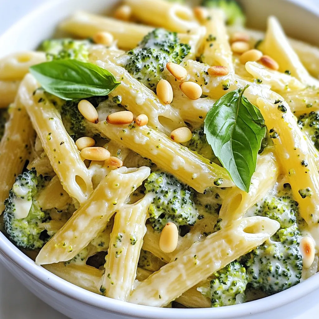 Für die cremige Brokkoli-Pasta brauchst du folgende Zutaten: - 225 g Pasta (Penne oder Farfalle) - 2 Tassen Brokkoli-Röschen - 1 Tasse Schlagsahne - 1 Tasse geriebener Parmesan - 2 Knoblauchzehen, fein gehackt - 2 Esslöffel Olivenöl - Salz und Pfeffer nach Geschmack - 1/4 Teelöffel Muskatnuss Diese Zutaten machen dein Gericht lecker und nahrhaft. Die Kombination von Brokkoli und Parmesan sorgt für einen tollen Geschmack. Schlagsahne gibt der Sauce die Cremigkeit, die wir lieben. Um die Pasta noch besser zu machen, kannst du folgendes hinzufügen: - 1/4 Tasse geröstete Pinienkerne (optional) - Frische Basilikumblätter zur Garnitur Die Pinienkerne bringen einen knackigen Biss. Basilikum fügt frische Aromen hinzu und sieht schön aus. Diese Toppings machen deine Pasta zum Hingucker. Für dieses Rezept sind Penne und Farfalle ideal. Diese Formen halten die Sauce gut und geben jedem Bissen Geschmack. Du kannst auch andere Sorten wie Fusilli oder Rigatoni verwenden. Wichtig ist, dass die Pasta die Sauce gut aufnehmen kann. {{ingredient_image_2}} Zuerst bringe ich einen großen Topf mit Salzwasser zum Kochen. Ich füge etwas Salz hinzu. Dann gebe ich die Pasta, etwa 225 g, ins Wasser. Es ist wichtig, die Pasta al dente zu kochen. Ich schaue auf die Zeit auf der Verpackung. Nach dem Kochen bewahre ich etwa 120 ml des Nudelwassers auf. Danach gieße ich die Pasta ab und stelle sie beiseite. Im gleichen Topf erhitze ich 2 Esslöffel Olivenöl bei mittlerer Hitze. Dann füge ich 2 fein gehackte Knoblauchzehen hinzu. Ich brate den Knoblauch etwa 1 Minute lang, bis er duftet. Achte darauf, dass er nicht verbrennt. Danach gebe ich 2 Tassen Brokkoli-Röschen in den Topf. Ich sautierte sie etwa 3 bis 4 Minuten, bis sie leuchtend grün und zart sind. Jetzt gieße ich 1 Tasse Schlagsahne hinein und rühre alles gut um. Ich lasse die Mischung leicht köcheln. Dann füge ich nach und nach 1 Tasse geriebenen Parmesan hinzu. Ich rühre, bis die Sauce cremig ist. Sollte sie zu dick sein, gebe ich etwas vom Nudelwasser dazu. Nun schmecke ich die Sauce mit Salz, Pfeffer und 1/4 Teelöffel Muskatnuss ab. Dann gebe ich die gegarte Pasta in den Topf. Ich rühre vorsichtig, bis die Pasta gut mit der Sauce überzogen ist. Jetzt ist die Pasta bereit zum Servieren. Ich richte sie in einer großen Schüssel an. Für die Garnitur streue ich geröstete Pinienkerne und frische Basilikumblätter darüber. So sieht das Gericht nicht nur gut aus, sondern schmeckt auch lecker! Um die Sauce perfekt zu machen, achte auf die Hitze. Koche die Schlagsahne langsam. So bleibt sie cremig und brennt nicht an. Rühre den Parmesan nach und nach ein. So schmilzt er besser und macht die Sauce glatt. Wenn die Sauce zu dick ist, füge das Nudelwasser hinzu. Es hilft, die perfekte Konsistenz zu erzielen. Du kannst viele Zutaten hinzufügen, um den Geschmack zu verändern. Füge zum Beispiel getrocknete Tomaten hinzu. Sie bringen eine süße Note. Ein Spritzer Zitronensaft gibt Frische. Für mehr Würze sind rote Paprikaflocken toll. Experimentiere mit verschiedenen Kräutern. Thymian oder Oregano passen gut dazu. Um das Gericht gesünder zu machen, verwende Vollkornpasta. Sie hat mehr Ballaststoffe und Nährstoffe. Du kannst auch die Sahne durch griechischen Joghurt ersetzen. Das macht die Sauce leichter. Für mehr Gemüse füge Zucchini oder Spinat hinzu. So wird die Pasta voller Vitamine. Pro Tipps Frischer Brokkoli: Verwenden Sie frischen Brokkoli anstelle von gefrorenem, um den besten Geschmack und die beste Textur zu erhalten. Parmesan richtig wählen: Achten Sie darauf, frisch geriebenen Parmesan zu verwenden, da dieser eine bessere Schmelze und einen intensiveren Geschmack bietet. Würzen nach Geschmack: Probieren Sie die Sauce während des Kochens und passen Sie die Gewürze nach Ihrem Geschmack an – ein wenig mehr Muskatnuss kann einen tollen Unterschied machen. Servieren mit Stil: Garnieren Sie die Pasta mit etwas frischem Basilikum und zusätzlichen Pinienkernen für ein ansprechendes Aussehen und zusätzlichen Crunch. {{image_4}} Du kannst die cremige Brokkoli-Pasta leicht anpassen. Wenn du Gemüse magst, füge Spinat oder Erbsen hinzu. Diese geben Farbe und Geschmack. Zucchini oder Paprika sind auch tolle Optionen. Sie bringen Süße in das Gericht. Denke daran, die Menge der Brokkoli-Röschen etwas zu reduzieren, wenn du mehr Gemüse hinzufügst. Um mehr Proteine hinzuzufügen, probiere Hähnchen, Garnelen oder Tofu. Hähnchen brätst du einfach in der Pfanne an, bevor du den Knoblauch hinzufügst. Garnelen kochen schnell und schmecken gut mit der Sauce. Wenn du Tofu verwendest, brate ihn bis er goldbraun ist. Diese Optionen machen dein Gericht noch nahrhafter. Für eine glutenfreie Variante kannst du spezielle glutenfreie Pasta verwenden. Diese gibt es aus Reis oder Mais. Sie schmecken gut und haben eine ähnliche Textur wie normale Pasta. Achte darauf, die Kochzeit auf der Verpackung zu beachten, da sie oft anders ist. So kannst du die cremige Brokkoli-Pasta auch ohne Gluten genießen. Um deine cremige Brokkoli-Pasta frisch zu halten, lasse sie zuerst abkühlen. Dann fülle die Reste in einen luftdichten Behälter. So bleibt der Geschmack und die Textur besser erhalten. Achte darauf, die Reste innerhalb von zwei Stunden nach dem Kochen zu lagern. Um die Pasta wieder aufzuwärmen, benutze einen Topf oder die Mikrowelle. Bei der Mikrowelle solltest du die Pasta in eine mikrowellengeeignete Schüssel geben. Füge einen Spritzer Wasser hinzu, um die Feuchtigkeit zu halten. Erhitze sie in kurzen Intervallen und rühre zwischendurch um. Im Topf erhitzt du die Pasta bei mittlerer Hitze. Füge etwas mehr Sahne oder Nudelwasser hinzu, um die Sauce cremig zu halten. Im Kühlschrank bleibt die Pasta bis zu drei Tage frisch. Stelle sicher, dass der Behälter gut verschlossen ist. Wenn du die Pasta länger aufbewahren möchtest, kannst du sie einfrieren. In einem gefrierfesten Behälter hält sie bis zu drei Monate. Achte darauf, die Pasta vor dem Einfrieren gut zu portionieren. So kannst du sie leicht aufwärmen, wenn du Lust auf ein schnelles Gericht hast. Um die Sauce cremiger zu machen, gibt es einige Tricks. Du kannst mehr Schlagsahne hinzufügen. Das macht die Sauce reichhaltiger. Ein weiterer Tipp ist, etwas Frischkäse einzuarbeiten. Das sorgt für eine tolle Textur. Auch das Hinzufügen von etwas mehr Parmesan hilft. Wenn die Sauce zu dick ist, füge langsam etwas Nudelwasser hinzu. Das bringt die gewünschte Konsistenz zurück. Wenn du keinen Parmesan magst oder nicht hast, gibt es Alternativen. Du kannst Pecorino verwenden, das hat einen ähnlichen Geschmack. Ein guter veganer Käse ist auch eine Option. Er schmilzt und gibt einen feinen Geschmack. Für eine noch leichtere Option kannst du Hefeflocken probieren. Sie geben einen würzigen, käsigen Geschmack ohne Milchprodukte. Die cremige Brokkoli-Pasta kann in eine Diät passen. Sie enthält gesunde Zutaten wie Brokkoli und Olivenöl. Wenn du die Kalorien senken möchtest, verwende weniger Sahne. Du kannst auch Vollkornnudeln nehmen. Diese enthalten mehr Ballaststoffe und sind gesünder. Achte darauf, die Portionen im Blick zu behalten, um die Kalorienzahl zu kontrollieren. Die cremige Brokkoli-Pasta ist einfach zuzubereiten und lecker. Wir haben die besten Zutaten, Zubereitungsschritte und Variationen besprochen. Außerdem gab es Tipps für eine perfekte Sauce und Hinweise zur Lagerung. Denke daran, dass du die Pasta nach deinem Geschmack anpassen kannst. Diese einfache Mahlzeit eignet sich auch gut für Reste. Probiere sie aus und finde deine Lieblingsvariation!