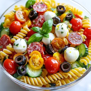 Um einen tollen italienischen Nudelsalat zu machen, brauchen Sie ein paar Hauptzutaten: - 2 Tassen Tri-Color-Rotini-Nudeln - 1 Tasse Kirschtomaten, halbiert - 1 Tasse Gurke, gewürfelt - 1/2 Tasse schwarze Oliven, in Scheiben geschnitten - 1/2 Tasse Peperoni-Scheiben oder gewürfelte Salami - 1/2 Tasse Mozzarella-Kügelchen, halbiert - 1/4 Tasse rote Zwiebel, fein gehackt - 1/4 Tasse frische Basilikumblätter, gehackt Sie können den Salat noch herzhafter machen. Fügen Sie zum Beispiel hinzu: - Gegrilltes Hähnchen - Thunfisch aus der Dose - Gekochte Garnelen Diese Proteine machen den Salat sättigender und nahrhafter. Das Dressing ist der Schlüssel für den Geschmack. Hier sind die Zutaten: - 1/2 Tasse Olivenöl - 3 Esslöffel Rotweinessig oder Balsamico - 1 Teelöffel getrockneter Oregano - Salz und Pfeffer nach Geschmack Diese Gewürze bringen frische Aromen in den Salat. Probieren Sie es aus, um die perfekte Balance zu finden! {{ingredient_image_2}} Kochen Sie zuerst zwei Tassen Tri-Color-Rotini-Nudeln. Fügen Sie diese in einen großen Topf mit gesalzenem Wasser hinzu. Kochen Sie die Nudeln, bis sie al dente sind. Das dauert etwa 8 bis 10 Minuten. Gießen Sie die Nudeln danach ab. Spülen Sie sie unter kaltem Wasser ab, um den Garprozess zu stoppen. Lassen Sie die Nudeln gut abtropfen. Nehmen Sie eine große Rührschüssel. Geben Sie die abgekühlten Nudeln hinein. Fügen Sie eine Tasse halbierte Kirschtomaten, eine Tasse gewürfelte Gurken, eine halbe Tasse geschnittene schwarze Oliven, eine halbe Tasse Peperoni-Scheiben und eine halbe Tasse halbierte Mozzarella-Kügelchen hinzu. Außerdem kommt eine viertel Tasse fein gehackte rote Zwiebel und eine viertel Tasse frische, gehackte Basilikumblätter dazu. Mischen Sie alles vorsichtig, bis die Zutaten gut verteilt sind. Für das Dressing nehmen Sie eine kleine Schüssel. Fügen Sie eine halbe Tasse Olivenöl und drei Esslöffel Rotweinessig hinzu. Wenn Sie möchten, können Sie auch Balsamico verwenden. Geben Sie einen Teelöffel getrockneten Oregano dazu. Abschließend würzen Sie mit einer Prise Salz und Pfeffer. Verquirlen Sie alles gut. Gießen Sie das Dressing gleichmäßig über den Nudelsalat. Mischen Sie vorsichtig, damit alle Zutaten gut bedeckt sind. Probieren Sie den Salat und passen Sie die Würze nach Ihrem Geschmack an. Lassen Sie den Salat mindestens 30 Minuten im Kühlschrank, damit sich die Aromen entfalten können. Um die Nudeln perfekt zu kochen, nutze gesalzenes Wasser. Bring das Wasser zum Kochen, bevor du die Nudeln hinzufügst. Koch die Tri-Color-Rotini-Nudeln bis sie al dente sind. Das bedeutet, sie sind weich, aber haben noch Biss. Nach dem Kochen spüle die Nudeln unter kaltem Wasser ab. Das stoppt den Garprozess und sorgt für die richtige Konsistenz. Der Klassische italienische Nudelsalat ist vielfältig. Du kannst die Zutaten anpassen, um deinen Geschmack zu treffen. Füge mehr frische Kräuter hinzu, um den Salat lebendiger zu machen. Wenn du es würziger magst, probiere rote Pfefferflocken. Für eine cremige Note, füge etwas italienisches Dressing oder Mayo hinzu. Schmecke alles ab und passe Salz und Pfeffer nach deinem Wunsch an. Die Präsentation macht viel aus. Serviere den Nudelsalat in einer großen, klaren Schüssel. So kommen die bunten Zutaten gut zur Geltung. Du kannst den Salat mit frischem Basilikum garnieren. Das gibt einen schönen grünen Akzent und sieht toll aus. Stelle sicher, dass der Salat gut gekühlt ist, bevor du ihn servierst. So schmeckt er frisch und lecker! Profi Tipps Tip Titel: Wählen Sie frische Zutaten: Verwenden Sie möglichst frisches Gemüse und Kräuter, um den Geschmack des Salats zu maximieren. Tip Titel: Variieren Sie die Nudeln: Experimentieren Sie mit verschiedenen Nudelsorten wie Fusilli oder Penne für unterschiedliche Texturen. Tip Titel: Vorkühlen: Lassen Sie den Salat länger im Kühlschrank, um die Aromen noch intensiver zur Geltung zu bringen. Tip Titel: Zusätzliche Toppings: Fügen Sie geröstete Pinienkerne oder Parmesanflocken hinzu, um dem Salat mehr Crunch und Geschmack zu verleihen. {{image_4}} Für eine vegetarische Variante kann man den Mozzarella durch Tofu ersetzen. Tofu gibt einen ähnlichen Biss. Für vegane Optionen verwende einfach pflanzliches Olivenöl und Balsamico. Du kannst auch einen Avocado-Salat hinzufügen, um die Cremigkeit zu erhöhen. So bleibt der Geschmack frisch und lecker. Du kannst viele Gemüsesorten hinzufügen. Zucchini, Paprika oder rote Radieschen bieten knusprige Texturen. Auch Erbsen oder Karotten passen gut in den Salat. Denke an die Farben! Mehr Farben machen den Nudelsalat attraktiver. Frisches Gemüse macht das Gericht noch gesünder. Wenn du das Dressing variieren möchtest, probiere italienisches Kräuterdressing oder Pesto. Diese geben dem Salat einen neuen Geschmack. Du kannst auch Joghurtdressing verwenden, um eine cremige Note zu erreichen. Experimentiere mit verschiedenen Essigsorten wie Apfelessig oder Limettensaft. Das verändert den Geschmack und macht ihn spannend. Um den Nudelsalat frisch zu halten, ist die Aufbewahrung im Kühlschrank wichtig. Legen Sie den Salat in eine luftdichte Schüssel. So vermeiden Sie, dass er Gerüche von anderen Lebensmitteln aufnimmt. Decken Sie die Schüssel mit Frischhaltefolie oder einem Deckel ab. Der Nudelsalat bleibt im Kühlschrank für etwa 3 bis 5 Tage frisch. Achten Sie darauf, dass Sie ihn gut abdecken. Wenn der Salat einen schlechten Geruch oder eine komische Farbe hat, werfen Sie ihn weg. Ich empfehle, den Salat mindestens 30 Minuten im Kühlschrank ruhen zu lassen, bevor Sie ihn servieren. So vermischen sich die Aromen gut. Wenn Sie mehr Zeit haben, lassen Sie ihn bis zu 2 Stunden im Kühlschrank. Das macht den Geschmack noch besser. Du kannst den Nudelsalat bis zu zwei Tage im Voraus zubereiten. Das macht es einfach, ihn für Partys oder Picknicks bereit zu haben. Lagere ihn in einem luftdichten Behälter im Kühlschrank. Die Aromen werden sogar besser, wenn der Salat ein bisschen zieht. Ja, du kannst andere Nudelsorten verwenden. Spiralen, Farfalle oder Penne sind gute Alternativen. Achte darauf, dass die Nudeln die Sauce gut aufnehmen können. Das macht jeden Biss lecker und saftig. Zu italienischem Nudelsalat passen viele Dinge. Gegrilltes Hähnchen oder Garnelen machen das Gericht reichhaltiger. Auch frisches Brot oder Bruschetta sind tolle Beilagen. Du kannst auch einen leichten Wein dazu servieren, um das Essen zu genießen. Zusammenfassend haben wir die wichtigen Zutaten für einen klassischen italienischen Nudelsalat behandelt. Wir haben Schritt für Schritt gelernt, wie man Nudeln kocht und die Zutaten richtig vermengt. Tipps zur perfekten Konsistenz und Geschmacksanpassungen helfen Ihnen dabei, Ihr Gericht zu verbessern. Denken Sie auch an die verschiedenen Varianten und Lagerungsoptionen. Der Nudelsalat ist vielseitig und einfach vorzubereiten. Genießen Sie ihn frisch oder als Mahlzeit im Voraus. Ihr nächster Nudelsalat wird sicher ein Hit!
