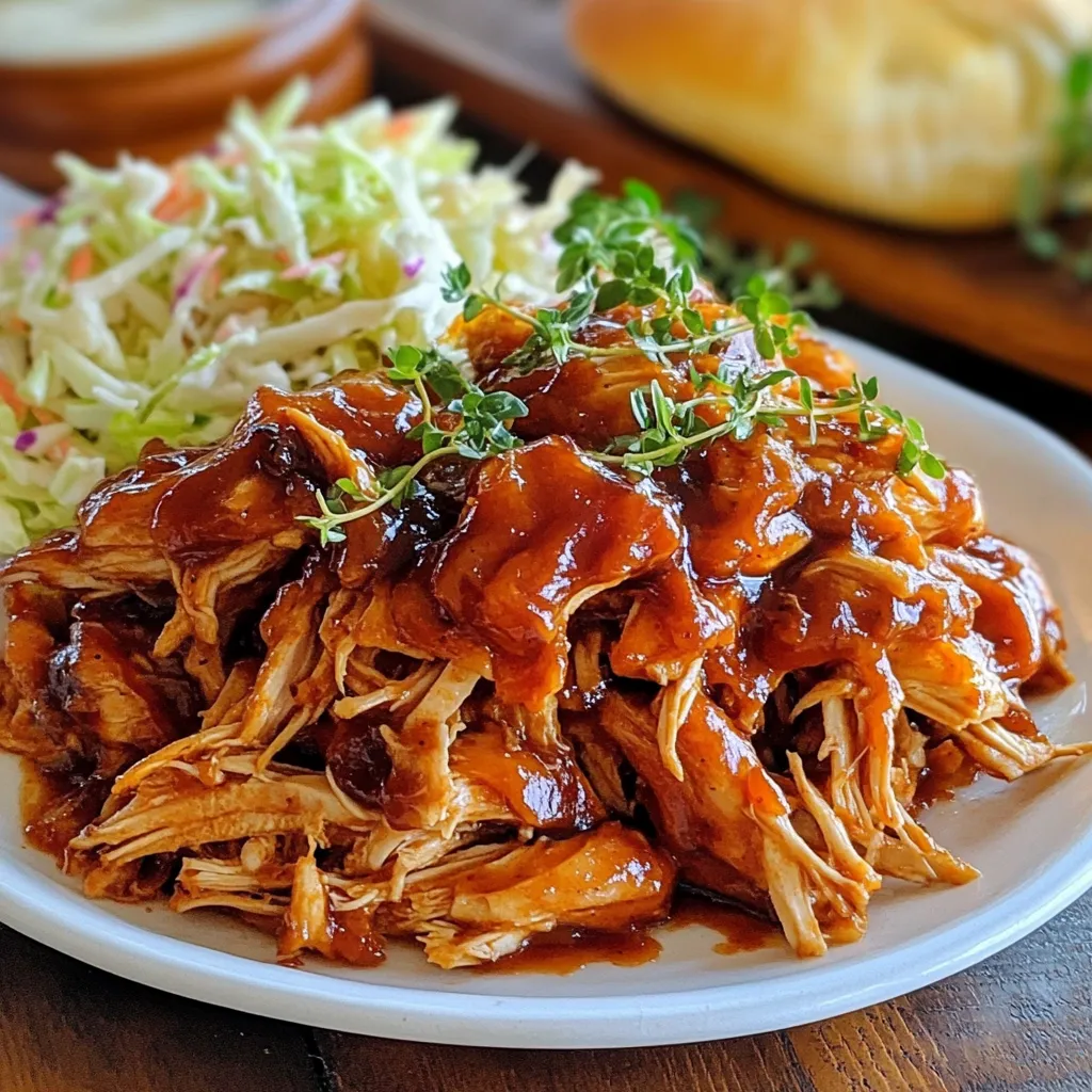 Für dein einfaches Pulled Chicken benötigst du diese Hauptzutaten: - 900 g Hähnchenbrustfilets, ohne Haut und Knochen - 240 ml Hühnerbrühe - 120 ml Barbecue-Sauce (nach Wahl) Diese Zutaten bilden die Basis für den herzhaften Geschmack. Die Hähnchenbrust wird zart und saftig. Die Brühe gibt dem Gericht die nötige Feuchtigkeit. Die Barbecue-Sauce sorgt für eine köstliche, rauchige Note. Die Würzmittel sind wichtig, um das Hähnchen zu verfeinern. Hier sind die benötigten Gewürze: - 1 Esslöffel Olivenöl - 1 Teelöffel Knoblauchpulver - 1 Teelöffel Zwiebelpulver - 1 Teelöffel geräuchertes Paprikapulver - 1/2 Teelöffel Salz - 1/2 Teelöffel schwarzer Pfeffer - Optional: 1 Esslöffel Honig für eine süße Note Diese Gewürze geben dem Hähnchen ein tolles Aroma. Das Olivenöl hilft, das Fleisch zart zu halten. Wenn du es süßer magst, füge Honig hinzu. Um dein Pulled Chicken noch besser zu machen, kannst du diese Beilagen und Toppings verwenden: - Hamburger-Brötchen zum Servieren - Coleslaw als Topping Die Brötchen bieten eine perfekte Grundlage. Coleslaw bringt einen frischen, knusprigen Kontrast. Du kannst auch andere Gemüse oder Salsas probieren, um dein Gericht zu variieren. {{ingredient_image_2}} Um das beste Pulled Chicken zu machen, brauchst du frische Zutaten. Beginne mit 900 g Hähnchenbrustfilet. Achte darauf, dass es ohne Haut und Knochen ist. Dann ist es wichtig, die Hühnerbrühe und das Olivenöl bereit zu haben. Du benötigst auch Gewürze wie Knoblauchpulver, Zwiebelpulver, geräuchertes Paprikapulver, Salz und schwarzen Pfeffer. Wenn du es süßer magst, kannst du auch Honig hinzufügen. Dieser wird später für einen besonderen Geschmack sorgen. Gieße die Hühnerbrühe in deinen Slow Cooker. Füge das Olivenöl hinzu. Dann würze die Hähnchenbrustfilets gleichmäßig mit den Gewürzen. Lege die Filets in die Brühe. Achte darauf, dass sie vollständig eingetaucht sind. Jetzt kommt die Barbecue-Sauce ins Spiel. Beträufle die Hähnchenbrust damit. Wenn du Honig verwenden möchtest, füge ihn jetzt hinzu. Decke den Slow Cooker ab. Lasse das Hähnchen 6-7 Stunden auf niedriger Stufe oder 4-5 Stunden auf hoher Stufe garen. Das Fleisch wird zart und lässt sich leicht mit einer Gabel zerteilen. Nimm das Hähnchen vorsichtig aus dem Slow Cooker. Verwende zwei Gabeln, um das Hähnchen in feine Stücke zu zerzupfen. Gib das geschredderte Hähnchen wieder in den Slow Cooker und mische es gut mit der Sauce. Lasse alles für 10-15 Minuten durchwärmen. Jetzt kannst du das gezupfte Hähnchen auf Hamburger-Brötchen servieren. Toppe es nach Belieben mit Coleslaw. Eine schöne Präsentation macht das Gericht noch besser. Zeige es auf einem rustikalen Holzbrett, mit extra Barbecue-Sauce und frischen Kräutern. So wird dein Pulled Chicken zum echten Genuss! Um dein Pulled Chicken perfekt zu würzen, benutze frische Zutaten. Wähle die Gewürze nach deinem Geschmack. Ich empfehle, die Mischung aus Knoblauchpulver, Zwiebelpulver und geräuchertem Paprikapulver zu verwenden. Diese geben deinem Hähnchen einen tollen Geschmack. Du kannst auch etwas Honig hinzufügen. Der Honig sorgt für eine süße Note und passt gut zur Barbecue-Sauce. Ein häufiger Fehler ist, das Hähnchen nicht genug zu würzen. Achte darauf, die Gewürze gleichmäßig zu verteilen. Wenn das Hähnchen nicht in der Brühe schwimmt, wird es nicht zart. Stelle sicher, dass es vollständig eingetaucht ist. Lass es genug Zeit im Slow Cooker. Wenn du es zu früh herausnimmst, bleibt das Fleisch fest. Das Kochen im Instant Pot ist schnell und einfach. Du kannst die gleiche Menge Hähnchen verwenden. Brate zuerst das Hähnchen in etwas Olivenöl an. Füge dann die Brühe und die Gewürze hinzu. Schließe den Deckel und stelle den Druck auf hoch. Gekochtes Hähnchen braucht etwa 15 Minuten. Lass den Druck danach natürlich ab. Zerzupfe das Hähnchen wie gewohnt und mische es mit der Sauce. Pro Tips Hähnchenbrust marinieren: Lassen Sie die Hähnchenbrustfilets vor dem Garen mindestens eine Stunde in der Barbecue-Sauce marinieren, um den Geschmack zu intensivieren. Verwendung von restlicher Sauce: Bewahren Sie überschüssige Sauce im Slow Cooker auf und verwenden Sie sie als Dip für die Hamburger-Brötchen oder zum Bepinseln des Hähnchens beim Servieren. Variationen bei den Gewürzen: Experimentieren Sie mit verschiedenen Gewürzen wie Chipotle-Pulver oder italienischen Kräutern, um dem Gericht eine persönliche Note zu verleihen. Hähnchen richtig zerkleinern: Ziehen Sie das Hähnchen mit zwei Gabeln auseinander, während es noch warm ist, um eine zarte und saftige Textur zu erhalten. {{image_4}} Um deinem Pulled Chicken einen asiatischen Touch zu geben, kannst du einige Änderungen vornehmen. Verwende Sojasauce anstelle von Barbecue-Sauce. Füge einen Esslöffel Honig hinzu, um die Süße zu steigern. Du kannst auch Ingwer und Sesamöl für mehr Geschmack verwenden. Serviere das Hähnchen mit Reis oder in einem Wrap mit frischem Gemüse. Für einen Tex-Mex-Stil, wechsle die Barbecue-Sauce gegen Salsa aus. Füge frische Avocado und etwas Limettensaft hinzu. Diese Kombination bringt Frische und Würze. Serviere das Hähnchen in Tortillas oder auf Nachos. Ein paar Jalapeños geben extra Schärfe und machen das Gericht noch besser. Wenn du eine vegetarische Option suchst, kannst du Jackfruit verwenden. Sie hat eine ähnliche Textur wie Hähnchen. Koche die Jackfruit mit der gleichen Brühe und Gewürzen. Du kannst auch geräucherten Tofu verwenden. Zerreibe ihn nach dem Garen und mische ihn mit einer BBQ-Sauce. So hast du eine leckere, fleischfreie Variante. Lagern Sie das übrig gebliebene Pulled Chicken in einem luftdichten Behälter. So bleibt es frisch. Es hält sich im Kühlschrank bis zu 4 Tage. Achten Sie darauf, die Temperatur unter 4 Grad Celsius zu halten. So vermeiden Sie Bakterienwachstum. Falls Sie mehr Pulled Chicken gemacht haben, können Sie es einfrieren. Teilen Sie das Hähnchen in Portionen auf. Verwenden Sie Gefrierbeutel oder -behälter. Das gefrorene Hähnchen bleibt bis zu 3 Monate gut. Beschriften Sie die Behälter mit Datum und Inhalt. Um das Hähnchen wieder zu erwärmen, können Sie die Mikrowelle oder den Herd nutzen. Auf dem Herd bringen Sie es in einer Pfanne langsam zum Köcheln. Fügen Sie etwas Hühnerbrühe hinzu, um es saftig zu halten. In der Mikrowelle erhitzen Sie es in kurzen Intervallen. So wird es nicht trocken. Achten Sie darauf, dass es gleichmäßig warm ist. Das Garen von Hähnchen im Slow Cooker dauert zwischen 4 und 7 Stunden. Wenn Sie die hohe Stufe wählen, sind es 4 bis 5 Stunden. Bei der niedrigen Stufe nehmen Sie sich 6 bis 7 Stunden Zeit. Das Hähnchen ist fertig, wenn es zart ist und leicht mit einer Gabel zerfällt. Nutzen Sie diese Zeit, um die Beilagen vorzubereiten oder einfach zu entspannen. Ja, gefrorenes Hähnchen ist möglich. Achten Sie darauf, die Garzeit zu verlängern. Wenn Sie gefrorenes Hähnchen verwenden, garen Sie es auf hoher Stufe für etwa 6 bis 8 Stunden. Dies gibt dem Fleisch genug Zeit, um sicher durchzugaren. Stellen Sie sicher, dass das Hähnchen vollständig in der Brühe ist, um ein gleichmäßiges Garen zu gewährleisten. Pulled Chicken passt gut zu vielen Beilagen. Hier sind einige meiner Favoriten: - Hamburger-Brötchen: perfekt für Sandwiches. - Coleslaw: bringt eine knusprige und frische Note. - Pommes Frites: ein klassischer Begleiter. - Reis: eine einfache und sättigende Option. - Gegrilltes Gemüse: für eine gesunde Beilage. Experimentieren Sie mit diesen Beilagen, um Ihre Mahlzeit zu bereichern! Dieses Blogbeitrag hat gezeigt, wie man geschreddertes Hähnchen zubereitet. Wir haben die Hauptzutaten, die Zubereitung im Slow Cooker und nützliche Tipps behandelt. Variationen reichen von asiatischen Aromen bis zu Tex-Mex-Gerichten. Das richtige Lagern und Aufwärmen des Hähnchens ist ebenfalls wichtig. Denke daran, dass du mit den richtigen Techniken und Zutaten leckere Gerichte schaffen kannst. Probiere verschiedene Rezepte, um dein geschreddertes Hähnchen neu zu entdecken.