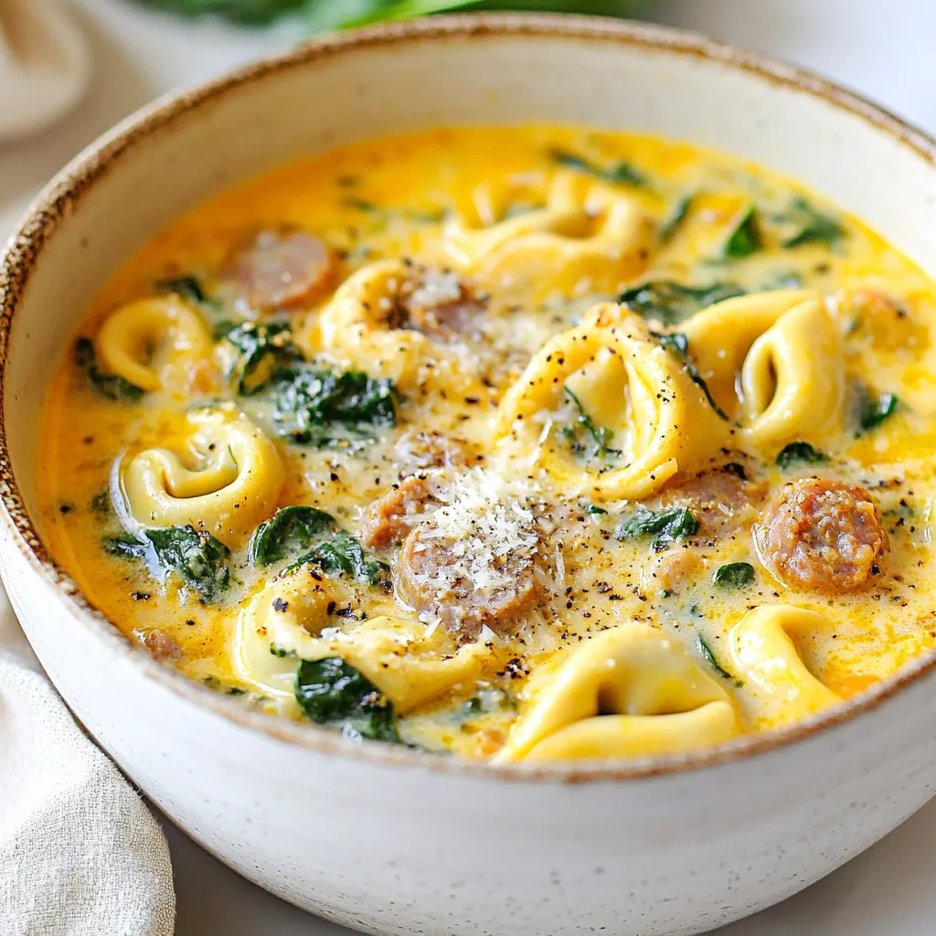 - 1 Esslöffel Olivenöl - 450 g italienische Wurst, ohne Haut - 1 mittelgroße Zwiebel, gewürfelt - 3 Knoblauchzehen, fein gehackt Die Hauptzutaten sind einfach zu finden. Olivenöl gibt der Suppe einen tollen Geschmack. Die italienische Wurst bringt Würze und Tiefe. Zwiebel und Knoblauch sind die Basis für ein gutes Aroma. Ich liebe, wie diese Zutaten zusammenarbeiten, um einen kräftigen Geschmack zu erzeugen. - 1 Liter Hühnerbrühe - 240 ml Schlagsahne - 1 Packung (255 g) Käse-Tortellini - 4 Tassen frischer Spinat, grob gehackt - 1 Teelöffel italienische Gewürzmischung - Salz und Pfeffer nach Geschmack Hühnerbrühe macht die Suppe reichhaltig. Schlagsahne fügt eine cremige Konsistenz hinzu. Käse-Tortellini sind der Star der Suppe. Frischer Spinat bringt Farbe und Nährstoffe. Die italienische Gewürzmischung rundet das Gericht ab. Vergiss nicht, mit Salz und Pfeffer abzuschmecken. - Geriebener Parmesan Geriebener Parmesan ist ein Muss. Er sorgt für zusätzlichen Geschmack und eine schöne Garnitur. Ich empfehle, die Suppe in rustikalen Schalen zu servieren. Das sieht nicht nur gut aus, sondern macht das Essen auch besonders. {{ingredient_image_2}} Beginne mit der Wurst. Nimm die italienische Wurst und zerkleinere sie mit einem Holzlöffel. Die Stücke sollten klein, aber nicht zu fein sein. Das hilft der Wurst, gleichmäßig zu garen. Schneide dann eine Zwiebel in kleine Würfel. Hacke auch die Knoblauchzehen fein. Diese Zutaten bringen viel Geschmack in die Suppe. Erhitze einen großen Topf bei mittlerer Hitze. Gib einen Esslöffel Olivenöl hinein und lass es warm werden. Füge die zerkleinerte Wurst hinzu und brate sie für 5 bis 7 Minuten. Rühre die Wurst gut um, bis sie braun und durchgegart ist. Jetzt kommen die Aromaten! Gib die gewürfelte Zwiebel und den gehackten Knoblauch in den Topf. Sautiere sie für 3 bis 4 Minuten. Die Zwiebel soll glasig werden und die Küche duftet schon himmlisch. Nun ist es Zeit für die Brühe. Gieße 1 Liter Hühnerbrühe in den Topf und bringe alles zum sanften Kochen. Reduziere die Hitze und rühre 240 ml Schlagsahne ein. Die Suppe wird jetzt schön cremig! Gib die Käse-Tortellini in den Topf. Koche sie gemäß der Packungsanweisung, etwa 3 bis 5 Minuten. Wenn die Tortellini an die Oberfläche steigen, ist das ein gutes Zeichen. Jetzt kommt der frische Spinat ins Spiel! Rühre 4 Tassen grob gehackten Spinat und 1 Teelöffel italienische Gewürzmischung ein. Lasse alles für 2 Minuten weiterkochen, bis der Spinat zusammengefallen ist. Probiere die Suppe und würze sie mit Salz und Pfeffer nach deinem Geschmack. Serviere die Suppe in schönen Schalen. Streue vor dem Genuss etwas geriebenen Parmesan darüber. Das macht die Suppe noch besser! Um die perfekte Konsistenz der cremigen Wurst-Spinat-Tortellini-Suppe zu erreichen, ist das richtige Verhältnis von Brühe und Sahne entscheidend. Ich empfehle, 1 Liter Hühnerbrühe mit 240 ml Schlagsahne zu mischen. Diese Kombination sorgt für eine reichhaltige und cremige Basis. Die Brühe bringt Geschmack, während die Sahne die Suppe samtig macht. Wenn du die Suppe dicker magst, kannst du die Sahne erhöhen oder etwas weniger Brühe verwenden. Ein häufiger Fehler ist, die Wurst zu lange zu kochen. Übergekochte Wurst wird hart und verliert ihren Geschmack. Koche sie nur, bis sie schön braun ist. Auch beim Spinat musst du vorsichtig sein. Übergare ihn nicht! Einfach 2 Minuten in die Suppe geben, bis er zusammenfällt. So bleibt er frisch und grün, was die Suppe lebendig macht. Die Präsentation ist wichtig! Serviere die Suppe in rustikalen Schalen, um einen gemütlichen Look zu erzeugen. Garniere sie mit geriebenem Parmesan und frischem Spinat. Das gibt einen schönen Farbtupfer. Für eine komplette Mahlzeit passt knuspriges Brot perfekt dazu. Es bietet einen tollen Kontrast zur cremigen Suppe und macht das Essen besonders. Pro Tipps Frische Zutaten verwenden: Verwende frischen Spinat und hochwertige italienische Wurst für den besten Geschmack und eine schöne Textur in der Suppe. Variiere die Gewürze: Experimentiere mit verschiedenen Kräutern wie Thymian oder Basilikum, um der Suppe eine persönliche Note zu verleihen. Die Konsistenz anpassen: Wenn du eine dickere Suppe bevorzugst, füge weniger Brühe hinzu oder verwende zusätzliches Gemüse, das du pürieren kannst. Perfekte Serviertemperatur: Lass die Suppe nach dem Kochen einige Minuten ruhen, damit sich die Aromen setzen und die Temperatur ideal zum Servieren ist. {{image_4}} Wenn Sie eine vegetarische Variante der cremigen Wurst-Spinat-Tortellini-Suppe zubereiten möchten, verwenden Sie Gemüse-Tortellini. Diese sind oft gefüllt mit Ricotta oder Spinat. Statt Hühnerbrühe nutzen Sie pflanzliche Brühe. Das gibt der Suppe einen tollen Geschmack und bleibt ganz fleischfrei. Sie sparen auch Kalorien. Die Gewürze machen viel aus. Statt der italienischen Gewürzmischung können Sie frische Kräuter wie Basilikum, Oregano oder Thymian verwenden. Diese verleihen der Suppe eine frische Note. Sie können auch einen Hauch von Chili für etwas Schärfe hinzufügen. Experimentieren Sie mit verschiedenen Kräutern, um Ihren eigenen Geschmack zu finden. Um die Suppe noch nahrhafter zu machen, fügen Sie zusätzliches Gemüse hinzu. Karotten und Sellerie passen gut in die Mischung. Sie geben der Suppe Struktur und mehr Geschmack. Schneiden Sie das Gemüse klein und sautieren Sie es zusammen mit der Zwiebel. So wird alles gleichmäßig gar und schmeckt köstlich. Um die Suppe frisch zu halten, lagere sie in einem luftdichten Behälter. Lass die Suppe zuerst abkühlen. Dann füllst du sie in den Behälter. Stelle sicher, dass der Behälter nicht zu voll ist, damit die Suppe Platz zum Ausdehnen hat. Die Suppe bleibt 3 bis 4 Tage im Kühlschrank gut. Wenn du die Suppe länger aufbewahren möchtest, kannst du sie einfrieren. Teile die Suppe in Portionen auf und fülle sie in gefriergeeignete Behälter oder Beutel. Achte darauf, etwas Platz für die Ausdehnung zu lassen. Zum Auftauen lege die gefrorene Suppe über Nacht in den Kühlschrank. Du kannst sie auch in der Mikrowelle aufwärmen. Die Suppe bleibt im Gefrierfach bis zu 3 Monate haltbar. Achte darauf, das Datum auf dem Behälter zu notieren. Wenn du sie aufwärmst, stelle sicher, dass die Suppe gleichmäßig heiß ist. Du kannst die Suppe mit frischem Parmesan und etwas Spinat garnieren, um den Geschmack zu verbessern. Die Zubereitungszeit beträgt 10 Minuten. Die gesamte Zeit für das Kochen ist 30 Minuten. Diese Suppe ist schnell fertig. Du kannst sie an einem stressigen Tag leicht machen. Ja, du kannst die Suppe im Voraus zubereiten. Koche sie einfach und lasse sie abkühlen. Dann fülle sie in einen Behälter. Bewahre sie im Kühlschrank bis zu drei Tage auf. Erhitze sie vor dem Servieren gut. Du kannst verschiedene Wurstsorten nutzen. Probiere Hühnerwurst für eine leichtere Option. Vegane oder vegetarische Würste sind auch eine gute Wahl. Für mehr Geschmack nutze Chorizo oder Bratwurst. Diese Optionen passen gut in die Suppe. Die cremige Wurst-Spinat-Tortellini-Suppe vereint einfache, leckere Zutaten. Du brauchst Olivenöl, italienische Wurst, Zwiebeln und Knoblauch. Ergänze sie mit Hühnerbrühe, Sahne, Tortellini und frischem Spinat. Die Zubereitung ist leicht, mit Schritt-für-Schritt-Anleitungen. Denke an unsere Tipps, um die perfekte Konsistenz zu erreichen. Variiere die Suppe nach deinem Geschmack. Lager sie richtig für länger Freude. Mit all diesen Ideen wird dein nächstes Essen einfach unvergesslich. Trau dich, diese neue Suppe auszuprobieren. Du wirst es nicht bereuen!