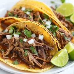 Die Hauptzutaten für Birria Tacos sind einfach und lecker. Du brauchst: - 1 kg Rinder-Chuck-Roast, in Stücke geschnitten - 2 getrocknete Guajillo-Chilis, entkernt - 2 getrocknete Ancho-Chilis, entkernt - 1 mittelgroße Zwiebel, geviertelt - 5 Knoblauchzehen, fein gehackt - 1 Liter Rinderbrühe - Maistortillas Diese Zutaten ergeben eine saftige und würzige Füllung. Das Rindfleisch macht die Tacos herzhaft. Die Chilis bringen eine angenehme Schärfe. Für den perfekten Geschmack benötigst du: - 2 Teelöffel Kreuzkümmel, gemahlen - 2 Teelöffel Oregano - 1 Teelöffel geräuchertes Paprikapulver - Salz und Pfeffer nach Geschmack Diese Gewürze sind entscheidend für die Aromen. Der Kreuzkümmel gibt Tiefe. Oregano und geräuchertes Paprikapulver verleihen eine besondere Note. Um die Birria Tacos optimal zu genießen, empfehle ich folgende Beilagen: - Frischer Koriander, zum Garnieren, gehackt - Gewürfelte Zwiebeln - Limettenviertel Diese frischen Zutaten bringen Farbe und Frische. Limettensaft über die Tacos macht sie lebendig! {{ingredient_image_2}} Zuerst röstet ihr die getrockneten Guajillo- und Ancho-Chilis. Nehmt eine kleine Pfanne und stellt sie bei mittlerer Hitze auf. Rösten die Chilis etwa 2-3 Minuten. Sie sollten duften, aber nicht verbrennen. Danach legt ihr sie in heißes Wasser und lasst sie 15 Minuten einweichen. So werden sie weich. Nach dem Einweichen gut abtropfen lassen. Jetzt kommt der spannende Teil: die Sauce. Gebt die eingeweichten Chilis in einen Mixer. Dazu kommen die geviertelte Zwiebel, der gehackte Knoblauch, Kreuzkümmel, Oregano und geräuchertes Paprikapulver. Fügt 250 ml Rinderbrühe hinzu. Mixen, bis die Sauce glatt ist. Schmeckt mit Salz und Pfeffer ab. Diese Sauce bringt viel Geschmack in die Tacos. In einem großen Topf oder Dutch Oven gebt ihr die Rinderstücke und die gemixte Chili-Sauce hinein. Fügt die restliche Rinderbrühe und den Apfelessig hinzu. Bringt alles bei mittlerer bis hoher Hitze zum Köcheln. Reduziert dann die Hitze und deckt den Topf ab. Lasst das Fleisch 2,5 bis 3 Stunden köcheln. Es sollte zart und leicht auseinanderfallend sein. Wenn das Rindfleisch gar ist, nehmt ihr es aus dem Topf. Zerteilt das Fleisch mit zwei Gabeln. Seid vorsichtig und entfernt feste Teile aus der Brühe. Gebt das zerrissene Fleisch zurück in den Topf. Mischt es mit etwas von der Brühe für mehr Geschmack. Röstet die Maistortillas in einer Pfanne bei mittlerer Hitze. Macht dies auf beiden Seiten. Füllt jede Tortilla mit der zerrissenen Fleischmischung. Garnieren könnt ihr die Tacos mit frisch gehacktem Koriander und gewürfelten Zwiebeln. Limettenviertel dazugeben, um frisch gepressten Saft darüber zu träufeln. So schmecken die Tacos einfach großartig! Die Wahl der Chilis ist entscheidend. Guajillo- und Ancho-Chilis geben den Birria Tacos viel Geschmack. Diese Chilis sind nicht zu scharf, aber sehr aromatisch. Achte darauf, dass die Chilis frisch und nicht brüchig sind. So hast du die beste Qualität. Röste die Chilis kurz in einer Pfanne, um die Aromen zu verstärken. Dies hilft, die natürlichen Öle freizusetzen. Für zarte Tacos ist das richtige Fleisch wichtig. Rinder-Chuck-Roast eignet sich hervorragend. Dieses Fleisch hat genug Fett, um beim Kochen zart zu werden. Koche das Fleisch langsam und bei niedriger Hitze. So wird es weich und saftig. Der Schlüssel ist, das Fleisch mindestens zwei Stunden lang zu köcheln. Dadurch fällt es beim Zerreißen leicht auseinander. Das Rösten der Tortillas ist ein einfacher Schritt, der viel ausmacht. Nutze eine heiße Pfanne und röste die Tortillas leicht auf beiden Seiten. Das gibt ihnen eine knusprige Textur und verhindert, dass sie durchweichen. Du kannst auch etwas Öl verwenden, wenn du magst. Aber oft reicht es, sie einfach trocken zu rösten. So bleibt der Fokus auf der würzigen Füllung. Pro Tipps Chilis richtig rösten: Rösten Sie die Chilis nur kurz, bis sie aromatisch sind. Übermäßiges Rösten kann zu bitterem Geschmack führen. Fleisch zart machen: Lassen Sie das Rindfleisch lange genug köcheln, damit es zart wird und leicht auseinanderfällt. Geduld ist der Schlüssel! Brühe abseihen: Seihen Sie die Brühe nach dem Kochen ab, um eine klare und geschmackvolle Sauce für die Tacos zu erhalten. Aromatisieren Sie die Tortillas: Rösten Sie die Maistortillas leicht, um zusätzlichen Geschmack und eine bessere Textur zu erzielen, bevor Sie sie füllen. {{image_4}} Vegetarische Birria Tacos sind eine tolle Option. Statt Rindfleisch nutzen wir Jackfruit oder Pilze. Diese Zutaten nehmen die Gewürze gut auf. Für den Geschmack röste die Chilis wie im Original. Kombiniere sie mit Gemüsebrühe und frischen Kräutern. So bekommst du eine würzige, fleischlose Füllung. Birria Tacos können auch mit anderen Fleischsorten gemacht werden. Du kannst Hähnchen, Lamm oder Schweinefleisch verwenden. Achte darauf, das Fleisch gut zu würzen. Jedes Fleisch hat seinen eigenen Geschmack. Du kannst die Kochzeit anpassen, um das Fleisch zart zu machen. Probiere es aus und finde deine Lieblingsvariante! Die Birria hat viele regionale Varianten. In Jalisco ist sie sehr bekannt. Dort wird sie oft mit Ziegenfleisch zubereitet. In anderen Regionen nutzen die Köche Rind oder Schwein. Jede Region hat ihre eigenen Geheimnisse und Gewürze. Diese Variationen machen die Birria einzigartig und spannend. Du kannst neue Geschmäcker entdecken! Um die Reste deiner Birria Tacos frisch zu halten, lege sie in einen luftdichten Behälter. Stelle sicher, dass die Tacos gut abgedeckt sind. So bleibt das Fleisch saftig. Ich empfehle, die Füllung und die Tortillas separat zu lagern. So bleibt die Textur der Tortillas besser. Um die Tacos aufzuwärmen, benutze eine Pfanne. Erhitze die Pfanne auf mittlerer Hitze. Lege die Tacos hinein und röste sie leicht an. Dies macht die Tortillas knusprig und das Fleisch warm. Du kannst auch etwas Brühe hinzufügen, um das Fleisch saftig zu halten. Im Kühlschrank bleiben die Reste bis zu drei Tage frisch. Achte darauf, sie schnell zu essen, um den besten Geschmack zu genießen. Wenn du die Reste länger aufbewahren möchtest, friere das Fleisch in einem geeigneten Behälter ein. So bleibt es bis zu drei Monate haltbar. Die besten Beilagen ergänzen den Geschmack der Tacos. Ich empfehle: - Frische Guacamole - Salsa Verde - Gehackte Zwiebeln - Limettenviertel - Mexikanischer Reis Diese Beilagen bringen mehr Geschmack und Textur. Sie machen die Mahlzeit noch köstlicher. Ja, du kannst Birria Tacos im Voraus zubereiten. Das Fleisch bleibt zart und lecker, wenn du es kühl lagerst. - Koche das Fleisch wie im Rezept beschrieben. - Lass das Fleisch abkühlen. - Bewahre es in einem luftdichten Behälter im Kühlschrank auf. Du kannst die Tacos bis zu drei Tage im Voraus zubereiten. Erwärme sie einfach vor dem Servieren. Die richtigen Getränke machen das Essen besser. Hier sind meine Empfehlungen: - Mexikanisches Bier - Agua Fresca - Margarita Diese Getränke ergänzen die Aromen der Tacos. Sie sorgen für ein tolles Geschmackserlebnis. Birria Tacos sind vielseitig und lecker. Wir haben die Hauptzutaten, Gewürze und die Zubereitung behandelt. Du weißt jetzt, welche Chilis und Fleischsorten du wählen solltest, um den besten Geschmack zu erzielen. Ich habe dir auch Tricks für das Rösten von Tortillas gegeben. Außerdem kannst du alternative Rezepte ausprobieren, auch vegetarische Varianten. Vergiss nicht, die Reste richtig zu lagern und aufzuwärmen. Jetzt bist du bereit, deine eigenen Birria Tacos zu kreieren und stolz zu genießen. Viel Spaß beim Kochen!