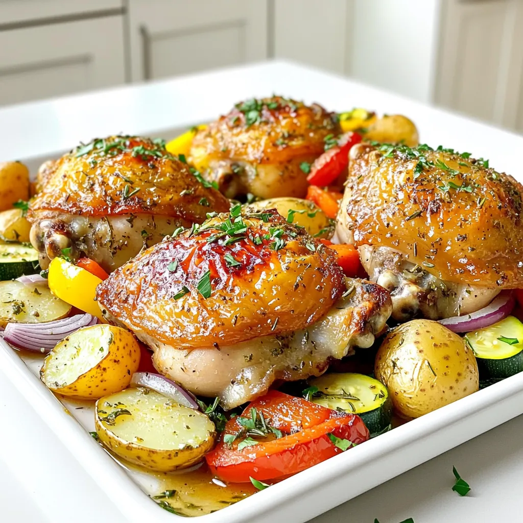 Um das perfekte Kräuter-Rösthähnchen mit Gemüse zu machen, brauchst du: - 4 Hähnchenschenkel mit Knochen und Haut - 2 Tassen Baby-Kartoffeln, halbiert - 1 rote Paprika, gewürfelt - 1 gelbe Paprika, gewürfelt - 1 Zucchini, in Scheiben geschnitten - 1 rote Zwiebel, geviertelt - 4 Knoblauchzehen, fein gehackt - 3 Esslöffel Olivenöl - 1 Esslöffel frischer Rosmarin, gehackt - 1 Esslöffel frischer Thymian, gehackt - 1 Teelöffel Paprika - Salz und Pfeffer nach Geschmack - Frische Petersilie zum Garnieren Wähle frische Zutaten für den besten Geschmack. Achte darauf, dass das Hähnchen eine schöne Farbe hat. Die Haut sollte fest sein, nicht schlaff. Bei Gemüse schau nach leuchtenden Farben und festem Biss. Bio-Gemüse ist oft geschmackvoller und gesünder. Frische Kräuter bringen mehr Aroma. Wenn möglich, kaufe sie im lokalen Markt. Wenn du eine andere Diät hast, kannst du einige Zutaten anpassen. Für eine glutenfreie Option, bleib bei den genannten Zutaten. Du kannst das Hähnchen durch Tofu oder Tempeh ersetzen, um es vegetarisch zu machen. Für die Low-Carb-Diät, lasse die Kartoffeln weg und nutze mehr Zucchini oder Brokkoli. Achte darauf, die Gewürze anzupassen, um den Geschmack zu erhalten. Heize deinen Ofen auf 220°C (425°F) vor. Das sorgt für ein perfektes Röstergebnis. Lege ein großes Backblech mit Backpapier aus. So bleibt alles schön sauber und das Gemüse klebt nicht fest. Nimm eine große Schüssel. Gib die Hähnchenschenkel, Baby-Kartoffeln, rote und gelbe Paprika, Zucchini und rote Zwiebel hinein. In einer kleinen Schüssel vermische das Olivenöl, Knoblauch, Rosmarin, Thymian, Paprika, Salz und Pfeffer. Gieße diese Mischung über das Hähnchen und das Gemüse. Mische alles gut, sodass jede Zutat die Marinade umhüllt. Lege die Hähnchenschenkel mit der Hautseite nach oben auf das Backblech. Verteile das Gemüse gleichmäßig um das Hähnchen. Röste das Ganze für 35-40 Minuten im Ofen. Überprüfe die Innentemperatur des Hähnchens. Sie sollte 75°C (165°F) erreichen. Rühre das Gemüse einmal um, damit es gleichmäßig gart. Nach dem Garen lasse das Blech einige Minuten ruhen, bevor du es servierst. Garniere das Gericht mit frischer Petersilie für einen tollen Look. Um zartes Hähnchen zu bekommen, ist die Garzeit wichtig. Rösten Sie das Hähnchen bei 220°C für 35-40 Minuten. Stellen Sie sicher, dass die Innentemperatur 75°C erreicht. Verwenden Sie ein Thermometer, um sicherzugehen. Lassen Sie das Hähnchen nach dem Garen ruhen. So bleibt der Saft im Fleisch. Für mehr Geschmack nutzen Sie frische Kräuter. Rosmarin und Thymian bringen Aroma in das Gericht. Der Knoblauch verstärkt den Geschmack. Marinieren Sie das Hähnchen und das Gemüse gut. Lassen Sie die Mischung ein paar Minuten ziehen, bevor Sie alles in den Ofen geben. Fügen Sie auch Zitrone hinzu. Ein Spritzer Zitrone kann den Geschmack aufhellen. Das Anrichten macht viel aus. Verwenden Sie eine große Platte, um das Hähnchen und das Gemüse zu servieren. Garnieren Sie mit frischer Petersilie für Farbe. Sie können auch Zitrone in Scheiben schneiden und dazulegen. Das gibt einen frischen Look. Stellen Sie das Gericht in die Mitte des Tisches. So können alle zugreifen und genießen. {{image_4}} Wenn Sie eine vegetarische Option möchten, können Sie das Hähnchen einfach weglassen. Stattdessen nehmen Sie mehr Gemüse. Brokkoli, Karotten und Pilze passen gut. Diese Gemüse geben dem Gericht viel Geschmack. Achten Sie darauf, die Backzeit anzupassen. Das Gemüse sollte zart sein, aber nicht matschig. Möchten Sie andere Gemüsesorten verwenden? Das ist kein Problem! Blumenkohl, grüne Bohnen oder Kürbis sind ebenfalls lecker. Halten Sie die Menge ähnlich wie im Rezept. Schneiden Sie das Gemüse in gleich große Stücke. So garen sie gleichmäßig. Experimentieren Sie mit saisonalem Gemüse für neue Geschmäcker! Die Gewürze machen einen großen Unterschied. Probieren Sie italienische Kräuter wie Oregano oder Basilikum. Für einen scharfen Kick können Sie Chili verwenden. Diese Gewürze verleihen dem Gericht einen anderen Charakter. Seien Sie kreativ und finden Sie Ihre Lieblingskombination! Wenn du Reste von deinem Kräuter-Rösthähnchen mit Gemüse hast, bewahre sie gut auf. Lass das Gericht zuerst abkühlen. Danach kannst du es in einem luftdichten Behälter im Kühlschrank lagern. So bleibt es bis zu drei Tage frisch. Achte darauf, dass die Reste ganz abgekühlt sind, bevor du sie einpackst. So vermeidest du Kondenswasser im Behälter. Du kannst die Reste auch einfrieren. Fülle das Hähnchen und Gemüse in gefriergeeignete Beutel oder Behälter. Achte darauf, die Luft so gut wie möglich herauszudrücken. So bleibt dein Gericht bis zu drei Monate haltbar. Markiere das Datum auf dem Behälter, damit du weißt, wie lange es schon im Gefrierschrank ist. Um die Reste wieder aufzuwärmen, heize deinen Ofen auf 180°C (350°F) vor. Lege das Hähnchen und Gemüse auf ein Backblech und decke es mit Alufolie ab. So bleibt das Gericht saftig. Erwärme es etwa 20-25 Minuten oder bis es gut durch ist. Du kannst auch die Mikrowelle nutzen, aber die Ofenmethode sorgt für einen besseren Geschmack. Das Garen von Hähnchen im Ofen dauert meist 35 bis 40 Minuten. Wichtig ist, dass das Hähnchen eine Innentemperatur von 75°C erreicht. Damit ist es sicher zu essen. Die genaue Zeit kann je nach Ofentyp variieren. Überprüfen Sie immer die Temperatur. So vermeiden Sie trockenes Hähnchen. Ja, Sie können andere Fleischsorten verwenden. Hähnchenbrust oder Putenfleisch sind gute Alternativen. Rind oder Schwein können auch funktionieren, brauchen aber längere Garzeiten. Achten Sie darauf, die Innentemperatur zu kontrollieren. So stellen Sie sicher, dass das Fleisch gut durch ist. Gemüse und Marinade passen gut zu vielen Fleischsorten. Zu Kräuter-Rösthähnchen passen viele Beilagen. Ein einfacher grüner Salat ist frisch und leicht. Auch Reis oder Quinoa sind gute Optionen. Sie nehmen die Aromen gut auf. Geröstetes Brot passt auch gut dazu. Es hilft, die leckeren Säfte aufzunehmen. Kartoffeln oder Gemüse sind ebenfalls gute Beilagen. In diesem Artikel habe ich wichtige Zutaten und deren Auswahl für dein Gericht behandelt. Ich habe dir eine Schritt-für-Schritt-Anleitung gegeben, um das Hähnchen perfekt zuzubereiten. Zudem gibt es nützliche Tipps, Variationen und Lagerinformationen. Denke daran, dass du die Zutaten anpassen kannst, um dein perfektes Gericht zu kreieren. Experimentiere mit den Tipps und lass deiner Kreativität freien Lauf. Viel Spaß beim Kochen und Genießen deiner Mahlzeit!