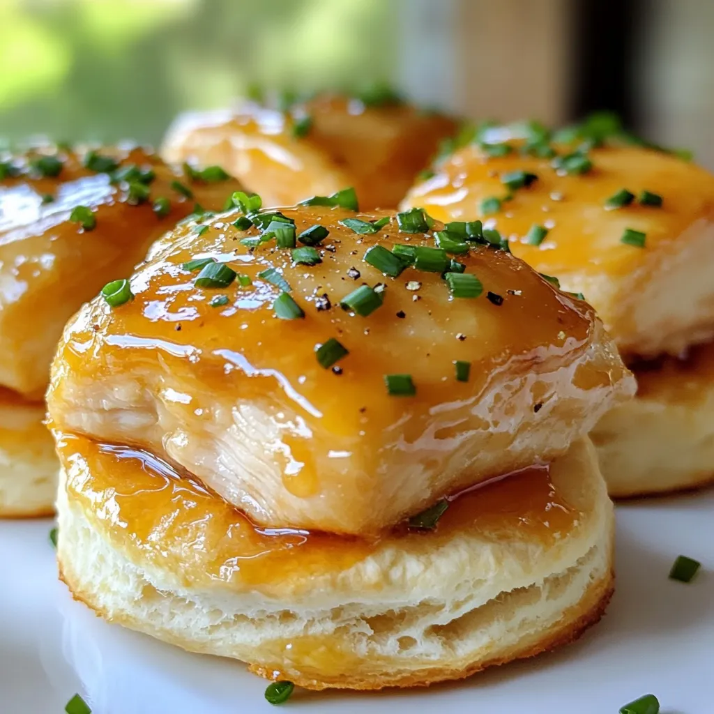 Für Hot Honey Chicken Biscuits braucht man frische und einfache Zutaten. Diese Zutaten sorgen für den tollen Geschmack. Hier sind die Hauptzutaten: - 2 Tassen Allzweckmehl - 1 Esslöffel Backpulver - 1 Teelöffel Salz - 1/2 Teelöffel Natron - 1/4 Tasse ungesalzene Butter, kalt und gewürfelt - 3/4 Tasse Buttermilch - 1 Pfund Hähnchenoberkeulen, ohne Knochen und Haut - 1 Teelöffel Knoblauchpulver - 1 Teelöffel Paprika - 1/2 Teelöffel Cayennepfeffer - Salz und Pfeffer nach Geschmack - 1/4 Tasse scharfer Honig - Frische Schnittlauch, gehackt Die Gewürze machen den Unterschied. Knoblauchpulver, Paprika und Cayennepfeffer geben dem Hähnchen einen tollen Kick. Verwende frische Gewürze, wenn möglich. Sie haben mehr Geschmack. Kalte Butter ist wichtig für die Biscuits. Sie sorgt dafür, dass die Biscuits schön fluffig werden. Wähle hochwertiges Mehl für die besten Biscuits. Biologisches Mehl hat oft einen besseren Geschmack. Achte darauf, dass die Butter ungesalzen ist. So kannst du den Salzgehalt besser kontrollieren. Frisches Hähnchen ist ein Muss. Es schmeckt besser und ist saftiger. Verwendest du scharfen Honig, wähle einen, der echten Geschmack hat. So wird dein Gericht noch besser. {{ingredient_image_2}} Zuerst heizen Sie den Ofen auf 220 °C vor. In einer großen Schüssel vermengen Sie zwei Tassen Allzweckmehl, einen Esslöffel Backpulver, einen Teelöffel Salz und einen halben Teelöffel Natron. Das ist die perfekte Basis für die Biscuits. Fügen Sie dann 1/4 Tasse kalte, gewürfelte Butter hinzu. Verwenden Sie einen Teigmischer oder Ihre Hände, um die Mischung so zu verarbeiten, bis sie wie grobe Brotkrumen aussieht. Jetzt machen Sie eine Mulde in der Mischung. Gießen Sie 3/4 Tasse Buttermilch in die Mulde. Rühren Sie vorsichtig, bis sich alles verbindet. Seien Sie vorsichtig, nicht zu übermischen. Auf einer bemehlten Fläche kneten Sie den Teig sanft, bis er zusammenhält. Drücken Sie den Teig auf etwa 2,5 cm Dicke. Nutzen Sie einen runden Ausstecher oder schneiden Sie den Teig in Quadrate. Legen Sie die Biscuits auf ein Backblech mit Backpapier und backen Sie sie 12 bis 15 Minuten. Sie sind fertig, wenn sie goldbraun sind. Während die Biscuits backen, können Sie das Hähnchen vorbereiten. Nehmen Sie 1 Pfund Hähnchenoberkeulen und würzen Sie sie mit einem Teelöffel Knoblauchpulver, einem Teelöffel Paprika, einem halben Teelöffel Cayennepfeffer sowie Salz und Pfeffer nach Geschmack. Erhitzen Sie einen Esslöffel Öl in einer Pfanne bei mittlerer Hitze. Legen Sie die gewürzten Hähnchenoberkeulen in die Pfanne. Braten Sie sie für 6 bis 7 Minuten auf jeder Seite, bis sie goldbraun sind und durchgegart sind. Lassen Sie das Hähnchen einige Minuten ruhen, bevor Sie es in Scheiben schneiden. Jetzt ist es Zeit, alles zusammenzustellen! Schneiden Sie die gebackenen Biscuits in der Mitte durch. Legen Sie die Hähnchenscheiben auf die untere Hälfte der Biscuits. Gießen Sie großzügig 1/4 Tasse scharfen Honig darüber. Setzen Sie die oberen Biscuithälften darauf. Für einen schönen Farbtupfer bestreuen Sie die Biscuits mit gehacktem Schnittlauch. Servieren Sie sie warm und genießen Sie den köstlichen Geschmack! Um perfekte Biscuits zu machen, nutzen Sie kalte Butter. Die Butter sollte in kleine Stücke geschnitten sein. Mischen Sie sie schnell mit dem Mehl. Übermixen Sie den Teig nicht! Das ist wichtig für die Fluffigkeit. Lassen Sie den Teig ruhig ein wenig klumpig. Backen Sie die Biscuits, bis sie goldbraun sind. So bekommen Sie die beste Textur. Das Geheimnis für knuspriges Hähnchen liegt in der Hitze. Erhitzen Sie das Öl gut, bevor Sie das Hähnchen hinzufügen. Würzen Sie das Hähnchen gut mit Knoblauchpulver und Paprika. Braten Sie es für 6-7 Minuten pro Seite. Achten Sie darauf, dass es goldbraun wird. Lassen Sie es nach dem Braten ruhen. So bleibt es saftig. Für den besten Honiggeschmack verwenden Sie scharfen Honig oder fügen Sie Cayennepfeffer hinzu. Gießen Sie den Honig großzügig über das Hähnchen. Dies sorgt für eine perfekte Süße und Schärfe. Experimentieren Sie mit der Menge, um die richtige Balance zu finden. Frischer Schnittlauch bringt Farbe und zusätzlichen Geschmack. Pro Tipps Mehl für die Biscuits: Verwenden Sie frisches Allzweckmehl für die besten Ergebnisse, da älteres Mehl die Textur der Biscuits beeinträchtigen kann. Butter richtig einarbeiten: Stellen Sie sicher, dass die Butter kalt ist und in kleinen Stückchen hinzugefügt wird, um eine flauschige Textur der Biscuits zu erhalten. Hähnchen marinieren: Für intensiveren Geschmack können Sie die Hähnchenoberkeulen einige Stunden vor dem Kochen marinieren. Servieren mit Stil: Servieren Sie die Biscuits mit einer zusätzlichen Schale scharfem Honig, damit die Gäste nach Belieben nachwürzen können. {{image_4}} Ich liebe es, Rezepte anzupassen. Für glutenfreie Hot Honey Chicken Biscuits kannst du glutenfreies Mehl verwenden. Achte darauf, dass das Mehl für Backwaren geeignet ist. Die anderen Zutaten bleiben gleich. Die Biscuits sind genauso lecker und fluffig! Möchtest du eine vegane Option? Ersetze das Hähnchen durch festen Tofu. Schneide den Tofu in Scheiben und mariniere ihn mit den gleichen Gewürzen. Brate ihn in der Pfanne, bis er goldbraun ist. Verwende pflanzliche Milch anstelle von Buttermilch für die Biscuits. Diese Variante ist leicht und voller Geschmack! Um den Biscuits mehr Charakter zu geben, kannst du zusätzliche Gewürze hinzufügen. Probiere getrocknete Kräuter wie Thymian oder Rosmarin. Ein Hauch von Zimt kann auch spannend sein! Experimentiere mit verschiedenen Honigsorten für neue Geschmacksrichtungen. Jeder Biss wird einzigartig und aufregend! Wenn Sie einige Biscuits übrig haben, lassen Sie sie zuerst abkühlen. Legen Sie die Biscuits in einen luftdichten Behälter. Sie bleiben so frisch für 2-3 Tage. Alternativ können Sie sie in Alufolie wickeln und einfrieren. Dort halten sie bis zu drei Monate. Zum Auftauen lassen Sie sie einfach bei Raumtemperatur stehen. Das Hähnchen sollte in einem separaten Behälter aufbewahrt werden. Lassen Sie es ebenfalls abkühlen, bevor Sie es lagern. Verwenden Sie einen luftdichten Behälter oder wickeln Sie es gut in Frischhaltefolie ein. So bleibt es frisch für 3-4 Tage im Kühlschrank. Wenn Sie es einfrieren möchten, stellen Sie sicher, dass es gut verpackt ist, um Gefrierbrand zu vermeiden. Um die Biscuits und das Hähnchen wieder aufzuwärmen, heizen Sie Ihren Ofen auf 180 °C vor. Legen Sie die Biscuits auf ein Backblech und wärmen Sie sie 5-10 Minuten lang auf. Für das Hähnchen legen Sie es ebenfalls auf das Blech und erhitzen es 10-15 Minuten. So bleiben die Biscuits fluffig und das Hähnchen saftig. Hot Honey Chicken Biscuits stammen aus dem Süden der USA. Diese Kombination vereint knuspriges Hähnchen und süßen, scharfen Honig. Viele Menschen genießen sie als Snack oder leichtes Mittagessen. Diese Speise zeigt die süßen und herzhaften Aromen der südlichen Küche. Ja, Sie können die Biscuits im Voraus machen. Bereiten Sie den Teig vor und formen Sie die Biscuits. Lagern Sie sie im Kühlschrank, bis Sie bereit sind, sie zu backen. Sie können auch gebackene Biscuits aufbewahren und später aufwärmen. Dies spart Zeit, wenn Sie Gäste haben oder einen Snack wollen. Sie können die Schärfe nach Ihrem Geschmack anpassen. Für weniger Schärfe verwenden Sie weniger Cayennepfeffer. Fügen Sie einfach mehr Honig hinzu, um die Schärfe auszugleichen. Wenn Sie es schärfer mögen, verwenden Sie mehr Cayennepfeffer oder probieren Sie eine schärfere Honigsorte. Experimentieren Sie, um den perfekten Geschmack zu finden. Hot Honey Chicken Biscuits sind einfach und lecker. Wir haben die besten Zutaten, die richtige Zubereitung und tolle Tipps behandelt. Perfekte Biscuits sind knackig und voll von Geschmack. Es gibt tolle Variationen, die jeden Geschmack treffen. Auch die Aufbewahrung ist leicht. Jetzt können Sie Ihre Familie und Freunde mit diesem Gericht beeindrucken. Probieren Sie es aus und genießen Sie jeden Biss!