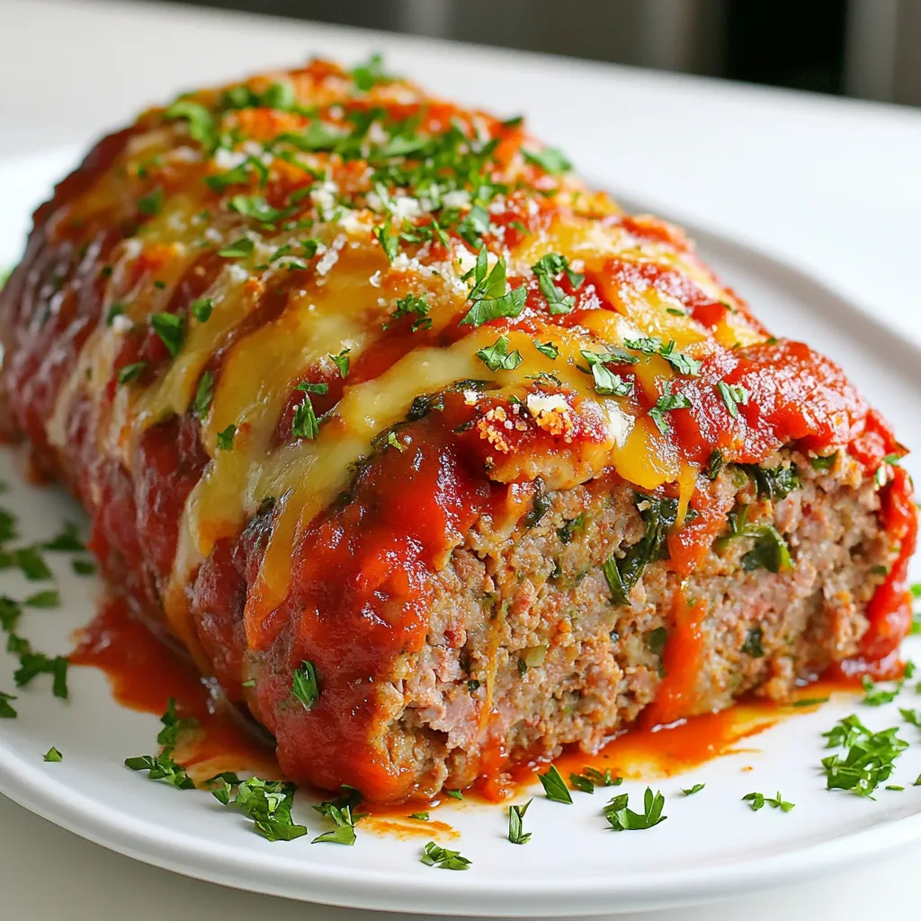 - 500 g Rinderhackfleisch - 500 g Putenhackfleisch - 100 g Semmelbrösel - 50 g geriebener Parmesan - 60 g frische Petersilie, gehackt - 2 Knoblauchzehen, fein gehackt - 1 große Eier - 1 Teelöffel italienische Gewürzmischung - 1 Teelöffel Salz - 1/2 Teelöffel schwarzer Pfeffer Die Hauptzutaten für diesen gefüllten italienischen Hackbraten sind einfach. Du brauchst Rinderhackfleisch und Putenhackfleisch. Diese Mischung gibt dem Hackbraten viel Geschmack. Semmelbrösel machen das Fleisch locker. Parmesan sorgt für einen tollen Käsegeschmack. Frische Petersilie und Knoblauch bringen Frische und Aroma. Die italienische Gewürzmischung ist der Schlüssel zu diesem Gericht. Mit Salz und Pfeffer würzen wir alles gut. - 100 g Mozzarella, gerieben - 240 ml Marinara-Sauce, geteilt - 75 g geröstete rote Paprika, gehackt - 75 g Spinat, blanchiert und gehackt Die Füllung ist das Beste an diesem Hackbraten. Mozzarella macht es schön cremig. Die gerösteten Paprika bringen eine süße Note. Spinat fügt Farbe und Nährstoffe hinzu. Marinara-Sauce sorgt für eine schöne Feuchtigkeit und Geschmack. Du wirst den Käse und die Füllung lieben, wenn du in den Hackbraten beißt. {{ingredient_image_2}} - Ofen vorheizen: Heize deinen Ofen auf 175 °C vor. Dies sorgt für eine gleichmäßige Garung. - Fleisch und Zutaten mischen: Nimm eine große Schüssel. Vermenge das Rinderhackfleisch und das Putenhackfleisch gut miteinander. Es ist wichtig, dass sie gut verbunden sind. Füge die Semmelbrösel, den Parmesan, die Petersilie, den Knoblauch, das Ei, die italienische Gewürzmischung, das Salz und den Pfeffer hinzu. Mische alles gründlich, bis die Zutaten gleichmäßig verteilt sind. - Füllung vorbereiten: In einer separaten Schüssel mischst du den geriebenen Mozzarella, die gehackten gerösteten Paprika und den blanchierten Spinat. Diese Mischung wird deine leckere Füllung. - Hackbraten formen und füllen: Lege ein Blatt Backpapier auf die Arbeitsfläche. Forme die Fleischmasse zu einem rechteckigen Laib, etwa 2,5 cm dick. Verteile die Füllung gleichmäßig auf dem Hackbraten, dabei einen kleinen Rand frei lassen. Hebe das Backpapier vorsichtig an und rolle den Hackbraten straff ein. Achte darauf, die Enden gut zu verschließen. - Hackbraten in die Auflaufform legen: Lege den aufgerollten Hackbraten mit der Naht nach unten in eine Auflaufform. Dies hilft, dass die Füllung nicht herausläuft. - Marinara-Sauce hinzufügen und backen: Gieße die Hälfte der Marinara-Sauce gleichmäßig über den Hackbraten. Backe ihn im vorgeheizten Ofen etwa 60-75 Minuten. Überprüfe die Innentemperatur; sie sollte 70 °C erreichen. Nach der Hälfte der Backzeit bepinselst du den Hackbraten mit der restlichen Sauce. Lass ihn nach dem Backen 10 Minuten ruhen, bevor du ihn in Scheiben schneidest. Um die perfekte Konsistenz für deinen gefüllten italienischen Hackbraten zu erreichen, ist die Mischung der Fleischsorten entscheidend. Ich empfehle, Rinderhackfleisch und Putenhackfleisch im gleichen Verhältnis zu verwenden. Diese Kombination sorgt für einen saftigen und geschmackvollen Hackbraten. Um trockene Texturen zu vermeiden, achte darauf, das Fleisch nicht zu lange zu mischen. Mische die Zutaten nur so lange, bis sie gut verbunden sind. Zu viel Mischen kann die Struktur des Fleisches beeinträchtigen. Um den Geschmack deines Hackbratens zu verbessern, kannst du mit den Gewürzen experimentieren. Füge etwas Paprikapulver oder getrocknete Kräuter hinzu. Diese kleinen Änderungen bringen neue Aromen in dein Gericht. Zusätzlich kannst du die Füllung variieren. Anstelle von Mozzarella kannst du auch Feta oder Gouda verwenden. Diese Käsesorten bringen ihren eigenen Charakter und Geschmack in die Füllung. Außerdem kannst du frisches Gemüse wie Zucchini oder Champignons hinzufügen. So wird dein Hackbraten noch bunter und schmackhafter. Pro Tipps Verwende frische Kräuter: Frische Petersilie verleiht dem Hackbraten ein intensives Aroma und frischen Geschmack. Alternativ kannst du auch Basilikum oder Oregano verwenden. Fleisch gut mischen: Achte darauf, das Hackfleisch gründlich zu vermengen, damit die Gewürze und Zutaten gleichmäßig verteilt sind, was zu einem besseren Geschmack führt. Richtige Backtemperatur: Stelle sicher, dass der Hackbraten bei 70 °C vollständig durchgegart ist, um die Sicherheit und den besten Geschmack zu gewährleisten. Vor dem Schneiden ruhen lassen: Lass den Hackbraten nach dem Backen mindestens 10 Minuten ruhen. So können sich die Säfte setzen, was zu saftigeren Scheiben führt. {{image_4}} Wenn du eine vegetarische Version des gefüllten italienischen Hackbratens machen möchtest, gibt es viele Möglichkeiten. Du kannst Gemüse anstelle von Fleisch verwenden. Zum Beispiel sind Zucchini oder Auberginen großartige Alternativen. Diese Gemüse geben viel Geschmack und Fülle. Für die Füllung kannst du pflanzliche Käsealternativen nutzen. Veganer Käse auf Basis von Nüssen oder Soja kann gut schmelzen und bietet eine tolle Textur. Achte darauf, dass die Füllung gut gewürzt ist. Das macht den Hackbraten lecker und befriedigend. Die Füllungen für den Hackbraten können auch international inspiriert sein. Mediterrane Füllungen sind eine beliebte Wahl. Du kannst Feta, Oliven und getrocknete Tomaten verwenden. Diese Zutaten bringen einen frischen Geschmack und machen das Gericht besonders. Eine andere interessante Variation ist, asiatische Würze hinzuzufügen. Verwende Sojasauce, Ingwer und Frühlingszwiebeln. Diese Zutaten geben dem Hackbraten einen aufregenden Twist. Serviere ihn dann mit Reis oder einer würzigen Sauce für ein komplettes Essen. Um deinen gefüllten italienischen Hackbraten frisch zu halten, lagere die Reste im Kühlschrank. Packe ihn in einen luftdichten Behälter. So bleibt er bis zu drei Tage gut. Wenn du ihn länger aufbewahren möchtest, kannst du ihn einfrieren. Wickele den Hackbraten in Frischhaltefolie und dann in Alufolie. So schützt du ihn vor Frostschäden. Er bleibt bis zu drei Monate im Gefrierfach. Um den Hackbraten wieder aufzuwärmen, benutze den Ofen. Heize ihn auf 175 °C vor. Lege den Hackbraten auf ein Backblech und decke ihn mit Folie ab. So bleibt er saftig. Erwärme ihn etwa 25 bis 30 Minuten. Du kannst auch die Mikrowelle nutzen, aber achte darauf, die Textur gut zu bewahren. Erhitze ihn in kurzen Intervallen und kontrolliere oft. So wird er nicht trocken. Die Vorbereitungszeit für den gefüllten italienischen Hackbraten beträgt etwa 20 Minuten. Während dieser Zeit bereitest du das Fleisch und die Füllung vor. Die Kochzeit im Ofen liegt zwischen 60 und 75 Minuten. Das Gericht ist also in etwa 1 Stunde und 35 Minuten fertig. Ja, du kannst andere Käsesorten verwenden. Wenn du keinen Mozzarella magst, probiere Cheddar oder Gouda. Diese Käsesorten schmelzen gut und geben einen tollen Geschmack. Du kannst auch einen Mix aus verschiedenen Käsesorten verwenden, um die Füllung interessanter zu machen. Zu diesem Hackbraten passen viele Beilagen. Ein frischer Salat oder gedünstetes Gemüse sind gute Optionen. Du kannst auch Pasta oder Kartoffelpüree servieren. Achte darauf, die Hackbratenscheiben schön auf einer Platte zu präsentieren. Garniere sie mit frischer Petersilie und einem Hauch von Parmesan. Ein zusätzlicher Drizzle aus Marinara-Sauce macht das Gericht noch ansprechender. Dieser Blogbeitrag hat dir gezeigt, wie du einen gefüllten italienischen Hackbraten zubereitest. Wir haben die Hauptzutaten, die Füllung und die Schritt-für-Schritt-Anleitung behandelt. Ich habe dir auch Tipps gegeben, um die Konsistenz und den Geschmack zu verbessern, sowie einige Variationen aufgezeigt. Zögere nicht, mit verschiedenen Zutaten zu experimentieren. So kannst du dein Gericht nach deinem Geschmack anpassen. Denk daran, die Reste gut aufzubewahren und richtig aufzuwärmen. Viel Spaß beim Kochen und Genießen!