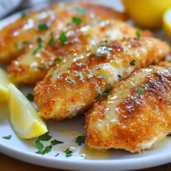 Für das knusprige Parmesan Hähnchen brauchst du: - 4 Hähnchenbrüste ohne Knochen und Haut - 1 Tasse geriebener Parmesan - 1 Tasse Semmelbrösel (Panko für extra Knusprigkeit empfohlen) - 2 große Eier - 2 Esslöffel Olivenöl - 1 Teelöffel Knoblauchpulver - 1 Teelöffel Zwiebelpulver - Salz und Pfeffer nach Geschmack - Frische Petersilie, gehackt (zum Garnieren) Diese Zutaten sorgen für einen tollen Geschmack und eine schöne Textur. Das Hähnchen wird außen knusprig und innen saftig. Für die leckere Knoblauchsoße benötigst du: - 1/2 Tasse ungesalzene Butter - 4 Knoblauchzehen, fein gehackt - 1 Teelöffel getrocknete italienische Kräuter (oder eine Mischung aus Thymian, Oregano und Basilikum) - 1 Esslöffel Zitronensaft - Salz und Pfeffer nach Geschmack Die Knoblauchsoße gibt dem Hähnchen einen zusätzlichen Kick. Die Kombination aus Butter und Knoblauch macht sie besonders lecker. Wähle frische Hähnchenbrüste für besten Geschmack. Achte auf eine gute Qualität des Parmesans. Frisch geriebener Parmesan schmilzt besser und hat mehr Geschmack. Für die Semmelbrösel empfehle ich Panko, da sie extra knusprig sind. Verwende frischen Knoblauch für die Soße, um das volle Aroma zu nutzen. Frische Kräuter sind auch wichtig. Sie bringen mehr Geschmack als getrocknete. Achte darauf, dass die Butter ungesalzen ist, damit du den Salzgehalt besser kontrollieren kannst. Diese Tipps helfen dir, die besten Zutaten auszuwählen und ein köstliches Gericht zu zaubern. {{ingredient_image_2}} Beginne mit der Vorbereitung des Hähnchens. Heize den Ofen auf 200°C vor. Lege ein Backblech mit Backpapier aus. Das hilft, das Hähnchen knusprig zu machen und das Blech sauber zu halten. Nimm die Hähnchenbrüste ohne Knochen und Haut. Stelle sicher, dass sie gleichmäßig dick sind, damit sie gleichmäßig garen. Tauche jede Hähnchenbrust zuerst in die Eimischung. Achte darauf, dass das Fleisch gut bedeckt ist. Danach wälze das Hähnchen in der Mischung aus Semmelbröseln und Parmesan. Drücke leicht, damit die Panade gut haftet. Lege die panierten Hähnchenbrüste auf das Backblech. Beträufle sie mit Olivenöl. Das Öl sorgt für eine schöne goldene Farbe. Backe das Hähnchen 20-25 Minuten lang. Überprüfe die Innentemperatur. Sie sollte 74°C erreichen. Um die beste Panade zu machen, brauchst du zwei Schalen. In einer Schale verquirlst du die Eier. In der anderen Schale mischst du die Semmelbrösel mit dem Parmesan. Füge Knoblauchpulver, Zwiebelpulver, Salz und Pfeffer hinzu. Diese Gewürze geben dem Hähnchen einen tollen Geschmack. Wenn du alles gut vermischt hast, ist die Panade bereit. Tauche das Hähnchen zuerst in die Eier. Danach schnell in die Semmelbrösel-Mischung. Drücke die Panade gut an, damit sie beim Backen nicht abfällt. Während das Hähnchen backt, kannst du die Knoblauchsoße zubereiten. Nimm eine Pfanne und schmelze die Butter bei mittlerer Hitze. Wenn die Butter flüssig ist, füge den fein gehackten Knoblauch hinzu. Brate ihn 1-2 Minuten an, bis er duftet. Achte darauf, dass der Knoblauch nicht verbrennt. Jetzt ist es Zeit für die Kräuter. Füge die getrockneten italienischen Kräuter und den Zitronensaft hinzu. Rühre gut um und würze mit Salz und Pfeffer. Nimm die Soße vom Herd. Halte sie warm, bis das Hähnchen fertig ist. So hast du ein leckeres Gericht, das du mit der Knoblauchsoße servieren kannst. Um das Hähnchen besonders knusprig zu machen, benutze Panko-Semmelbrösel. Diese sind luftiger und sorgen für mehr Crunch. Achte darauf, die Hähnchenbrust gut in die Eimischung zu tauchen. So haftet die Panade besser. Drücke die Semmelbrösel fest auf das Hähnchen, bevor du es backst. Ein Spritzer Olivenöl vor dem Backen hilft ebenfalls. Die Backzeit ist entscheidend. Heize deinen Ofen auf 200°C vor. Backe das Hähnchen 20-25 Minuten lang. Es sollte goldbraun sein und eine Innentemperatur von 74°C erreichen. Verwende ein Fleischthermometer, um sicherzustellen, dass das Hähnchen durch ist. So bleibt es saftig und zart. Du kannst die Knoblauchsoße leicht anpassen. Füge frische Kräuter wie Basilikum oder Thymian hinzu. Das verleiht der Soße mehr Aroma. Wenn du es schärfer magst, gib ein wenig rote Pfefferschote dazu. Für eine cremige Variante, füge etwas Sahne hinzu. Experimentiere mit verschiedenen Zutaten, um deinen perfekten Geschmack zu finden. Pro Tipps Die richtige Panade: Verwenden Sie Panko-Semmelbrösel für eine extra knusprige Textur, die das Hähnchen besonders lecker macht. Temperatur überprüfen: Stellen Sie sicher, dass die Innentemperatur des Hähnchens 74°C erreicht, um sicherzustellen, dass es gut durchgegart ist. Knoblauchsoße verfeinern: Fügen Sie einen Spritzer Weißwein in die Knoblauchsoße hinzu, um einen zusätzlichen Geschmackskick zu erhalten. Garnierung: Frische Kräuter wie Basilikum oder Thymian können die Aromen der Knoblauchsoße verstärken und das Gericht noch ansprechender machen. {{image_4}} Du kannst das Rezept leicht anpassen. Statt Parmesan probiere Mozzarella oder Pecorino. Mozzarella sorgt für einen zarten, schmelzenden Kern. Pecorino bringt einen kräftigen, salzigen Geschmack. Jede Käsesorte gibt dem Hähnchen eine neue Note. Experimentiere mit deinem Lieblingskäse. Wenn du eine vegetarische Option suchst, nimm Blumenkohl oder Zucchini. Blumenkohlröschen sind perfekt für die Panade. Sie nehmen die Aromen gut auf. Zucchini kann in Scheiben geschnitten werden. Beide Optionen sind gesund und lecker. Du kannst sie genau wie das Hähnchen zubereiten. Verleihe dem Gericht mehr Geschmack mit Gewürzen. Füge Paprika für eine süßliche Note hinzu. Chili sorgt für einen scharfen Kick. Auch frische Kräuter wie Basilikum oder Thymian passen gut. Sie bringen Frische in die Knoblauchsoße. Experimentiere mit deinen Lieblingsgewürzen und entdecke neue Geschmäcker. Um dein knuspriges Parmesan Hähnchen frisch zu halten, lagere es in einem luftdichten Behälter. Lass das Hähnchen zuerst auf Raumtemperatur abkühlen. Vermeide es, das Hähnchen direkt nach dem Backen zu lagern, da die Feuchtigkeit die Knusprigkeit ruinieren kann. Lege ein Papiertuch unter das Hähnchen, um überschüssige Feuchtigkeit zu absorbieren. So bleibt es schön knusprig für die nächste Mahlzeit. Wenn du das Hähnchen aufwärmen möchtest, benutze den Ofen. Heize den Ofen auf 180°C vor. Lege das Hähnchen auf ein Backblech und backe es für etwa 10-15 Minuten. So wird die Panade wieder knusprig. Vermeide die Mikrowelle, da sie das Hähnchen weich machen kann. Du kannst auch einen Toasterofen verwenden, um die Knusprigkeit zu erhalten. Im Kühlschrank bleibt dein Hähnchen etwa 3 bis 4 Tage frisch. Stelle sicher, dass der Behälter gut verschlossen ist. Wenn du das Hähnchen länger aufbewahren möchtest, friere es ein. Im Gefrierschrank hält es bis zu 3 Monate. Achte darauf, das Hähnchen gut einzupacken, um Gefrierbrand zu vermeiden. Vor dem Verzehr solltest du es im Kühlschrank über Nacht auftauen lassen. Du kannst die Knoblauchsoße leicht ändern. Füge mehr Knoblauch hinzu, wenn du den Geschmack magst. Ein Spritzer Weißwein kann auch gut sein. Für eine schärfere Note, probiere rote Paprikaflocken. Du kannst frische Kräuter wie Basilikum oder Petersilie verwenden. Diese geben der Soße einen tollen Geschmack. Ja, du kannst das Hähnchen grillen! Die Grillzeit wird kürzer sein. Heize den Grill auf mittlere Hitze vor. Panierte Hähnchenbruststücke 5-7 Minuten pro Seite grillen. Achte darauf, dass sie gut durchgegart sind. Sie sollten eine Innentemperatur von 74°C erreichen. Das Grillen gibt dem Hähnchen einen tollen Rauchgeschmack. Die Reste bleiben im Kühlschrank bis zu drei Tage frisch. Stelle sicher, dass du sie in einem luftdichten Behälter lagerst. Wenn du die Knoblauchsoße aufbewahrst, hält sie sich auch drei Tage. Du kannst die Reste auch einfrieren. Friere das Hähnchen und die Soße getrennt ein. So bleiben sie länger frisch. Du hast jetzt die besten Zutaten für knuspriges Hähnchen und aromatische Knoblauchsoße kennengelernt. Die Schritt-für-Schritt-Anleitung hilft dir, alles ganz einfach zuzubereiten. Denke an die Tipps für die besten Ergebnisse, wie richtigen Backzeit oder Zutatenwahl. Experimentiere mit Variationen, um das Gericht zu verändern. Beachte die Lagerungshinweise, um Reste frisch zu halten. Mit diesen Tipps wirst du begeistert sein von deinem Hähnchen und deiner Soße. Koch viel und hab Spaß dabei!