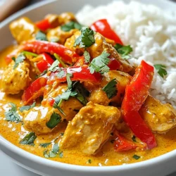 Für dieses leckere Gericht benötigst du einige frische und gesunde Zutaten. Hier ist die Liste: - 680 g Hühnerschenkel ohne Knochen und Haut, in mundgerechte Stücke geschnitten - 1 Esslöffel Kokosnussöl - 1 mittelgroße Zwiebel, fein gehackt - 3 Knoblauchzehen, gehackt - 1 Esslöffel frischer Ingwer, gehackt - 1 rote Paprika, in Streifen geschnitten - 240 ml Kokosmilch - 120 g cremige Erdnussbutter Diese Zutaten bilden die Basis für das Gericht. Die Hühnerschenkel geben dir zartes Fleisch. Die Zwiebel, der Knoblauch und der Ingwer sorgen für einen tollen Geschmack. Zusätzlich brauchst du einige Gewürze und Saucen, um das Curry zu perfektionieren. Hier sind sie: - 3 Esslöffel rote Currypaste - 2 Esslöffel Sojasauce - 1 Esslöffel brauner Zucker - Zeste und Saft von 1 Limette Die rote Currypaste bringt die richtige Würze. Die Sojasauce fügt Tiefe hinzu, während der Zucker eine süße Note bietet. Die Limette gibt Frische und Säure, die das Gericht lebendig machen. Um das Gericht wirklich abzurunden, empfehle ich, es mit gekochtem Jasminreis zu servieren. - Gekochter Jasminreis (zum Servieren) - Frischer Koriander, gehackt (zum Garnieren) Der Jasminreis ist perfekt, um die köstliche Curry-Sauce aufzusaugen. Der frische Koriander sorgt für einen schönen Kontrast und eine frische Note. Achte darauf, den Koriander frisch hinzuzufügen, um die Aromen zu intensivieren. Ein Spritzer Limettensaft vor dem Servieren verstärkt die Frische noch mehr. {{ingredient_image_2}} Zuerst schneide die Hühnerschenkel in mundgerechte Stücke. Achte darauf, dass die Stücke gleich groß sind. So garen sie gleichmäßig. Dann hacke die Zwiebel, den Knoblauch und den Ingwer fein. Schneide die rote Paprika in Streifen. Stelle alle Zutaten bereit. Das macht das Kochen einfacher. Erhitze in einer großen Pfanne oder einem Wok das Kokosnussöl bei mittelhoher Hitze. Gib die gehackte Zwiebel hinzu und brate sie 3-4 Minuten lang an, bis sie durchsichtig ist. Füge den Knoblauch und den Ingwer hinzu und brate alles eine weitere Minute. Jetzt kommt das Hühnerfleisch in die Pfanne. Lass es 5-7 Minuten kochen, bis es goldbraun und durchgegart ist. Füge die rote Paprika hinzu und koche sie 2-3 Minuten mit. Sie soll weich, aber noch knackig sein. In einer separaten Schüssel vermenge die Kokosmilch, die Erdnussbutter, die rote Currypaste, die Sojasauce und den braunen Zucker. Rühre alles gut durch, bis die Mischung glatt ist. Gieße die Sauce über das Hühnerfleisch und das Gemüse in der Pfanne. Rühre alles um und lass es 5-6 Minuten köcheln, bis die Sauce leicht eindickt. Jetzt füge die Limettenzeste und den Saft hinzu. Rühre alles gut um und schmecke es ab. So wird die Sauce noch besser. Um Fehler zu vermeiden, achte auf die Hitze. Zu hohe Hitze kann das Huhn verbrennen. Nutze immer frische Zutaten, da sie den besten Geschmack bringen. Bereite alle Zutaten im Voraus vor. So hast du alles griffbereit. Rühre die Sauce gut um, damit sie gleichmäßig bleibt. Wenn du das Gemüse hinzufügst, achte darauf, es nicht zu überkochen. Die Garzeit für Hühnerfleisch hängt von der Größe der Stücke ab. In der Regel sollten Hühnerstücke 5 bis 7 Minuten auf hoher Hitze garen. Sie sind fertig, wenn sie innen nicht mehr rosa sind. Du kannst ein Fleischthermometer verwenden. Ideal ist eine Temperatur von 74 Grad Celsius. Lass das Fleisch ruhen, bevor du es servierst. So bleibt es saftig. Frische Zutaten sind entscheidend für den Geschmack. Kaufe frisches Gemüse und Kräuter. Die Erdnussbutter sollte cremig und ohne Zusatzstoffe sein. Achte darauf, dass die Currypaste frisch ist, um volle Aromen zu erhalten. Frische Limetten geben einen tollen Zitrusgeschmack. Wenn du kannst, verwende Bio-Zutaten. Sie sind oft geschmackvoller und gesünder. Pro Tipps Hühnchen marinieren: Lassen Sie die Hühnerstücke vor dem Kochen mindestens 30 Minuten in der Sojasauce und Limettensaft marinieren, um die Aromen zu intensivieren. Für mehr Schärfe: Fügen Sie der Currymischung zusätzliche rote Currypaste hinzu oder verwenden Sie frische Chili, um das Gericht nach Ihrem Geschmack anzupassen. Gemüsevariationen: Experimentieren Sie mit verschiedenen Gemüsesorten wie Brokkoli, Zucchini oder Karotten, um das Rezept nach Saison und Vorliebe anzupassen. Kokosmilch ersetzen: Für eine leichtere Version können Sie die Kokosmilch durch eine ungesüßte Mandel- oder Sojamilch ersetzen, um die Kalorien zu reduzieren. {{image_4}} Wenn du eine vegetarische Version des Thai Erdnuss-Curry-Hühnchens machen möchtest, ist das ganz einfach. Ersetze das Hühnchen durch Tofu oder Kichererbsen. Tofu nimmt die Aromen gut auf. Kichererbsen sind proteinreich und sättigend. Beide Optionen passen hervorragend zu der Erdnuss-Curry-Sauce. Möchtest du es schärfer? Füge mehr rote Currypaste hinzu. Du kannst auch frische Chilis oder Chilipulver verwenden. Für eine mildere Variante nimm weniger Currypaste. Du kannst auch Kokosmilch oder Erdnussbutter hinzufügen, um die Schärfe zu mildern. Probiere, bis der Geschmack dir gefällt. Das Gericht ist sehr anpassungsfähig. Du kannst viele Gemüsesorten hinzufügen. Brokkoli, Zucchini oder Karotten passen gut. Schneide sie in kleine Stücke und füge sie nach der Paprika hinzu. So werden sie zart und behalten ihren Biss. Experimentiere mit deinen Lieblingsgemüsesorten, um neue Geschmäcker zu entdecken. Bewahre dein Thai Erdnuss-Curry-Hühnchen in einem luftdichten Behälter auf. Es bleibt bis zu drei Tage frisch. Lass das Gericht vor dem Lagern abkühlen. So verhinderst du, dass sich Kondenswasser bildet. Du kannst auch die Portionen aufteilen, um sie leichter zu nutzen. Um das Curry einzufrieren, fülle es in gefriergeeignete Behälter. Achte darauf, etwas Platz zu lassen, da die Flüssigkeit beim Gefrieren expandiert. Das Curry hält sich bis zu drei Monate im Gefrierfach. Beschrifte die Behälter mit dem Datum, um die Übersicht zu behalten. Um dein Curry aufzuwärmen, nutze einen Topf oder die Mikrowelle. Füge einen Spritzer Wasser oder Kokosmilch hinzu, um die Konsistenz zu verbessern. Erwärme das Gericht langsam, damit es gleichmäßig warm wird. Rühre es zwischendurch um, um anbrennen zu vermeiden. Garniere es vor dem Servieren mit frischem Koriander. Thai Erdnuss-Curry-Hühnchen bleibt im Kühlschrank etwa 3 bis 4 Tage frisch. Achte darauf, es in einem luftdichten Behälter zu lagern. Wenn du es länger aufbewahren möchtest, friere es ein. So hält es bis zu 3 Monate. Zum Auftauen lege es einfach über Nacht in den Kühlschrank. Ja, das ist möglich! Du kannst Mandelbutter oder Cashewbutter verwenden. Diese Nussbutter haben ähnliche Texturen und Geschmäcker. Denke daran, dass der Geschmack leicht anders sein kann. Probiere es aus und finde deine Lieblingskombination. Zu Thai Erdnuss-Curry-Hühnchen passen viele Beilagen gut. Hier sind einige Vorschläge: - Gekochter Jasminreis - Quinoa - Frischer Salat mit Limetten-Dressing - Gegrilltes Gemüse - Reisnudeln Diese Beilagen ergänzen die Aromen des Currys wunderbar. Das Thai Erdnuss-Curry-Hühnchen vereint frische Zutaten, einfache Schritte und viele Variationen. Wir haben die wichtigsten Zutaten, die Zubereitung und praktische Tipps behandelt. Außerdem gab es hilfreiche Hinweise zur Aufbewahrung und häufige Fragen. Jetzt hast du alle Infos, um ein köstliches Gericht zu zaubern. Experimentiere mit den Zutaten und finde deinen perfekten Geschmack. So wird das Kochen einfach und lecker!