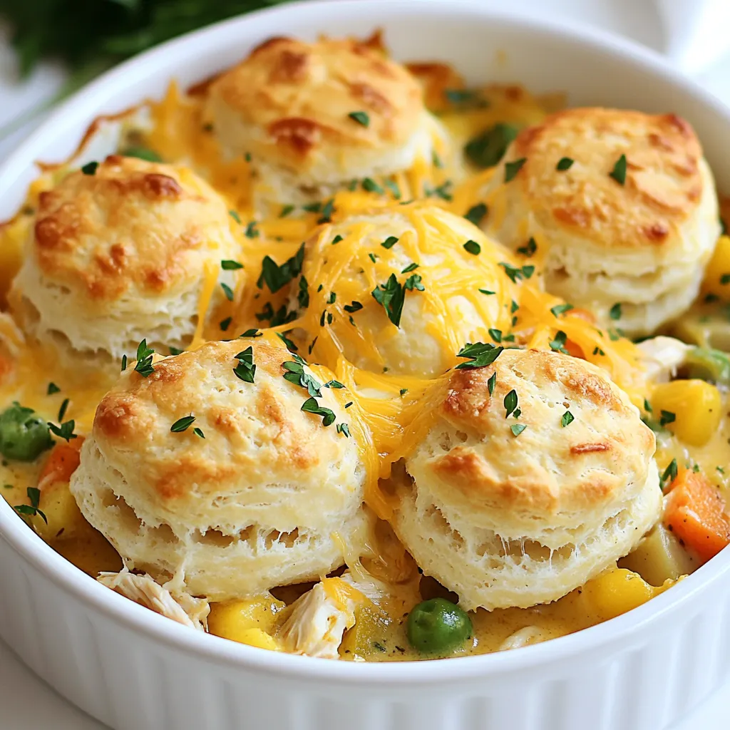 Für einen leckeren Hähnchen-Pie-Auflauf brauchen Sie folgende Hauptzutaten: - 2 Tassen gekochtes Hähnchen, zerkleinert - 1 Tasse gefrorenes Mischgemüse (Karotten, Erbsen, Mais) - 1 Tasse gewürfelte Kartoffeln - 1 kleine Zwiebel, fein gehackt - 2 Knoblauchzehen, gehackt - 1 Dose (300 g) Kondens-Hühnchensuppe - 1 Tasse Hühnerbrühe - 1 Tasse geriebener Cheddar-Käse - 1 Paket (ca. 280 g) gekühlte Brötchen oder Blätterteig Diese Zutaten sorgen für einen herzhaften Geschmack und eine tolle Konsistenz. Die Gewürze sind wichtig für den Geschmack. Verwenden Sie: - 1 Teelöffel getrockneten Thymian - 1 Teelöffel Paprika - Salz und Pfeffer nach Geschmack Die Hühnerbrühe bringt Feuchtigkeit in das Gericht. Die Brühe und die Kondens-Hühnchensuppe machen den Auflauf cremig und lecker. Zusätzlich können Sie den Auflauf noch aufpeppen: - Frische Petersilie oder Thymian zum Garnieren - Ein Spritzer Zitronensaft für mehr Frische Diese Extras geben dem Gericht einen besonderen Kick und machen es noch ansprechender. {{ingredient_image_2}} Heizen Sie Ihren Ofen auf 190°C (375°F) vor. Dies ist wichtig, um den Auflauf gleichmäßig zu garen. Ein vorgeheizter Ofen sorgt dafür, dass die Brötchen goldbraun werden. Nehmen Sie eine große Pfanne und stellen Sie sie auf mittlere Hitze. Fügen Sie die fein gehackte Zwiebel und den gehackten Knoblauch hinzu. Braten Sie sie etwa 3-4 Minuten lang an, bis die Zwiebeln glasig sind. Dieser Schritt bringt den Geschmack hervor und macht den Auflauf leckerer. Fügen Sie nun das zerkleinerte Hähnchen, das gefrorene Mischgemüse und die gewürfelten Kartoffeln in die Pfanne. Rühren Sie alles gut um, damit sich die Zutaten vermischen. Gießen Sie die Kondens-Hühnchensuppe und die Hühnerbrühe dazu. Streuen Sie den getrockneten Thymian, Paprika, Salz und Pfeffer hinein. Rühren Sie die Mischung gut um, bis alles gleichmäßig durchgewärmt ist. Fetten Sie eine Auflaufform (ca. 33x23 cm) leicht ein. Verteilen Sie die Hähnchen- und Gemüsemischung gleichmäßig in der Form. Reißen Sie die Brötchen oder den Blätterteig in kleinere Stücke. Legen Sie diese gleichmäßig auf die Hähnchenmischung. Streuen Sie den geriebenen Cheddar-Käse über die Brötchen oder den Blätterteig. Backen Sie den Auflauf im vorgeheizten Ofen für 25-30 Minuten. Achten Sie darauf, dass die Brötchen goldbraun und durchgebacken sind. Nehmen Sie den Auflauf aus dem Ofen und lassen Sie ihn einige Minuten abkühlen, bevor Sie ihn servieren. Um das Hähnchen perfekt zuzubereiten, verwenden Sie gekochtes Hähnchen. Ich empfehle, das Hähnchen vorher zu grillen oder zu braten. Das gibt dem Fleisch einen tollen Geschmack. Zerkleinern Sie das Hähnchen in kleine Stücke. So verteilt es sich gut im Auflauf. Für diesen Auflauf ist geriebener Cheddar-Käse ideal. Er schmilzt gut und gibt einen würzigen Geschmack. Wenn Sie etwas Neues ausprobieren möchten, nutzen Sie Gouda oder Mozzarella. Diese Käsesorten bringen eine andere Textur und Geschmack. Ein häufiger Fehler ist, das Hähnchen nicht gut zu würzen. Achten Sie darauf, Salz, Pfeffer und Kräuter hinzuzufügen. Ein weiterer Fehler ist, die Brühe nicht genug zu reduzieren. Wenn die Mischung zu flüssig ist, wird der Auflauf matschig. Überprüfen Sie die Konsistenz, bevor Sie ihn backen. Pro Tipps Hähnchen Variationen: Verwenden Sie Resten von gegrilltem oder gebratenem Hähnchen für zusätzlichen Geschmack. Gemüse Auswahl: Experimentieren Sie mit frischem Gemüse wie Brokkoli oder Paprika, um mehr Farbe und Nährstoffe hinzuzufügen. Würze anpassen: Passen Sie die Gewürze nach Ihrem Geschmack an; versuchen Sie es mit Knoblauchpulver oder italienischen Kräutern für eine neue Note. Aufbewahrung: Der Auflauf lässt sich gut im Kühlschrank aufbewahren und kann leicht aufgewärmt werden, was ihn ideal für Reste macht. {{image_4}} Wenn du eine vegetarische Version machen möchtest, kannst du das Hähnchen weglassen. Nutze stattdessen mehr Gemüse. Brokkoli, Paprika oder Pilze sind tolle Alternativen. Du kannst auch Kichererbsen hinzufügen, um mehr Protein zu bekommen. Verwende die gleiche Menge von Gemüse, wie du Hähnchen hättest. Die Gewürze machen viel aus. Wenn du Thymian nicht magst, probiere Rosmarin oder Oregano. Für etwas Schärfe kannst du etwas Cayennepfeffer hinzufügen. Paprika gibt dem Gericht die nötige Farbe und einen milden Geschmack. Experimentiere mit deinen Lieblingsgewürzen, um neue Aromen zu entdecken. Für mehr Geschmack kannst du auch Käse in die Hähnchenmischung geben. Füge etwas Frischkäse oder Ricotta hinzu, um die Füllung cremiger zu machen. Ein Schuss Zitronensaft bringt Frische und hebt die Aromen hervor. Nüsse oder Samen können ebenfalls einen schönen Crunch hinzufügen. Nach dem Kochen ist es wichtig, den Hähnchen-Pie-Auflauf richtig zu lagern. Lassen Sie den Auflauf zuerst auf Raumtemperatur abkühlen. Decken Sie ihn dann mit Frischhaltefolie ab oder geben Sie ihn in einen luftdichten Behälter. So bleibt er frisch. Im Kühlschrank hält er sich bis zu drei Tage. Wenn Sie den Auflauf länger aufbewahren möchten, können Sie ihn einfrieren. Schneiden Sie den Auflauf in Portionen. Wickeln Sie jede Portion in Frischhaltefolie und legen Sie sie in einen Gefrierbeutel. So bleibt die Frische erhalten. Der Auflauf kann bis zu drei Monate im Gefrierschrank bleiben. Denken Sie daran, das Datum auf den Beutel zu schreiben. Um Reste aufzuwärmen, heizen Sie den Ofen auf 180°C vor. Legen Sie den Auflauf in eine Auflaufform. Bedecken Sie ihn mit Aluminiumfolie, um ein Austrocknen zu verhindern. Backen Sie ihn für etwa 20-25 Minuten, bis er durchgewärmt ist. Alternativ können Sie auch die Mikrowelle verwenden. Stellen Sie sicher, dass die Reste gleichmäßig warm sind, bevor Sie sie servieren. Ja, frisches Gemüse ist eine tolle Wahl. Sie können Karotten, Erbsen und Mais frisch verwenden. Schneiden Sie das Gemüse klein, damit es gleichmäßig garen kann. Achten Sie darauf, das Gemüse vorher leicht zu blanchieren. So bleibt es knackig und behält die Farbe. Für weniger Portionen teilen Sie einfach die Zutaten durch zwei. Verwenden Sie 1 Tasse Hähnchen und ½ Tasse Gemüse. Passen Sie auch die Backzeit an. Überprüfen Sie den Auflauf nach 20 Minuten. So bleibt er nicht zu trocken. Ein frischer grüner Salat passt gut dazu. Auch knuspriges Brot ist eine gute Wahl. Sie können auch gedünstetes Gemüse servieren. Das bringt mehr Farbe auf den Tisch und ergänzt den Auflauf. Es gibt viele Variationen. Fügen Sie Pilze oder Brokkoli hinzu. Auch Gewürze wie Curry oder italienische Kräuter bringen neuen Geschmack. Für eine cremigere Sauce können Sie mehr Brühe oder Sahne verwenden. Experimentieren Sie mit verschiedenen Käsesorten für mehr Vielfalt. Der Hähnchen-Pie-Auflauf ist einfach zuzubereiten. Ich habe die Hauptzutaten, Gewürze und die besten Toppings erklärt. Die Schritt-für-Schritt-Anleitung hilft Ihnen, jeden Schritt nachzuvollziehen. Sie können die Tipps und Tricks nutzen, um häufige Fehler zu vermeiden und das Hähnchen perfekt zu machen. Variationen bieten leckere Anpassungen. Denken Sie daran, Aufläufe richtig zu lagern, damit sie frisch bleiben. Mit diesen Infos wird Ihr nächster Hähnchen-Pie-Auflauf sicher ein Hit in der Küche.