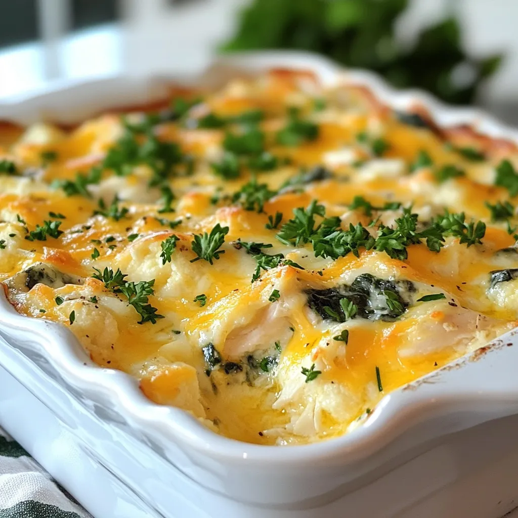 Um einen leckeren Low Carb Chicken Casserole zu machen, brauchst du folgende Hauptzutaten: - 2 Tassen gekochte Hähnchenbrust, zerrupft - 1 Tasse frischer Spinat, grob gehackt - 1 Tasse Blumenkohlröschen, gedämpft - 1 Tasse Frischkäse, weich gemacht - 1/2 Tasse scharfer Cheddar, gerieben - 1/2 Tasse Mozzarella, gerieben - 1/4 Tasse Hühnerbrühe - 2 Knoblauchzehen, fein gehackt Diese Zutaten geben dem Auflauf einen tollen Geschmack und eine schöne Textur. Das zerrupfte Hähnchen ist die Hauptquelle für Eiweiß. Der Spinat und Blumenkohl bringen Vitamine und Mineralstoffe mit. Der Frischkäse macht alles schön cremig. Wenn du Abwechslung magst, kannst du einige Zutaten ändern. Hier sind ein paar Alternativen: - Ersetze den Blumenkohl durch Brokkoli. Er hat ähnliche Eigenschaften. - Verwende Ricotta anstelle von Frischkäse für eine andere Konsistenz. - Probiere Hähnchenschenkel statt Hähnchenbrust. Das bringt mehr Geschmack. Diese Alternativen helfen dir, das Rezept anzupassen, ohne die Kohlenhydrate zu erhöhen. Sei kreativ und finde die Kombination, die dir am besten schmeckt! Gewürze machen jeden Auflauf besser. Hier sind einige, die du verwenden kannst: - 1 Teelöffel Zwiebelpulver - 1 Teelöffel Paprika - Salz und Pfeffer nach Geschmack - Frische Petersilie, zum Garnieren Zwiebelpulver und Paprika geben dem Auflauf einen warmen Geschmack. Salz und Pfeffer sind wichtig, um alle Aromen herauszuholen. Petersilie am Ende macht das Gericht frisch und schön. Du kannst auch andere Kräuter wie Thymian oder Oregano ausprobieren. {{ingredient_image_2}} Zuerst müssen wir alle Zutaten bereitstellen. Hier ist, was Sie brauchen: - 2 Tassen gekochte Hähnchenbrust, zerrupft - 1 Tasse frischer Spinat, grob gehackt - 1 Tasse Blumenkohlröschen, gedämpft - 1 Tasse Frischkäse, weich gemacht - 1/2 Tasse scharfer Cheddar, gerieben - 1/2 Tasse Mozzarella, gerieben - 1/4 Tasse Hühnerbrühe - 2 Knoblauchzehen, fein gehackt - 1 Teelöffel Zwiebelpulver - 1 Teelöffel Paprika - Salz und Pfeffer nach Geschmack - 1 Esslöffel Olivenöl - Frische Petersilie, zum Garnieren Zuerst heizen Sie den Ofen auf 190°C vor. Dann zerkleinern Sie das Hähnchen und hacken den Spinat. Dämpfen Sie die Blumenkohlröschen, falls nötig. In einer großen Schüssel vermischen Sie das Hähnchen, den Spinat und den Blumenkohl. In einer anderen Schüssel kombinieren Sie den Frischkäse, die Hühnerbrühe, den Knoblauch, Zwiebelpulver, Paprika, Salz und Pfeffer. Rühren Sie alles gut um, bis die Mischung glatt ist. Gießen Sie die Frischkäse-Mischung über die Hähnchen-Gemüse-Mischung. Mischen Sie alles gründlich, bis jedes Stück gut bedeckt ist. Übertragen Sie die gesamte Mischung in eine gefettete Auflaufform. Streuen Sie den geriebenen Cheddar und Mozzarella gleichmäßig über die Mischung. Träufeln Sie das Olivenöl darüber, um eine goldene Farbe zu fördern. Backen Sie den Auflauf etwa 25-30 Minuten, bis der Käse sprudelnd und braun ist. Lassen Sie den Auflauf nach dem Backen ein paar Minuten abkühlen. Garnieren Sie ihn mit frischer Petersilie. Servieren Sie ihn heiß und genießen Sie ein köstliches, kohlenhydratarmes Gericht! Um die Reste Ihres Käse-Spinat-Hühnchen-Auflaufs frisch zu halten, sollten Sie diese in einem luftdichten Behälter aufbewahren. Lassen Sie den Auflauf zuerst auf Raumtemperatur abkühlen. Danach decken Sie ihn gut ab. So bleibt der Geschmack erhalten. Sie können die Reste bis zu drei Tage im Kühlschrank lagern. Erwärmen Sie den Auflauf vor dem Servieren im Ofen oder in der Mikrowelle. So bleibt er saftig und lecker. Sie können Ihr Rezept anpassen, um neue Geschmäcker zu entdecken. Fügen Sie zum Beispiel Brokkoli oder Paprika hinzu. Diese Gemüsesorten passen gut zu Hähnchen und Käse. Für eine schärfere Note verwenden Sie Jalapeños oder Chilis. Wenn Sie auf Milchprodukte verzichten möchten, ersetzen Sie den Frischkäse durch pflanzliche Alternativen. Experimentieren Sie mit Gewürzen wie Kreuzkümmel oder italienischen Kräutern, um neue Geschmacksebenen zu erzielen. Nutzen Sie praktische Küchenhelfer, um den Prozess zu erleichtern. Ein scharfer Messer hilft Ihnen, das Gemüse schnell zu schneiden. Ein großer Löffel ist nützlich, um die Zutaten gut zu vermengen. Eine Auflaufform mit Antihaftbeschichtung sorgt dafür, dass der Auflauf nicht kleben bleibt. Verwenden Sie einen Spritzschutz, wenn Sie den Auflauf im Ofen backen. So bleibt Ihr Ofen sauber. Ein Küchenthermometer kann helfen, den perfekten Gargrad zu überprüfen. Pro Tipps Hähnchen vorbereiten: Verwenden Sie übrig gebliebenes Hähnchen oder rotisserie Hähnchen für eine schnellere Zubereitung. Gemüse variieren: Fügen Sie zusätzliches Gemüse wie Brokkoli oder Paprika hinzu, um mehr Farbe und Nährstoffe zu erhalten. Käse nach Geschmack: Experimentieren Sie mit verschiedenen Käsesorten, wie Gouda oder Feta, für einen anderen Geschmack. Aufbewahrung: Der Auflauf lässt sich gut im Kühlschrank aufbewahren und kann auch eingefroren werden, um Reste zu nutzen. {{image_4}} Du kannst den Hühnchenauflauf leicht anpassen. Füge einfach 1 Tasse Brokkoli hinzu. Er gibt dem Gericht eine schöne Farbe und einen tollen Geschmack. Brokkoli ist auch reich an Ballaststoffen und Vitaminen. Du kannst ihn einfach mit dem Hähnchen und Spinat vermischen. Der Auflauf wird so noch gesünder und leckerer. Wenn du eine vegetarische Option möchtest, ersetze das Hähnchen durch 2 Tassen Kichererbsen. Diese geben dir eine gute Proteinquelle. Du kannst auch Tofu verwenden. Tofu muss gut gewürzt werden, damit er mehr Geschmack hat. Eine Mischung aus Gemüse wie Paprika und Zucchini ist ebenfalls eine tolle Idee. Es bringt viele Farben und Nährstoffe in dein Essen. Die Gewürze machen den Auflauf besonders. Du kannst mit verschiedenen Kräutern experimentieren. Zum Beispiel, füge Oregano oder Thymian hinzu für einen italienischen Geschmack. Wenn du es scharf magst, füge etwas Cayennepfeffer hinzu. Zitronensaft gibt Frische und einen tollen Kontrast. Denke daran, die Gewürze nach deinem Geschmack anzupassen. So wird jeder Biss zu einem Erlebnis. Sie können den Auflauf im Kühlschrank aufbewahren. Lassen Sie ihn zuerst abkühlen. Packen Sie ihn dann in einen luftdichten Behälter. So bleibt er frisch. Der Auflauf hält sich bis zu vier Tage. Er bleibt lecker und saftig. Einfrieren ist eine gute Option. Teilen Sie den Auflauf in Portionen. Wickeln Sie jede Portion in Frischhaltefolie. Lagern Sie sie in einem gefrierfesten Behälter. So bleibt der Geschmack erhalten. Der Auflauf kann bis zu drei Monate eingefroren werden. Um ihn aufzutauen, lassen Sie ihn über Nacht im Kühlschrank. Im Kühlschrank hält der Auflauf vier Tage. Wenn Sie ihn einfrieren, beträgt die Haltbarkeit drei Monate. Überprüfen Sie immer das Aussehen und den Geruch. Wenn etwas seltsam aussieht, entsorgen Sie es. So essen Sie immer sicher und gesund. Ja, dieser Auflauf ist kohlenhydratarm. Wir nutzen zerrupftes Hähnchen, frischen Spinat und Blumenkohl. Diese Zutaten haben wenig Kohlenhydrate. Der Frischkäse und die Käsesorten fügen Geschmack hinzu, ohne viele Kohlenhydrate. Wenn Sie auf eine kohlenhydratarme Ernährung achten, ist dieser Auflauf eine gute Wahl. Ja, Sie können andere Käsesorten verwenden. Zum Beispiel passt Gouda gut dazu. Feta kann auch eine interessante Note bringen. Achten Sie darauf, dass der Käse gut schmilzt. So bleibt die Textur des Auflaufs schön cremig. Experimentieren Sie mit Ihren Lieblingskäsesorten, um neue Geschmäcker zu entdecken. Um den Auflauf vegetarisch zu machen, ersetzen Sie das Hähnchen. Sie können mehr Blumenkohl oder Brokkoli hinzufügen. Tofu oder Kichererbsen sind ebenfalls gute Alternativen. Achten Sie darauf, den Frischkäse und die Käsesorten zu verwenden, um den Geschmack zu erhalten. So bleibt der Auflauf lecker und sättigend, auch ohne Fleisch. Zusammenfassend haben wir die Hauptzutaten für den Auflauf und ihre Alternativen erkundet. Sie wissen jetzt, wie Sie den Auflauf Schritt für Schritt zubereiten. Tipps zur Aufbewahrung und Anpassungen machen Ihr Gericht noch besser. Variationen können jedem Geschmack gerecht werden, ob kohlenhydratarm oder vegetarisch. Experimentieren Sie mit Gewürzen und Küchentechniken. Damit bringen Sie Abwechslung in Ihre Küche. Genießen Sie Ihren Auflauf und die vielen Möglichkeiten, die er bietet!