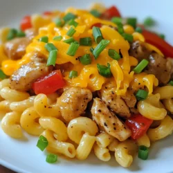 Für dieses leckere Gericht benötigst du: - 2 Tassen Ellbogen-Makkaroni - 450 g entbeinte, hautlose Hühnchenschenkel, gewürfelt - 60 ml Honig - 1 Esslöffel frisch gemahlener schwarzer Pfeffer - 1 Teelöffel Knoblauchpulver - 1 Teelöffel Zwiebelpulver - 15 ml Sojasauce - 60 ml Paprika, gewürfelt (rot und gelb) - 60 ml Frühlingszwiebeln, in Scheiben geschnitten - 240 g geriebener Cheddar-Käse - 1 Esslöffel Olivenöl - Salz nach Geschmack Diese Zutaten geben dem Gericht seinen tollen Geschmack. Die Gewürze sind der Schlüssel zu diesem Rezept. - Der Honig bringt eine süße Note. - Der schwarze Pfeffer fügt Schärfe hinzu. - Knoblauchpulver und Zwiebelpulver geben Tiefe. - Die Sojasauce sorgt für Umami. Diese Aromen harmonieren perfekt mit dem Hühnchen und den Makkaroni. Frische Zutaten machen das Gericht noch besser. - Verwende frische Paprika, um mehr Geschmack zu bekommen. - Frühlingszwiebeln bringen Frische und Farbe. - Du kannst auch Erbsen oder Spinat hinzufügen. Diese frischen Zutaten erhöhen den Nährwert und machen das Gericht bunter. {{ingredient_image_2}} Koche einen großen Topf mit gesalzenem Wasser. Bring das Wasser zum Kochen. Füge die Ellbogen-Makkaroni hinzu. Koche sie gemäß den Anweisungen auf der Verpackung. Es dauert etwa 8 bis 10 Minuten. Sobald sie fertig sind, gieße sie ab und stelle sie beiseite. Nimm eine große Schüssel und gib die gewürfelten Hühnchenschenkel hinein. Füge 60 ml Honig, 1 Esslöffel frisch gemahlenen schwarzen Pfeffer, 1 Teelöffel Knoblauchpulver, 1 Teelöffel Zwiebelpulver und 15 ml Sojasauce hinzu. Mische alles gut, bis das Hühnchen gleichmäßig eingekleidet ist. Lass es für 10 Minuten marinieren. Erhitze 1 Esslöffel Olivenöl in einer großen Pfanne auf mittlerer Hitze. Gib das marinierte Hühnchen in die Pfanne. Brate es für etwa 6 bis 8 Minuten. Rühre es regelmäßig um, bis es durchgegart ist. Es sollte leicht karamellisiert sein. Füge dann die gewürfelten Paprika hinzu und brate sie 2 bis 3 Minuten mit. Füge die gekochten Makkaroni in die Pfanne mit dem Hühnchen hinzu. Mische alles gründlich, bis die Nudeln gut durchwärmt sind. Nimm die Pfanne vom Herd und rühre 240 g geriebenen Cheddar-Käse ein. Warte, bis der Käse schmilzt. Schmecke mit Salz ab. Garniere die Makkaroni mit frischen Frühlingszwiebeln. Jetzt ist dein Honig-Pfeffer-Hühnchen-Mac bereit! Um zartes Hühnchen zu erhalten, marinierst du das Fleisch. Nutze Honig, Pfeffer und Sojasauce. Lass das Hühnchen mindestens 30 Minuten marinieren. So zieht der Geschmack ein und das Fleisch bleibt saftig. Wenn du wenig Zeit hast, reicht auch eine kurze Marinierzeit. Das Braten bei mittlerer Hitze hilft, das Hühnchen gleichmäßig zu garen. So wird es außen schön goldbraun und innen zart. Um den Käse perfekt zu schmelzen, nimm ihn rechtzeitig aus dem Kühlschrank. Lass ihn Raumtemperatur annehmen. Dies hilft, dass er gleichmäßiger schmilzt. Nimm die Pfanne vom Herd, bevor du den Käse hinzufügst. Rühre den Käse schnell ein, bis er schmilzt. Cheddar-Käse ist ideal, aber du kannst auch andere Sorten probieren. Achte darauf, dass der Käse frisch ist für den besten Geschmack. Serviere die Honig-Pfeffer-Hühnchen-Makronen mit frischen Salaten. Ein grüner Salat oder ein Gurkensalat passt gut. Du kannst auch knuspriges Brot als Beilage anbieten. Für etwas mehr Farbe füge gegrilltes Gemüse hinzu. Das bringt zusätzliche Textur und Geschmack. Wenn du es würziger magst, serviere mit scharfer Sauce oder frischen Chilischoten. Pro Tipps Hühnchen marinieren: Lass das gewürfelte Hühnchen mindestens 30 Minuten in der Marinade ruhen, um die Aromen noch intensiver zu machen. Käsewahl: Experimentiere mit verschiedenen Käsesorten wie Gouda oder Mozzarella für einen anderen Geschmack und eine variierende Konsistenz. Gemüsevariationen: Füge zusätzliches Gemüse wie Zucchini oder Brokkoli hinzu, um das Gericht nährstoffreicher und bunter zu gestalten. Nudeln al dente kochen: Achte darauf, die Makkaroni al dente zu kochen, damit sie beim Mischen mit der Sauce nicht zu weich werden. {{image_4}} Wenn du eine vegetarische oder vegane Variante von Honig-Pfeffer-Hühnchen-Makronen zubereiten möchtest, gibt es viele Optionen. Du kannst das Hühnchen einfach durch Tofu ersetzen. Tofu nimmt den Geschmack der Marinade gut auf. Verwende festeren Tofu, um die beste Textur zu erzielen. Du kannst auch Kichererbsen oder Linsen verwenden. Diese liefern eine gute Proteinquelle und passen perfekt zu den Gewürzen. Wenn du es schärfer magst, füge etwas mehr Pfeffer hinzu oder verwende Chili-Pulver. Eine andere Möglichkeit ist, frische Jalapeños in die Mischung einzufügen. Du kannst auch scharfe Sojasauce oder Sriracha verwenden. Diese Zutaten geben dem Gericht eine köstliche Schärfe. Achte darauf, die Schärfe nach deinem Geschmack anzupassen. So machst du das Gericht ganz nach deinem Wunsch. Für den Käse kannst du kreativ sein. Anstelle von Cheddar probiere Gouda oder Mozzarella. Gouda bringt einen milden, cremigen Geschmack. Mozzarella schmilzt schön und macht die Makkaroni besonders lecker. Wenn du es würziger magst, verwende Feta oder Blauschimmelkäse. Diese Käsearten verleihen dem Gericht eine neue Geschmacksrichtung. Experimentiere und finde deine Lieblingskombination! Um Reste von Honig-Pfeffer-Hühnchen-Makronen gut zu lagern, nutze einen luftdichten Behälter. Lasse das Gericht auf Zimmertemperatur abkühlen, bevor du es einpackst. So bleibt der Geschmack erhalten. Du kannst die Reste bis zu drei Tage im Kühlschrank aufbewahren. Um die Makkaroni wieder aufzuwärmen, benutze eine Pfanne oder die Mikrowelle. In der Pfanne erhitze sie bei mittlerer Hitze. Füge einen kleinen Schuss Wasser oder Brühe hinzu, um die Makkaroni feucht zu halten. In der Mikrowelle solltest du es in kurzen Intervallen von 1-2 Minuten erwärmen. Rühre es zwischendurch um, damit es gleichmäßig warm wird. Im Kühlschrank bleiben die Makkaroni bis zu drei Tage frisch. Wenn du sie länger aufbewahren möchtest, friere sie ein. In einem gefrierfesten Behälter sind sie bis zu drei Monate haltbar. Denke daran, sie vorher gut abzukühlen. Zum Auftauen einfach über Nacht in den Kühlschrank legen. Ja, das Rezept ist einfach. Du kochst die Nudeln, bereitest das Hühnchen vor und brätst es. Dann fügst du die Paprika und Nudeln hinzu. Alles zusammen mischen und fertig ist das Gericht! Ja, du kannst das Rezept im Voraus machen. Koche die Nudeln und brate das Hühnchen mit den Gewürzen. Du kannst das Gericht dann im Kühlschrank aufbewahren. Vor dem Servieren einfach aufwärmen. Zu Honig-Pfeffer-Hühnchen-Makronen passen viele Beilagen. Ein frischer Salat ist eine gute Wahl. Auch gedünstetes Gemüse ergänzt die Aromen gut. Du kannst auch etwas knuspriges Brot dazu reichen. In diesem Artikel habe ich die Zutaten und Schritte für Honig-Pfeffer-Hühnchen-Makronen vorgestellt. Ich habe Tipps für zartes Hühnchen und cremigen Käse gegeben. Außerdem habe ich Variationen und Lagerinformationen erklärt. Egal, ob du das Originalrezept oder eine Variante wählst, die Zubereitung wird einfach und schmackhaft. Bereite deine Küche vor und genieße die tollen Aromen!