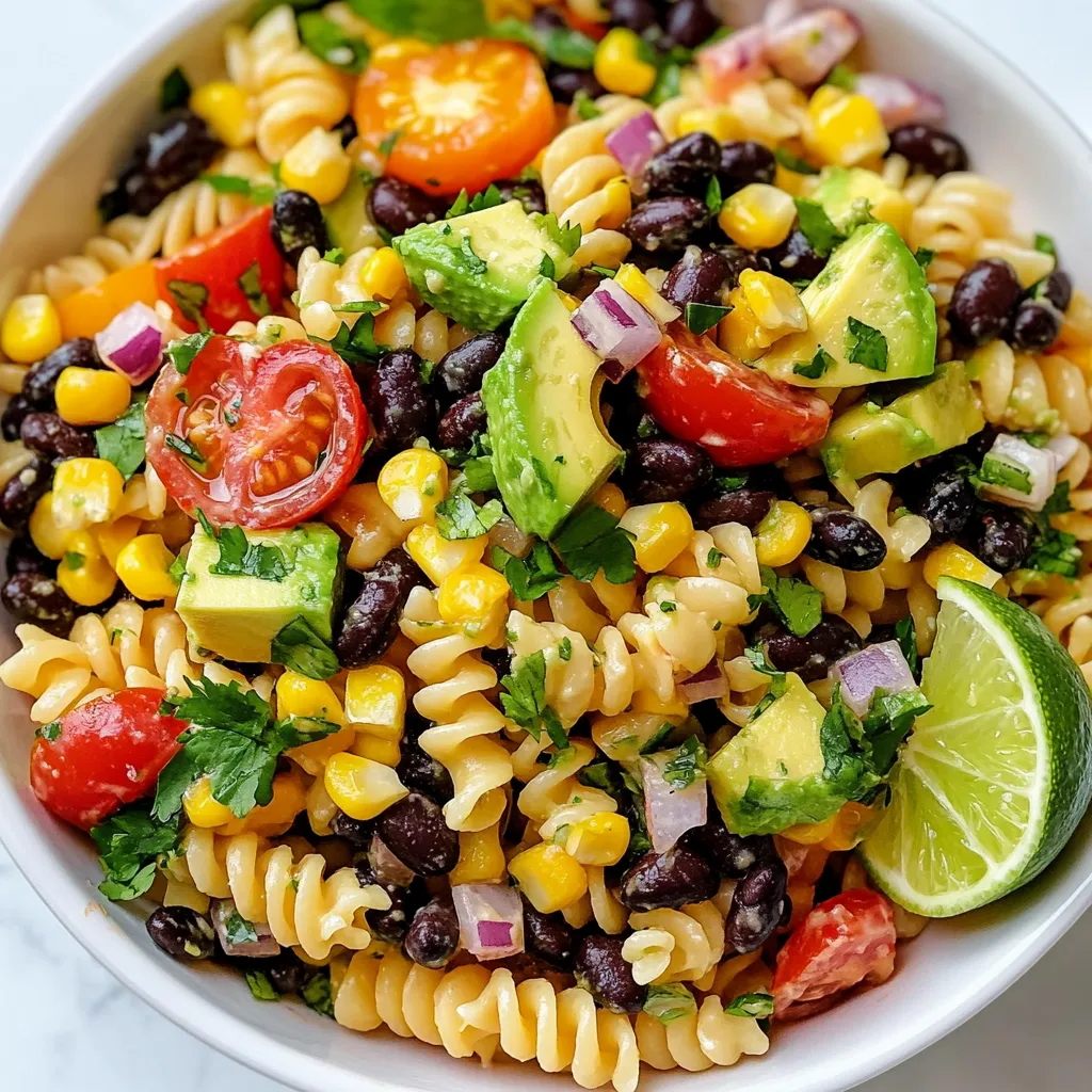 - 225 g Fusilli oder Rotini Pasta - 1 Dose schwarze Bohnen (425 g) - 1 Tasse Maiskörner - 1 rote Paprika, gewürfelt - 1 kleine rote Zwiebel, gehackt - 1 Avocado, gewürfelt - 1/2 Tasse Kirschtomaten, halbiert - 1/4 Tasse frischer Koriander, gehackt - 3 Esslöffel Olivenöl - 2 Esslöffel Limettensaft - 1 Teelöffel Kreuzkümmel - Salz und Pfeffer Um einen leckeren schwarzen Bohnen-Mais-Pasta-Salat zu machen, sind diese Zutaten wichtig. Die Pasta, die ich empfehle, sind Fusilli oder Rotini. Diese Formen nehmen das Dressing gut auf und machen den Salat spannend. Die schwarzen Bohnen bringen Protein und einen tollen Geschmack. Ich bevorzuge, sie aus der Dose zu verwenden. So spare ich Zeit beim Kochen. Frische Zutaten sind das Herz des Salats. Ich verwende immer frischen Mais, da er süß und knackig ist. Die rote Paprika gibt Farbe und einen süßen Geschmack. Die kleine rote Zwiebel sorgt für einen leichten Biss. Wenn ich Avocado hinzufüge, wird der Salat cremig. Kirschtomaten sind süß und bringen Frische. Schließlich rundet frischer Koriander den Geschmack ab. Für das Dressing verwende ich Olivenöl und Limettensaft. Diese Zutaten geben dem Salat eine frische Note. Kreuzkümmel fügt den perfekten Hauch von Würze hinzu. Salz und Pfeffer sind wichtig, um alles abzurunden. Mit diesen Zutaten wird dein Pasta-Salat frisch und nahrhaft. {{ingredient_image_2}} Um die Pasta richtig zu kochen, bringe einen großen Topf mit Salzwasser zum Kochen. Füge dann 225 g Fusilli oder Rotini Pasta hinzu. Koche die Pasta nach Packungsanweisung al dente. Das bedeutet, dass sie weich, aber noch bissfest sein sollte. Sobald die Pasta fertig ist, gieße sie ab. Spüle sie anschließend unter kaltem Wasser ab. Dies stoppt den Garprozess und verhindert, dass die Pasta klebrig wird. Stelle die abgekühlte Pasta beiseite. Das Dressing ist einfach und lecker. In einer kleinen Schüssel vermenge 3 Esslöffel Olivenöl, 2 Esslöffel Limettensaft und 1 Teelöffel Kreuzkümmel. Füge etwas Salz und Pfeffer nach Geschmack hinzu. Verquirle die Mischung gut, bis sie gleichmäßig ist. Das Dressing gibt dem Salat den perfekten Geschmack und verbindet alle Zutaten. Jetzt kommt der spaßige Teil! Nimm eine große Rührschüssel. Mische die abgekühlte Pasta, 1 Dose schwarze Bohnen (425 g), 1 Tasse Maiskörner, 1 gewürfelte rote Paprika, 1 fein gehackte rote Zwiebel, 1 gewürfelte Avocado und 1/2 Tasse halbierte Kirschtomaten. Füge 1/4 Tasse frisch gehackten Koriander hinzu. Das ist eine bunte Mischung! Gieße das Dressing gleichmäßig über den Salat. Vermenge alles vorsichtig. Achte darauf, dass alle Zutaten gut bedeckt sind. Jetzt ist dein Pasta-Salat bereit zum Genießen! Um die beste Pasta für deinen Salat zu kochen, wähle Fusilli oder Rotini. Diese Formen halten die Sauce gut. Koche die Pasta in einem großen Topf mit gesalzenem Wasser. Achte darauf, die Pasta al dente zu kochen. Lies die Packungsanweisung und halte die Zeit ein. Nach dem Kochen, gieße die Pasta ab und spüle sie sofort mit kaltem Wasser. Dies stoppt den Garprozess und verhindert, dass die Pasta matschig wird. Das Dressing ist der Schlüssel zu einem leckeren Salat. Das Grundrezept besteht aus Olivenöl, Limettensaft, Kreuzkümmel, Salz und Pfeffer. Du kannst das Dressing nach deinem Geschmack anpassen. Füge mehr Limettensaft für eine frischere Note hinzu. Wenn du es schärfer magst, probiere einen Spritzer scharfer Soße. Du kannst auch frische Kräuter wie Petersilie oder Dill einmischen, um mehr Geschmack zu erzielen. Präsentation ist wichtig! Serviere den Pasta-Salat in einer großen Schüssel. Garniere ihn mit frischem Koriander und Limettenschnitzen. Das sieht nicht nur schön aus, sondern gibt auch einen zusätzlichen Frischekick. Du kannst den Salat auch auf kleinen Tellern anrichten. So sieht jeder Teller einladend aus und ist bereit zum Genießen. Pro Tipps Pasta perfekt kochen: Achten Sie darauf, die Pasta in reichlich gesalzenem Wasser zu kochen, um den besten Geschmack zu erzielen. Abgießen und sofort mit kaltem Wasser abspülen, um ein Überkochen zu vermeiden. Frische Zutaten verwenden: Für den besten Geschmack und die beste Textur sollten Sie frische Zutaten verwenden, insbesondere bei Gemüse wie Avocado und Tomaten. Dressing anpassen: Experimentieren Sie mit den Mengen von Limettensaft und Kreuzkümmel, um das Dressing nach Ihrem Geschmack anzupassen. Ein Spritzer Honig kann auch eine interessante Süße hinzufügen. Vorausplanen: Bereiten Sie den Salat im Voraus zu und lassen Sie ihn im Kühlschrank ruhen. Die Aromen entwickeln sich über die Zeit und schmecken am nächsten Tag noch besser! {{image_4}} Für eine vegane Variante dieses Salats können Sie die folgenden Zutaten verwenden: - Ersetzen Sie die Kirschtomaten durch gewürfelte Gurken. - Verwenden Sie statt Olivenöl eine pflanzliche Mayo für das Dressing. - Wählen Sie Quinoa anstelle von Pasta für eine glutenfreie Option. Diese Anpassungen machen den Salat nahrhaft und lecker, ohne tierische Produkte. Fühlen Sie sich frei, weitere Zutaten hinzuzufügen, um den Salat aufzupeppen. Hier sind einige Ideen: - Gehackte grüne Paprika für mehr Farbe. - Schwarze Oliven für einen salzigen Kick. - Feta-Käse für eine cremige Textur. - Gegrillte Zucchini für einen rauchigen Geschmack. Experimentieren Sie mit verschiedenen Zutaten, um Ihren perfekten Salat zu finden. Das Dressing ist der Schlüssel zu einem großartigen Salat. Hier sind einige Vorschläge für verschiedene Dressings: - Verwenden Sie Balsamico-Essig anstelle von Limettensaft für einen süßeren Geschmack. - Fügen Sie eine Prise Chili-Pulver hinzu, um es schärfer zu machen. - Probieren Sie ein Avocado-Dressing für eine cremige Note. Jede dieser Variationen kann den Geschmack des Salats stark verändern. Testen Sie verschiedene Kombinationen! Um den schwarzen Bohnen Mais Pasta Salat frisch zu halten, lagere ihn im Kühlschrank. Verwende einen luftdichten Behälter, um die Feuchtigkeit zu bewahren. So bleibt der Salat knackig und lecker. Du kannst ihn bis zu drei Tage im Kühlschrank aufbewahren. Achte darauf, dass der Salat gut abgedeckt ist, um Oxidation zu vermeiden. Der Pasta-Salat hält sich gut, wenn du ihn richtig lagerst. Nach drei Tagen kann der Salat seine Frische verlieren. Die Zutaten können weich werden, und der Geschmack kann sich ändern. Wenn du die Zutaten getrennt lagerst, bleibt alles länger frisch. So kannst du die Pasta und das Dressing bis zu einer Woche aufbewahren. Mische sie erst kurz vor dem Servieren. Du kannst viele Zutaten im Voraus vorbereiten. Koche die Pasta und lasse sie abkühlen. Das Dressing kannst du auch einen Tag vorher zubereiten. Lagere es im Kühlschrank in einem separaten Behälter. Das Gemüse kannst du ebenfalls schneiden und in einem Behälter aufbewahren. So sparst du Zeit und hast alles bereit, wenn du den Salat zusammenstellen willst. Um den Salat würziger zu machen, füge frische Jalapeños oder Chilis hinzu. Schneide sie klein und mische sie mit den anderen Zutaten. Du kannst auch etwas scharfe Sauce ins Dressing geben. Ein Teelöffel gehackter Knoblauch bringt ebenfalls mehr Geschmack. Experimentiere mit Gewürzen wie Paprika oder Cayennepfeffer. Diese Tipps passen gut zu den Bohnen und dem Mais. Ja, du kannst frische Kräuter verwenden. Petersilie ist eine gute Alternative. Sie hat einen milden Geschmack und passt gut zu den anderen Zutaten. Auch Minze kann eine frische Note bringen. Rosmarin oder Thymian sind ebenfalls möglich, aber sie haben einen stärkeren Geschmack. Achte darauf, die Menge anzupassen, damit der Geschmack nicht überhandnimmt. Ja, dieser Pasta-Salat ist gesund. Er enthält viele Nährstoffe. Schwarze Bohnen sind reich an Protein und Ballaststoffen. Sie helfen dir, satt zu bleiben. Mais liefert Vitamine und Mineralstoffe. Die Avocado bringt gesunde Fette mit. Die frischen Zutaten wie Paprika und Zwiebel liefern wichtige Vitamine. Dieser Salat ist perfekt für eine ausgewogene Ernährung. Zusammenfassend haben wir einen leckeren Pasta-Salat zubereitet. Wir haben die Hauptzutaten wie Fusilli und schwarze Bohnen verwendet. Frische Zutaten wie Paprika und Avocado machten den Salat bunt und gesund. Das Dressing aus Öl und Limettensaft gab ihm den letzten Schliff. Diese Tipps helfen, den Salat perfekt zu machen und zu variieren. Probieren Sie ihn aus und passen Sie ihn nach Ihrem Geschmack an. Ein toller Genuss, der simpel und schmackhaft ist!