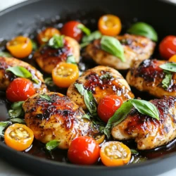 Für dieses Gericht brauchen wir 4 Hähnchenbrustfilets ohne Haut und Knochen. Diese Stücke sind mager und garen schnell. Sie sind perfekt für die Marinade und nehmen die Aromen gut auf. Die Marinade macht das Hähnchen besonders lecker. Hier sind die Zutaten: - 120 ml Balsamico-Essig - 60 ml Honig - 4 Knoblauchzehen, fein gehackt - 1 Esslöffel Dijon-Senf - 1 Teelöffel getrockneter Thymian - Salz und Pfeffer nach Geschmack Diese Zutaten sorgen für einen tollen, süß-sauren Geschmack. Der Balsamico-Essig gibt Tiefe, während der Honig für Süße sorgt. Der Knoblauch fügt einen herzhaften Geschmack hinzu. Wir verwenden auch frische Zutaten, um das Gericht aufzupeppen: - 300 g Kirschtomaten, halbiert - 1 Tasse frische Basilikumblätter, zum Garnieren Die Kirschtomaten bringen Frische und Farbe. Sie werden im Ofen weich und süß. Der frische Basilikum gibt einen tollen Duft und wird das Gericht schön abrunden. {{ingredient_image_2}} Zuerst, stellen Sie die Marinade her. Nehmen Sie eine Schüssel und geben Sie hinein: - 120 ml Balsamico-Essig - 60 ml Honig - 4 fein gehackte Knoblauchzehen - 1 Esslöffel Dijon-Senf - 1 Teelöffel getrockneten Thymian - Eine Prise Salz und Pfeffer Rühren Sie alles gut um, bis es vermischt ist. Legen Sie die Hähnchenbrustfilets in einen großen, verschließbaren Beutel oder eine Schüssel. Gießen Sie die Marinade gleichmäßig darüber. Verschließen Sie den Beutel oder decken Sie die Schüssel ab. Lassen Sie das Hähnchen mindestens 30 Minuten oder bis zu 4 Stunden marinieren. Je länger, desto besser der Geschmack. Heizen Sie den Ofen auf 200°C vor. Nehmen Sie eine große, ofenfeste Pfanne und erhitzen Sie darin 2 Esslöffel Olivenöl bei mittlerer bis hoher Hitze. Wenn das Öl heiß ist, nehmen Sie das Hähnchen aus der Marinade. Legen Sie die Hähnchenbrustfilets in die Pfanne. Braten Sie sie 4-5 Minuten auf jeder Seite an, bis sie goldbraun sind. Gießen Sie dann die aufbewahrte Marinade über das Hähnchen. Fügen Sie 300 g halbierte Kirschtomaten in die Pfanne hinzu. Die Mischung wird den Geschmack des Hähnchens verbessern. Stellen Sie die Pfanne in den vorgeheizten Ofen. Backen Sie das Hähnchen 20-25 Minuten lang. Achten Sie darauf, dass das Hähnchen eine Kerntemperatur von 75°C erreicht. Die Kirschtomaten sollten zart sein. Nehmen Sie die Pfanne aus dem Ofen und lassen Sie das Hähnchen ein paar Minuten ruhen. Vor dem Servieren streuen Sie frische Basilikumblätter darüber. Dies sorgt für eine schöne Präsentation und einen frischen Geschmack. Für die Marinade mische ich Balsamico-Essig, Honig, Knoblauch, Dijon-Senf und Thymian. Diese Mischung gibt deinem Hähnchen viel Geschmack. Lass das Hähnchen mindestens 30 Minuten marinieren. Je länger es zieht, desto besser wird der Geschmack. Ich empfehle, es bis zu vier Stunden ziehen zu lassen. Verwende immer frische Zutaten. Das macht einen großen Unterschied. Erhitze das Olivenöl in einer großen, ofenfesten Pfanne. Das Öl sollte heiß sein, bevor du das Hähnchen hinzufügst. Das Anbraten gibt dem Hähnchen eine schöne goldene Farbe. Brate jede Seite 4 bis 5 Minuten an. Achte darauf, das Hähnchen nicht zu überfüllen. So wird es gleichmäßig braun. Das Hähnchen ist gar, wenn die Kerntemperatur 75°C erreicht. Du kannst ein Fleischthermometer benutzen, um sicherzugehen. Wenn das Hähnchen so heiß ist, bleibt es saftig und zart. Lass das Hähnchen nach dem Backen ein paar Minuten ruhen. So verteilen sich die Säfte im Fleisch besser. Pro Tips Marinieren für mehr Geschmack: Lassen Sie das Hähnchen mindestens 30 Minuten marinieren, besser noch 4 Stunden, um die Aromen vollständig aufzunehmen. Perfekte Bräunung: Stellen Sie sicher, dass das Olivenöl heiß genug ist, bevor Sie das Hähnchen hinzufügen, um eine schöne goldbraune Kruste zu erzielen. Tomaten für zusätzliche Frische: Fügen Sie die Kirschtomaten in den letzten 10 Minuten des Backens hinzu, um eine perfekte Konsistenz und Farbe zu erhalten. Ruhen lassen: Lassen Sie das Hähnchen nach dem Backen einige Minuten ruhen, damit sich die Säfte setzen und das Fleisch saftig bleibt. {{image_4}} Wenn du eine vegetarische Option suchst, probiere Tofu oder Tempeh. Diese Zutaten nehmen die Marinade gut auf. Schneide den Tofu in Würfel und mariniere ihn wie das Hähnchen. Brate ihn in der Pfanne an, bis er knusprig ist. Das gibt dir eine leckere und nahrhafte Mahlzeit. Füge mehr Gemüse hinzu, um das Gericht bunter und gesünder zu machen. Paprika, Zucchini oder Brokkoli passen perfekt dazu. Schneide das Gemüse in kleine Stücke und gib es zusammen mit den Kirschtomaten in die Pfanne. So erhältst du ein komplettes Essen in einer Pfanne. Die Marinade ist flexibel. Du kannst den Honig durch Ahornsirup ersetzen, um einen anderen Geschmack zu erzielen. Füge einen Spritzer Zitronensaft für eine frische Note hinzu. Experimentiere mit Kräutern wie Oregano oder Rosmarin. So machst du das Rezept einzigartig und nach deinem Geschmack. Nach dem Kochen lass das Gericht auf Raumtemperatur abkühlen. Lege die Reste in einen luftdichten Behälter. So bleibt der Geschmack frisch. Im Kühlschrank bleibt das Hähnchen bis zu drei Tage gut. Wenn du es länger aufbewahren möchtest, nutze die Gefrieroptionen. Um die Reste aufzuwärmen, lege sie in eine Pfanne. Füge ein wenig Wasser oder Brühe hinzu. Erhitze das Hähnchen bei mittlerer Hitze, bis es warm ist. Du kannst auch die Mikrowelle nutzen. Stelle die Mikrowelle auf mittlere Leistung und decke das Gericht ab. So bleibt das Hähnchen saftig und zart. Du kannst das Hähnchen auch einfrieren. Teile die Portionen in luftdichte Behälter oder gefriergeeignete Tüten auf. Beschrifte die Tüten mit dem Datum. Im Gefrierfach hält es bis zu drei Monate. Um das Hähnchen aufzutauen, lege es über Nacht in den Kühlschrank. Erhitze es dann wie oben beschrieben. Das Hähnchen sollte mindestens 30 Minuten marinieren. So nimmt es den Geschmack gut auf. Für mehr Aroma empfehle ich, es bis zu 4 Stunden marinieren zu lassen. Wenn Sie Zeit haben, lassen Sie es länger. So wird das Fleisch zart und saftig. Ja, Sie können den Balsamico-Essig ersetzen. Eine gute Alternative ist Apfelessig. Er hat einen ähnlichen, aber milderen Geschmack. Auch Rotweinessig passt gut. Wenn Sie es süßer mögen, probieren Sie Honig- oder Traubenessig. Der Geschmack wird anders, aber trotzdem lecker. Zu One Pan Balsamic Chicken passen viele Beilagen. Kartoffeln sind eine tolle Wahl. Sie können sie einfach kochen oder rösten. Auch Reis ist eine gute Option, besonders mit dem Balsamico-Geschmack. Grünes Gemüse wie Brokkoli oder grüne Bohnen bringt Farbe auf den Teller. Ein frischer Salat rundet das Gericht ab. In diesem Blogbeitrag haben wir wichtige Zutaten und die Schritte zur Zubereitung von mariniertem Hähnchen besprochen. Ich habe Tipps gegeben, um dein Hähnchen perfekt zu marinieren und zu garen. Auch Variationen und Lagerungsmöglichkeiten wurden erläutert. Denke daran, dass eine gute Marinade den Geschmack hebt. Nutze frische Zutaten, um dein Gericht zu verbessern. Mit diesen Ratschlägen kannst du leckere Mahlzeiten zaubern. Viel Spaß beim Kochen!