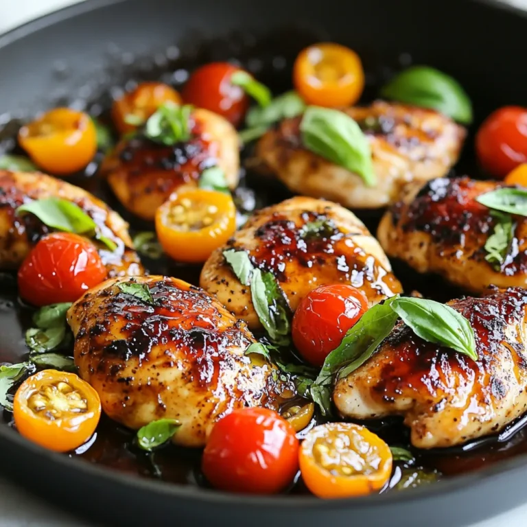 Für dieses Gericht brauchen wir 4 Hähnchenbrustfilets ohne Haut und Knochen. Diese Stücke sind mager und garen schnell. Sie sind perfekt für die Marinade und nehmen die Aromen gut auf. Die Marinade macht das Hähnchen besonders lecker. Hier sind die Zutaten: - 120 ml Balsamico-Essig - 60 ml Honig - 4 Knoblauchzehen, fein gehackt - 1 Esslöffel Dijon-Senf - 1 Teelöffel getrockneter Thymian - Salz und Pfeffer nach Geschmack Diese Zutaten sorgen für einen tollen, süß-sauren Geschmack. Der Balsamico-Essig gibt Tiefe, während der Honig für Süße sorgt. Der Knoblauch fügt einen herzhaften Geschmack hinzu. Wir verwenden auch frische Zutaten, um das Gericht aufzupeppen: - 300 g Kirschtomaten, halbiert - 1 Tasse frische Basilikumblätter, zum Garnieren Die Kirschtomaten bringen Frische und Farbe. Sie werden im Ofen weich und süß. Der frische Basilikum gibt einen tollen Duft und wird das Gericht schön abrunden. {{ingredient_image_2}} Zuerst, stellen Sie die Marinade her. Nehmen Sie eine Schüssel und geben Sie hinein: - 120 ml Balsamico-Essig - 60 ml Honig - 4 fein gehackte Knoblauchzehen - 1 Esslöffel Dijon-Senf - 1 Teelöffel getrockneten Thymian - Eine Prise Salz und Pfeffer Rühren Sie alles gut um, bis es vermischt ist. Legen Sie die Hähnchenbrustfilets in einen großen, verschließbaren Beutel oder eine Schüssel. Gießen Sie die Marinade gleichmäßig darüber. Verschließen Sie den Beutel oder decken Sie die Schüssel ab. Lassen Sie das Hähnchen mindestens 30 Minuten oder bis zu 4 Stunden marinieren. Je länger, desto besser der Geschmack. Heizen Sie den Ofen auf 200°C vor. Nehmen Sie eine große, ofenfeste Pfanne und erhitzen Sie darin 2 Esslöffel Olivenöl bei mittlerer bis hoher Hitze. Wenn das Öl heiß ist, nehmen Sie das Hähnchen aus der Marinade. Legen Sie die Hähnchenbrustfilets in die Pfanne. Braten Sie sie 4-5 Minuten auf jeder Seite an, bis sie goldbraun sind. Gießen Sie dann die aufbewahrte Marinade über das Hähnchen. Fügen Sie 300 g halbierte Kirschtomaten in die Pfanne hinzu. Die Mischung wird den Geschmack des Hähnchens verbessern. Stellen Sie die Pfanne in den vorgeheizten Ofen. Backen Sie das Hähnchen 20-25 Minuten lang. Achten Sie darauf, dass das Hähnchen eine Kerntemperatur von 75°C erreicht. Die Kirschtomaten sollten zart sein. Nehmen Sie die Pfanne aus dem Ofen und lassen Sie das Hähnchen ein paar Minuten ruhen. Vor dem Servieren streuen Sie frische Basilikumblätter darüber. Dies sorgt für eine schöne Präsentation und einen frischen Geschmack. Für die Marinade mische ich Balsamico-Essig, Honig, Knoblauch, Dijon-Senf und Thymian. Diese Mischung gibt deinem Hähnchen viel Geschmack. Lass das Hähnchen mindestens 30 Minuten marinieren. Je länger es zieht, desto besser wird der Geschmack. Ich empfehle, es bis zu vier Stunden ziehen zu lassen. Verwende immer frische Zutaten. Das macht einen großen Unterschied. Erhitze das Olivenöl in einer großen, ofenfesten Pfanne. Das Öl sollte heiß sein, bevor du das Hähnchen hinzufügst. Das Anbraten gibt dem Hähnchen eine schöne goldene Farbe. Brate jede Seite 4 bis 5 Minuten an. Achte darauf, das Hähnchen nicht zu überfüllen. So wird es gleichmäßig braun. Das Hähnchen ist gar, wenn die Kerntemperatur 75°C erreicht. Du kannst ein Fleischthermometer benutzen, um sicherzugehen. Wenn das Hähnchen so heiß ist, bleibt es saftig und zart. Lass das Hähnchen nach dem Backen ein paar Minuten ruhen. So verteilen sich die Säfte im Fleisch besser. Pro Tips Marinieren für mehr Geschmack: Lassen Sie das Hähnchen mindestens 30 Minuten marinieren, besser noch 4 Stunden, um die Aromen vollständig aufzunehmen. Perfekte Bräunung: Stellen Sie sicher, dass das Olivenöl heiß genug ist, bevor Sie das Hähnchen hinzufügen, um eine schöne goldbraune Kruste zu erzielen. Tomaten für zusätzliche Frische: Fügen Sie die Kirschtomaten in den letzten 10 Minuten des Backens hinzu, um eine perfekte Konsistenz und Farbe zu erhalten. Ruhen lassen: Lassen Sie das Hähnchen nach dem Backen einige Minuten ruhen, damit sich die Säfte setzen und das Fleisch saftig bleibt. {{image_4}} Wenn du eine vegetarische Option suchst, probiere Tofu oder Tempeh. Diese Zutaten nehmen die Marinade gut auf. Schneide den Tofu in Würfel und mariniere ihn wie das Hähnchen. Brate ihn in der Pfanne an, bis er knusprig ist. Das gibt dir eine leckere und nahrhafte Mahlzeit. Füge mehr Gemüse hinzu, um das Gericht bunter und gesünder zu machen. Paprika, Zucchini oder Brokkoli passen perfekt dazu. Schneide das Gemüse in kleine Stücke und gib es zusammen mit den Kirschtomaten in die Pfanne. So erhältst du ein komplettes Essen in einer Pfanne. Die Marinade ist flexibel. Du kannst den Honig durch Ahornsirup ersetzen, um einen anderen Geschmack zu erzielen. Füge einen Spritzer Zitronensaft für eine frische Note hinzu. Experimentiere mit Kräutern wie Oregano oder Rosmarin. So machst du das Rezept einzigartig und nach deinem Geschmack. Nach dem Kochen lass das Gericht auf Raumtemperatur abkühlen. Lege die Reste in einen luftdichten Behälter. So bleibt der Geschmack frisch. Im Kühlschrank bleibt das Hähnchen bis zu drei Tage gut. Wenn du es länger aufbewahren möchtest, nutze die Gefrieroptionen. Um die Reste aufzuwärmen, lege sie in eine Pfanne. Füge ein wenig Wasser oder Brühe hinzu. Erhitze das Hähnchen bei mittlerer Hitze, bis es warm ist. Du kannst auch die Mikrowelle nutzen. Stelle die Mikrowelle auf mittlere Leistung und decke das Gericht ab. So bleibt das Hähnchen saftig und zart. Du kannst das Hähnchen auch einfrieren. Teile die Portionen in luftdichte Behälter oder gefriergeeignete Tüten auf. Beschrifte die Tüten mit dem Datum. Im Gefrierfach hält es bis zu drei Monate. Um das Hähnchen aufzutauen, lege es über Nacht in den Kühlschrank. Erhitze es dann wie oben beschrieben. Das Hähnchen sollte mindestens 30 Minuten marinieren. So nimmt es den Geschmack gut auf. Für mehr Aroma empfehle ich, es bis zu 4 Stunden marinieren zu lassen. Wenn Sie Zeit haben, lassen Sie es länger. So wird das Fleisch zart und saftig. Ja, Sie können den Balsamico-Essig ersetzen. Eine gute Alternative ist Apfelessig. Er hat einen ähnlichen, aber milderen Geschmack. Auch Rotweinessig passt gut. Wenn Sie es süßer mögen, probieren Sie Honig- oder Traubenessig. Der Geschmack wird anders, aber trotzdem lecker. Zu One Pan Balsamic Chicken passen viele Beilagen. Kartoffeln sind eine tolle Wahl. Sie können sie einfach kochen oder rösten. Auch Reis ist eine gute Option, besonders mit dem Balsamico-Geschmack. Grünes Gemüse wie Brokkoli oder grüne Bohnen bringt Farbe auf den Teller. Ein frischer Salat rundet das Gericht ab. In diesem Blogbeitrag haben wir wichtige Zutaten und die Schritte zur Zubereitung von mariniertem Hähnchen besprochen. Ich habe Tipps gegeben, um dein Hähnchen perfekt zu marinieren und zu garen. Auch Variationen und Lagerungsmöglichkeiten wurden erläutert. Denke daran, dass eine gute Marinade den Geschmack hebt. Nutze frische Zutaten, um dein Gericht zu verbessern. Mit diesen Ratschlägen kannst du leckere Mahlzeiten zaubern. Viel Spaß beim Kochen!