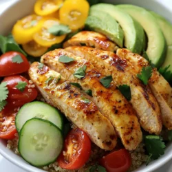 Die Hauptzutaten sind einfach und frisch. Sie bringen Farbe und Geschmack. Hier sind die wichtigsten Zutaten: - 450 g Hähnchenbrust ohne Haut und Knochen - 1 Tasse Quinoa, gewaschen - 1 Tasse Cherry-Tomaten, halbiert - 1 Tasse Gurke, gewürfelt - 1 Paprika (beliebige Farbe), gewürfelt - 1 Avocado, in Scheiben geschnitten - 1 Tasse Babyspinat Diese Zutaten geben der Bowl eine gute Basis. Hähnchen ist eine tolle Proteinquelle. Quinoa liefert Ballaststoffe und Vitamine. Das Gemüse sorgt für einen knackigen Biss. Die Gewürze machen das Hähnchen besonders lecker. Hier sind die Gewürze, die ich verwende: - 1 Esslöffel Olivenöl - 1 Teelöffel Knoblauchpulver - 1 Teelöffel geräuchertes Paprikapulver - Salz und Pfeffer nach Geschmack Die Marinade ist einfach. Olivenöl, Knoblauchpulver und Paprika geben dem Hähnchen tollen Geschmack. Marinieren Sie das Hähnchen mindestens 15 Minuten. So bleibt es saftig und aromatisch. Die Toppings heben die Bowl auf das nächste Level. Sie sind bunt und gesund. Hier sind einige Vorschläge: - Saft von 1 Zitrone - Frische Kräuter (wie Koriander oder Petersilie) Diese Toppings fügen Frische hinzu. Der Zitronensaft bringt eine spritzige Note. Die Kräuter sorgen für ein schönes Aussehen und mehr Geschmack. {{ingredient_image_2}} Zuerst marinieren wir das Hähnchen. Nimm eine kleine Schüssel und füge 1 Esslöffel Olivenöl, 1 Teelöffel Knoblauchpulver, 1 Teelöffel geräuchertes Paprikapulver, Salz und Pfeffer hinzu. Mische alles gut. Verteile die Marinade gleichmäßig auf den Hähnchenbrüsten. Lass das Hähnchen mindestens 15 Minuten marinieren. So wird es zart und voller Geschmack. Während das Hähnchen mariniert, bereiten wir die Quinoa vor. Nimm einen mittelgroßen Topf und bringe 480 ml Gemüsebrühe zum Kochen. Füge 1 Tasse gewaschene Quinoa hinzu. Reduziere die Hitze und decke den Topf ab. Lass die Quinoa etwa 15 Minuten köcheln, bis sie fluffig ist. Wenn die Flüssigkeit absorbiert ist, nimm den Topf vom Herd und lockere die Quinoa mit einer Gabel auf. Jetzt braten wir das Hähnchen. Erhitze eine beschichtete Pfanne bei mittlerer Hitze. Lege die marinierten Hähnchenbrüste in die Pfanne. Brate sie etwa 6-7 Minuten pro Seite, bis sie durchgegart sind. Die Säfte sollten klar sein. Nimm das Hähnchen vom Herd, lass es abkühlen und schneide es in Streifen. In einer großen Schüssel kombinieren wir die gekochte Quinoa mit den frischen Zutaten. Füge 1 Tasse halbierte Cherry-Tomaten, 1 Tasse gewürfelte Gurke, 1 gewürfelte Paprika und 1 Tasse Babyspinat hinzu. Beträufle alles mit dem Saft von 1 Zitrone und vermische es vorsichtig. So bleibt das Gemüse frisch und knackig. Um die Power Bowls zusammenzustellen, teile die Quinoa- und Gemüsemischung gleichmäßig auf die Servierbowls auf. Belege jede Schüssel mit den geschnittenen Hähnchenstreifen und den Avocadoscheiben. Garniere die Bowls nach Belieben mit frischen Kräutern wie Koriander oder Petersilie. Ein Spritzer Zitronensaft oder etwas Olivenöl macht das Gericht noch besser. Um die Hähnchenbrust zart und geschmackvoll zu machen, empfehle ich, sie mindestens 15 Minuten zu marinieren. Wenn du mehr Zeit hast, lasse sie bis zu 2 Stunden im Kühlschrank marinieren. Die Aromen ziehen tiefer ein und machen das Hähnchen noch leckerer. Für die Quinoa ist es wichtig, sie gut zu waschen, um Bitterstoffe zu entfernen. Koche sie in Gemüsebrühe für mehr Geschmack. Lass die Quinoa nach dem Kochen 5 Minuten ruhen, bevor du sie auflockerst. So wird sie fluffig und perfekt. Brate das marinierte Hähnchen bei mittlerer Hitze. Achte darauf, die Pfanne gut vorzuheizen. So erhält das Hähnchen eine schöne Kruste. Wende es erst, wenn es sich leicht löst. So bleibt der Saft im Fleisch. Fühle dich frei, die Zutaten nach deinem Geschmack zu ändern. Du kannst andere Gemüsesorten wie Zucchini oder Brokkoli verwenden. Für mehr Protein füge Kichererbsen oder Bohnen hinzu. Experimentiere mit verschiedenen Kräutern, um neue Aromen zu entdecken. Pro Tipps Hähnchen marinieren: Lassen Sie das Hähnchen mindestens 15 Minuten marinieren, um die Aromen intensiv zu entfalten. Quinoa richtig kochen: Achten Sie darauf, die Quinoa gründlich zu waschen, um Bitterstoffe zu entfernen, bevor Sie sie kochen. Frische Kräuter verwenden: Frische Kräuter wie Koriander oder Petersilie verleihen der Bowl zusätzlichen Geschmack und Frische. Avocado optimal schneiden: Schneiden Sie die Avocado erst kurz vor dem Servieren, damit sie nicht braun wird. {{image_4}} Wenn du eine vegetarische Power Bowl machen möchtest, ersetze das Hähnchen. Nutze stattdessen Kichererbsen oder Linsen. Sie sind reich an Protein und Ballaststoffen. Du kannst auch gebratene Tofu-Würfel verwenden. Tofu hat einen neutralen Geschmack und nimmt gut die Aromen auf. Füge mehr Gemüse wie Brokkoli oder Zucchini hinzu, um den Nährwert zu steigern. Es gibt viele andere Proteinquellen für deine Power Bowl. Probiere Quinoa oder schwarze Bohnen. Beide sind nahrhaft und lecker. Du kannst auch Grünkern oder Bulgur verwenden. Diese Körner sind gesund und geben der Bowl Textur. Für einen zusätzlichen Proteinschub füge Nüsse oder Samen hinzu. Mandeln oder Sonnenblumenkerne passen gut und bringen Crunch. Nutze saisonale Zutaten für frische Aromen. Im Frühling sind Spargel und Erbsen toll. Im Sommer kannst du Zucchini und Paprika verwenden. Im Herbst sind Kürbis und Süßkartoffeln ideal. Im Winter kannst du Wurzelgemüse wie Karotten und Rüben nutzen. Diese saisonalen Zutaten sind frisch und oft günstiger. Sie machen deine Power Bowl bunt und nahrhaft. Um die gesunde Hähnchen Power Bowl frisch zu halten, lagere sie in einem luftdichten Behälter. Du kannst die Bowls bis zu drei Tage im Kühlschrank aufbewahren. Wenn du die Hähnchenstreifen und das Gemüse getrennt lagerst, bleibt alles knusprig. Achte darauf, den Zitronensaft erst vor dem Servieren hinzuzufügen. Wenn du die Power Bowl wieder aufwärmen willst, benutze die Mikrowelle. Erwärme die Bowls in 30-Sekunden-Intervallen, bis sie warm sind. Rühre die Mischung gelegentlich um, damit sie gleichmäßig erhitzt wird. Du kannst auch eine Pfanne verwenden, um die Zutaten sanft zu erhitzen. So bleibt der Geschmack frisch. Die Haltbarkeit der Zutaten variiert: - Hähnchen: bis zu 3 Tage im Kühlschrank - Quinoa: bis zu 5 Tage, wenn gut gekühlt - Gemüse: 2-3 Tage, abhängig von der Frische - Avocado: am besten am Tag des Verzehrs verwenden Achte darauf, beim Lagern die Frische der Zutaten zu prüfen. Um die Power Bowl glutenfrei zu machen, tausche die Quinoa gegen Reis oder Hirse aus. Beide Optionen sind von Natur aus glutenfrei. Stelle sicher, dass alle anderen Zutaten, wie Gemüse und Gewürze, ebenfalls glutenfrei sind. Achte auf Labels, wenn du vorgefertigte Brühe oder Saucen kaufst. Zu dieser Power Bowl passen viele Beilagen. Ein frischer grüner Salat ergänzt die Aromen gut. Auch gegrilltes Gemüse ist eine tolle Wahl. Du kannst auch etwas Hummus oder Joghurt dazu servieren. Diese Beilagen bringen zusätzliche Frische und Geschmack. Die Nährwerte variieren je nach Portion. Im Durchschnitt enthält eine Portion etwa: - Kalorien: 450 - Protein: 35 g - Kohlenhydrate: 40 g - Fett: 15 g Diese Bowl bietet eine ausgewogene Mischung aus Nährstoffen und ist sehr sättigend. Wenn du Quinoa ersetzen möchtest, probiere Reis, Bulgur oder sogar Linsen. Reis ist einfach zu finden und lecker. Bulgur hat einen nussigen Geschmack und ist schnell zubereitet. Linsen sind eine gute Proteinquelle und fügen eine schöne Textur hinzu. Zusammenfassend haben wir die Hauptzutaten und die Zubereitung der gesunden Hähnchen Power Bowl besprochen. Ich habe dir Tipps gegeben, wie du die Marinade und das Quinoa optimierst. Variationen für verschiedene Geschmäcker sind ebenfalls wichtig. Neben dem Lagerungshinweis habe ich die häufigsten Fragen klargestellt. Power Bowls sind einfach und gesund. Probiere die Rezepte aus und lass deiner Kreativität freien Lauf!