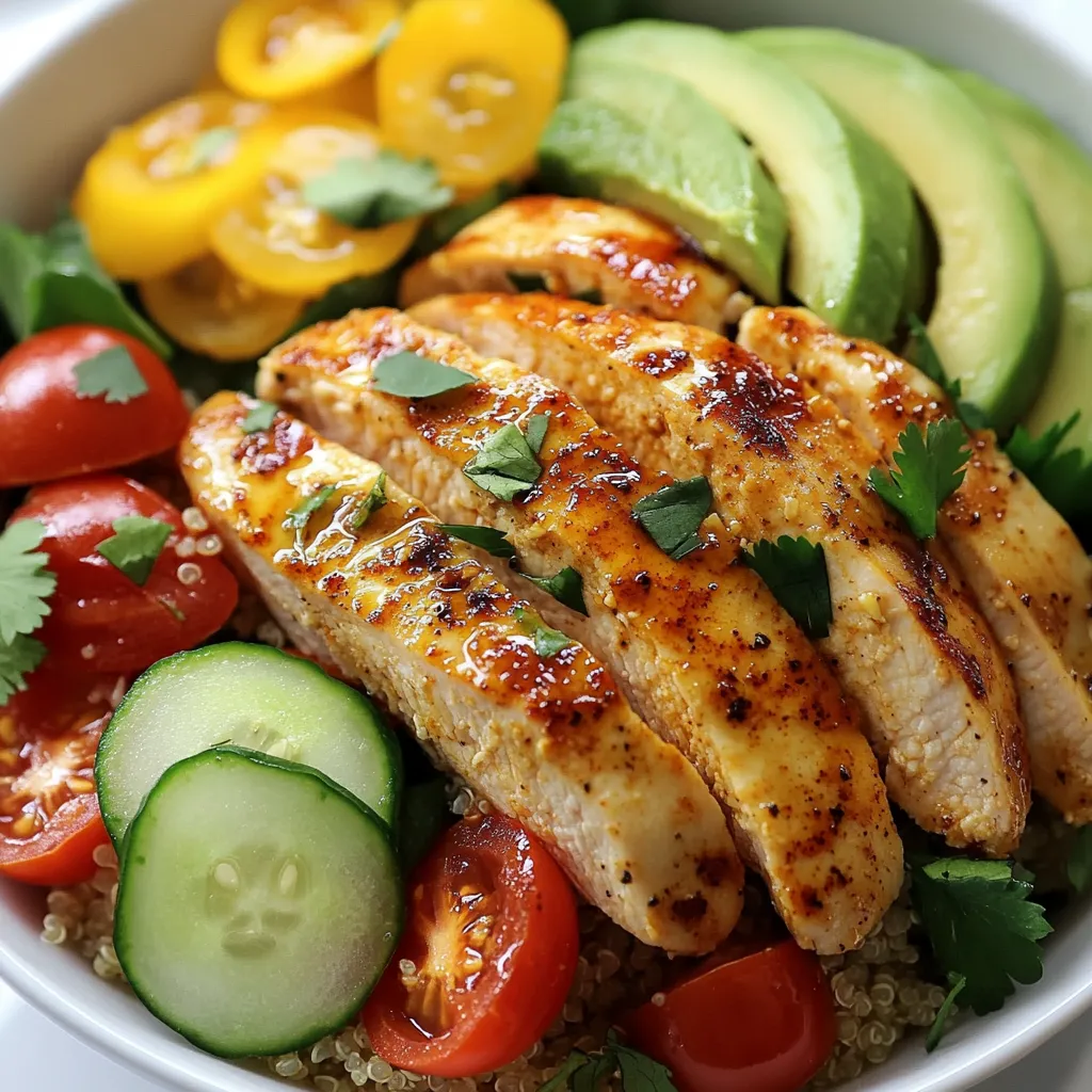 Die Hauptzutaten sind einfach und frisch. Sie bringen Farbe und Geschmack. Hier sind die wichtigsten Zutaten: - 450 g Hähnchenbrust ohne Haut und Knochen - 1 Tasse Quinoa, gewaschen - 1 Tasse Cherry-Tomaten, halbiert - 1 Tasse Gurke, gewürfelt - 1 Paprika (beliebige Farbe), gewürfelt - 1 Avocado, in Scheiben geschnitten - 1 Tasse Babyspinat Diese Zutaten geben der Bowl eine gute Basis. Hähnchen ist eine tolle Proteinquelle. Quinoa liefert Ballaststoffe und Vitamine. Das Gemüse sorgt für einen knackigen Biss. Die Gewürze machen das Hähnchen besonders lecker. Hier sind die Gewürze, die ich verwende: - 1 Esslöffel Olivenöl - 1 Teelöffel Knoblauchpulver - 1 Teelöffel geräuchertes Paprikapulver - Salz und Pfeffer nach Geschmack Die Marinade ist einfach. Olivenöl, Knoblauchpulver und Paprika geben dem Hähnchen tollen Geschmack. Marinieren Sie das Hähnchen mindestens 15 Minuten. So bleibt es saftig und aromatisch. Die Toppings heben die Bowl auf das nächste Level. Sie sind bunt und gesund. Hier sind einige Vorschläge: - Saft von 1 Zitrone - Frische Kräuter (wie Koriander oder Petersilie) Diese Toppings fügen Frische hinzu. Der Zitronensaft bringt eine spritzige Note. Die Kräuter sorgen für ein schönes Aussehen und mehr Geschmack. {{ingredient_image_2}} Zuerst marinieren wir das Hähnchen. Nimm eine kleine Schüssel und füge 1 Esslöffel Olivenöl, 1 Teelöffel Knoblauchpulver, 1 Teelöffel geräuchertes Paprikapulver, Salz und Pfeffer hinzu. Mische alles gut. Verteile die Marinade gleichmäßig auf den Hähnchenbrüsten. Lass das Hähnchen mindestens 15 Minuten marinieren. So wird es zart und voller Geschmack. Während das Hähnchen mariniert, bereiten wir die Quinoa vor. Nimm einen mittelgroßen Topf und bringe 480 ml Gemüsebrühe zum Kochen. Füge 1 Tasse gewaschene Quinoa hinzu. Reduziere die Hitze und decke den Topf ab. Lass die Quinoa etwa 15 Minuten köcheln, bis sie fluffig ist. Wenn die Flüssigkeit absorbiert ist, nimm den Topf vom Herd und lockere die Quinoa mit einer Gabel auf. Jetzt braten wir das Hähnchen. Erhitze eine beschichtete Pfanne bei mittlerer Hitze. Lege die marinierten Hähnchenbrüste in die Pfanne. Brate sie etwa 6-7 Minuten pro Seite, bis sie durchgegart sind. Die Säfte sollten klar sein. Nimm das Hähnchen vom Herd, lass es abkühlen und schneide es in Streifen. In einer großen Schüssel kombinieren wir die gekochte Quinoa mit den frischen Zutaten. Füge 1 Tasse halbierte Cherry-Tomaten, 1 Tasse gewürfelte Gurke, 1 gewürfelte Paprika und 1 Tasse Babyspinat hinzu. Beträufle alles mit dem Saft von 1 Zitrone und vermische es vorsichtig. So bleibt das Gemüse frisch und knackig. Um die Power Bowls zusammenzustellen, teile die Quinoa- und Gemüsemischung gleichmäßig auf die Servierbowls auf. Belege jede Schüssel mit den geschnittenen Hähnchenstreifen und den Avocadoscheiben. Garniere die Bowls nach Belieben mit frischen Kräutern wie Koriander oder Petersilie. Ein Spritzer Zitronensaft oder etwas Olivenöl macht das Gericht noch besser. Um die Hähnchenbrust zart und geschmackvoll zu machen, empfehle ich, sie mindestens 15 Minuten zu marinieren. Wenn du mehr Zeit hast, lasse sie bis zu 2 Stunden im Kühlschrank marinieren. Die Aromen ziehen tiefer ein und machen das Hähnchen noch leckerer. Für die Quinoa ist es wichtig, sie gut zu waschen, um Bitterstoffe zu entfernen. Koche sie in Gemüsebrühe für mehr Geschmack. Lass die Quinoa nach dem Kochen 5 Minuten ruhen, bevor du sie auflockerst. So wird sie fluffig und perfekt. Brate das marinierte Hähnchen bei mittlerer Hitze. Achte darauf, die Pfanne gut vorzuheizen. So erhält das Hähnchen eine schöne Kruste. Wende es erst, wenn es sich leicht löst. So bleibt der Saft im Fleisch. Fühle dich frei, die Zutaten nach deinem Geschmack zu ändern. Du kannst andere Gemüsesorten wie Zucchini oder Brokkoli verwenden. Für mehr Protein füge Kichererbsen oder Bohnen hinzu. Experimentiere mit verschiedenen Kräutern, um neue Aromen zu entdecken. Pro Tipps Hähnchen marinieren: Lassen Sie das Hähnchen mindestens 15 Minuten marinieren, um die Aromen intensiv zu entfalten. Quinoa richtig kochen: Achten Sie darauf, die Quinoa gründlich zu waschen, um Bitterstoffe zu entfernen, bevor Sie sie kochen. Frische Kräuter verwenden: Frische Kräuter wie Koriander oder Petersilie verleihen der Bowl zusätzlichen Geschmack und Frische. Avocado optimal schneiden: Schneiden Sie die Avocado erst kurz vor dem Servieren, damit sie nicht braun wird. {{image_4}} Wenn du eine vegetarische Power Bowl machen möchtest, ersetze das Hähnchen. Nutze stattdessen Kichererbsen oder Linsen. Sie sind reich an Protein und Ballaststoffen. Du kannst auch gebratene Tofu-Würfel verwenden. Tofu hat einen neutralen Geschmack und nimmt gut die Aromen auf. Füge mehr Gemüse wie Brokkoli oder Zucchini hinzu, um den Nährwert zu steigern. Es gibt viele andere Proteinquellen für deine Power Bowl. Probiere Quinoa oder schwarze Bohnen. Beide sind nahrhaft und lecker. Du kannst auch Grünkern oder Bulgur verwenden. Diese Körner sind gesund und geben der Bowl Textur. Für einen zusätzlichen Proteinschub füge Nüsse oder Samen hinzu. Mandeln oder Sonnenblumenkerne passen gut und bringen Crunch. Nutze saisonale Zutaten für frische Aromen. Im Frühling sind Spargel und Erbsen toll. Im Sommer kannst du Zucchini und Paprika verwenden. Im Herbst sind Kürbis und Süßkartoffeln ideal. Im Winter kannst du Wurzelgemüse wie Karotten und Rüben nutzen. Diese saisonalen Zutaten sind frisch und oft günstiger. Sie machen deine Power Bowl bunt und nahrhaft. Um die gesunde Hähnchen Power Bowl frisch zu halten, lagere sie in einem luftdichten Behälter. Du kannst die Bowls bis zu drei Tage im Kühlschrank aufbewahren. Wenn du die Hähnchenstreifen und das Gemüse getrennt lagerst, bleibt alles knusprig. Achte darauf, den Zitronensaft erst vor dem Servieren hinzuzufügen. Wenn du die Power Bowl wieder aufwärmen willst, benutze die Mikrowelle. Erwärme die Bowls in 30-Sekunden-Intervallen, bis sie warm sind. Rühre die Mischung gelegentlich um, damit sie gleichmäßig erhitzt wird. Du kannst auch eine Pfanne verwenden, um die Zutaten sanft zu erhitzen. So bleibt der Geschmack frisch. Die Haltbarkeit der Zutaten variiert: - Hähnchen: bis zu 3 Tage im Kühlschrank - Quinoa: bis zu 5 Tage, wenn gut gekühlt - Gemüse: 2-3 Tage, abhängig von der Frische - Avocado: am besten am Tag des Verzehrs verwenden Achte darauf, beim Lagern die Frische der Zutaten zu prüfen. Um die Power Bowl glutenfrei zu machen, tausche die Quinoa gegen Reis oder Hirse aus. Beide Optionen sind von Natur aus glutenfrei. Stelle sicher, dass alle anderen Zutaten, wie Gemüse und Gewürze, ebenfalls glutenfrei sind. Achte auf Labels, wenn du vorgefertigte Brühe oder Saucen kaufst. Zu dieser Power Bowl passen viele Beilagen. Ein frischer grüner Salat ergänzt die Aromen gut. Auch gegrilltes Gemüse ist eine tolle Wahl. Du kannst auch etwas Hummus oder Joghurt dazu servieren. Diese Beilagen bringen zusätzliche Frische und Geschmack. Die Nährwerte variieren je nach Portion. Im Durchschnitt enthält eine Portion etwa: - Kalorien: 450 - Protein: 35 g - Kohlenhydrate: 40 g - Fett: 15 g Diese Bowl bietet eine ausgewogene Mischung aus Nährstoffen und ist sehr sättigend. Wenn du Quinoa ersetzen möchtest, probiere Reis, Bulgur oder sogar Linsen. Reis ist einfach zu finden und lecker. Bulgur hat einen nussigen Geschmack und ist schnell zubereitet. Linsen sind eine gute Proteinquelle und fügen eine schöne Textur hinzu. Zusammenfassend haben wir die Hauptzutaten und die Zubereitung der gesunden Hähnchen Power Bowl besprochen. Ich habe dir Tipps gegeben, wie du die Marinade und das Quinoa optimierst. Variationen für verschiedene Geschmäcker sind ebenfalls wichtig. Neben dem Lagerungshinweis habe ich die häufigsten Fragen klargestellt. Power Bowls sind einfach und gesund. Probiere die Rezepte aus und lass deiner Kreativität freien Lauf!