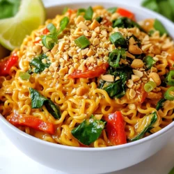 Um Spicy Peanut Ramen zuzubereiten, benötigst du einige Hauptzutaten. Du brauchst 200g Ramen-Nudeln. Diese Nudeln sind weich und ziehen die Sauce gut auf. Ein Esslöffel Sesamöl gibt einen tollen Geschmack. Eine Tasse Gemüsebrühe sorgt für die Basis der Sauce. Die cremige Erdnussbutter (1/2 Tasse) ist der Star des Gerichts. Die Gewürze und Saucen machen das Gericht besonders. Du benötigst 2 Esslöffel Sojasauce für Umami. 2 Esslöffel Sriracha-Sauce bringen die Schärfe. Du kannst die Menge nach deinem Geschmack anpassen. Ein Esslöffel Honig oder Ahornsirup sorgt für eine süße Note. Außerdem brauchst du 1 Teelöffel geriebenen Ingwer und 1 fein gehackte Knoblauchzehe. Diese beiden Zutaten bringen ein tolles Aroma in die Sauce. Frisches Gemüse bringt Farbe und Nährstoffe in dein Gericht. Eine dünn geschnittene rote Paprika sorgt für Crunch und Süße. Eine Tasse Baby-Spinat fügt gesunde Vitamine hinzu. Außerdem garnierst du das Gericht mit einer gehackten Frühlingszwiebel. Optional kannst du zerstoßene Erdnüsse und frischen Koriander verwenden. Ein Limettenviertel zum Servieren bringt Frische und einen tollen Geschmack. {{ingredient_image_2}} Zuerst koche ich die Ramen-Nudeln. Ich folge den Anweisungen auf der Verpackung. In der Regel dauert das etwa 3 bis 5 Minuten. Wenn die Nudeln fertig sind, lasse ich sie gut abtropfen. Ich stelle sie dann beiseite, damit sie nicht kleben. Jetzt bereite ich die Sauce zu. Ich erhitze 1 Esslöffel Sesamöl in einer großen Pfanne. Bei mittlerer Hitze gebe ich 1 fein gehackte Knoblauchzehe und 1 Teelöffel geriebenen Ingwer dazu. Nach 30 Sekunden duftet die Küche gut. Dann kommt 1 Tasse Gemüsebrühe, 1/2 Tasse Erdnussbutter, 2 Esslöffel Sojasauce, 2 Esslöffel Sriracha und 1 Esslöffel Honig oder Ahornsirup in die Pfanne. Ich rühre alles gut um, bis die Sauce glatt ist. Jetzt füge ich die geschnittene rote Paprika in die Pfanne. Ich gare sie 2 bis 3 Minuten, bis sie weich ist. Danach gebe ich die gekochten Ramen-Nudeln und 1 Tasse Baby-Spinat hinzu. Ich mische alles vorsichtig, damit die Nudeln die Sauce gut aufnehmen. Nach weiteren 2 bis 3 Minuten ist alles heiß und bereit. Ich serviere die Nudeln mit gehackter Frühlingszwiebel, zerstoßenen Erdnüssen, frischem Koriander und Limettenvierteln. Um die Sauce perfekt zu machen, mischen Sie die Erdnussbutter gut mit der Gemüsebrühe. Sie sollten darauf achten, dass keine Klumpen entstehen. Wenn die Sauce zu dick ist, fügen Sie mehr Brühe hinzu. Wenn sie zu dünn ist, lassen Sie die Mischung einige Minuten köcheln. So verdampft die Flüssigkeit und die Sauce wird dicker. Die Sriracha-Sauce ist der Schlüssel zur Schärfe in diesem Gericht. Wenn Sie es milder mögen, verwenden Sie weniger Sriracha. Für mehr Hitze können Sie auch etwas mehr Sriracha hinzufügen. Eine andere Möglichkeit ist, frische Chilis oder Chiliflocken hinzuzufügen. So können Sie den Schärfegrad nach Ihrem Geschmack anpassen. Die Garnierung macht das Gericht besonders. Verwenden Sie gehackte Frühlingszwiebeln und zerstoßene Erdnüsse für Crunch. Frischer Koriander verleiht einen tollen Geschmack. Servieren Sie die Ramen in einer großen Schüssel und garnieren Sie sie mit Limettenvierteln. So sieht das Gericht frisch und einladend aus. Pro Tipps Nudeln al dente kochen: Achten Sie darauf, die Ramen-Nudeln nur bis zur al dente Konsistenz zu kochen, damit sie beim Mischen mit der Sauce die perfekte Textur behalten. Variationen der Gemüse: Fühlen Sie sich frei, andere Gemüsesorten wie Brokkoli oder Zucchini hinzuzufügen, um zusätzliche Nährstoffe und Geschmack zu erhalten. Scharf anpassen: Passen Sie die Menge der Sriracha-Sauce an, um den gewünschten Schärfegrad zu erreichen. Beginnen Sie mit weniger und fügen Sie nach Geschmack mehr hinzu. Frische Kräuter: Garnieren Sie das Gericht mit frischem Koriander oder Basilikum, um einen zusätzlichen Frischekick und Geschmack zu erhalten. {{image_4}} Für eine vegetarische oder vegane Version der würzigen Erdnuss-Ramen-Nudeln kann man die Brühe anpassen. Verwende Gemüsebrühe statt Hühnerbrühe. Achte darauf, auch die Sriracha-Sauce zu prüfen. Einige Marken enthalten Fischsauce. Du kannst die Erdnussbutter auch durch Mandel- oder Cashewbutter ersetzen. Diese Alternativen bringen einen neuen Geschmack. Das Rezept bietet viele Möglichkeiten für frisches Gemüse. Du kannst Brokkoli, Karotten oder Zucchini hinzufügen. Diese Gemüse sind einfach zuzubereiten. Sie können zusammen mit der Paprika in der Pfanne gekocht werden. Möchtest du mehr Farbe? Füge gelbe Paprika oder Erbsen hinzu. Diese Optionen machen die Nudeln noch gesünder und bunter. Um die Nudeln reichhaltiger zu machen, füge eine Proteinquelle hinzu. Tofu ist eine tolle Wahl. Schneide ihn in Würfel und brate ihn in der Pfanne. Du kannst auch gebratene Garnelen oder Hühnchen verwenden. Diese Optionen bringen mehr Geschmack und Fülle. Denke daran, die Garzeit entsprechend anzupassen. So bleibt alles zart und lecker. Um Ramen-Nudeln frisch zu halten, bewahre sie an einem kühlen, trockenen Ort auf. Schütze sie vor Feuchtigkeit und direkter Sonne. Wenn du die Nudeln gekocht hast, lege sie in einen luftdichten Behälter. Dies hilft, ihre Textur zu bewahren. Du kannst die gekochten Nudeln auch mit etwas Öl vermischen. So kleben sie nicht zusammen. Gekochte Ramen-Nudeln halten sich im Kühlschrank etwa 3 bis 5 Tage. Stelle sicher, dass sie gut abgedeckt sind. Wenn du sie länger aufbewahren möchtest, kannst du sie einfrieren. In einem gefrierfesten Behälter bleiben sie bis zu 2 Monate frisch. Um die Ramen-Nudeln wieder aufzuwärmen, nutze einen Topf oder die Mikrowelle. Für den Topf erwärme etwas Wasser, füge die Nudeln hinzu und koche sie kurz. In der Mikrowelle, erhitze die Nudeln in einem geeigneten Behälter mit etwas Wasser. Dies hilft, die Nudeln weich zu machen. Achte darauf, die Nudeln nicht zu lange zu erhitzen, damit sie nicht matschig werden. Um die Ramen-Nudeln schärfer zu machen, füge mehr Sriracha-Sauce hinzu. Du kannst auch frische Chilis oder rote Pfefferflocken verwenden. Diese sind großartige Optionen, um mehr Hitze hinzuzufügen. Achte darauf, die Schärfe langsam zu steigern. So kannst du den Geschmack besser kontrollieren. Ja, du kannst andere Nudelarten verwenden. Reisnudeln oder Udon-Nudeln passen gut zu diesem Rezept. Achte darauf, die Kochzeit entsprechend anzupassen. Jede Nudel hat ihre eigene Kochzeit, also achte auf die Verpackung. So stellst du sicher, dass die Nudeln perfekt gar werden. Ramen stammt ursprünglich aus Japan. Die Nudeln haben chinesische Wurzeln. Sie wurden im späten 19. Jahrhundert nach Japan gebracht. Ramen ist in Japan sehr beliebt und hat viele regionale Varianten. Diese machen Ramen zu einem tollen Gericht für jeden Geschmack. Ramen ist einfach und lecker. Du hast gelernt, welche Zutaten gebraucht werden und wie man sie zubereitet. Die Tipps helfen dir, die perfekte Sauce zu machen. Vergiss nicht, verschiedene Variationen auszuprobieren, um neue Geschmäcker zu entdecken. Ramen ist flexibel und macht viel Spaß. Achte auf die Lagerung, damit du lange Freude daran hast. Mit diesen Informationen kannst du dein eigenes Ramen-Gericht zaubern. Viel Spaß beim Kochen!