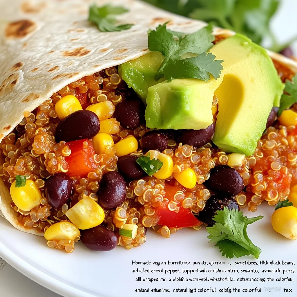 Die Hauptzutaten sind einfach und gesund. Sie brauchen: - 1 Tasse gekochte Quinoa - 1 Dose schwarze Bohnen, abgespült und abgetropft - 1 Tasse Mais, gefroren oder aus der Dose - 1 rote Paprika, gewürfelt - 1 Avocado, gewürfelt - 4 große Tortillas (Vollkorn oder Mais) Diese Zutaten sind nahrhaft und lecker. Quinoa bietet Proteine. Schwarze Bohnen sind reich an Ballaststoffen. Mais bringt Süße und eine schöne Farbe. Rote Paprika gibt einen knackigen Biss und viel Vitamin C. Avocado sorgt für Cremigkeit und gesunde Fette. Tortillas halten alles zusammen. Die Gewürze bringen Geschmack. Sie sind: - 1 Teelöffel Kreuzkümmel - 1 Teelöffel Chilipulver - Salz und Pfeffer nach Geschmack - 2 Esslöffel Limettensaft Kreuzkümmel hat einen warmen, erdigen Geschmack. Chilipulver fügt eine pikante Note hinzu. Limettensaft bringt Frische und einen spritzigen Kick. Salz und Pfeffer heben alles hervor. Diese Gewürze machen die Burritos lebhaft und spannend. Falls Sie keine Zutaten haben, gibt es tolle Alternativen. Sie können: - Quinoa durch Reis ersetzen - Schwarze Bohnen durch Kidneybohnen ersetzen - Rote Paprika durch grüne Paprika oder Zucchini ersetzen - Avocado durch Hummus oder Tofu ersetzen Diese Substitute passen gut und bieten neue Aromen. So bleiben die Burritos lecker und vielfältig. Experimentieren Sie mit dem, was Sie haben! {{ingredient_image_2}} Beginne mit der Vorbereitung der Zutaten. Du brauchst eine Tasse gekochte Quinoa. Wenn du keine Quinoa hast, kann auch Reis funktionieren. Dann nimm eine Dose schwarze Bohnen. Diese sollten gut abgespült und abgetropft sein. Als nächstes kommt der Mais. Du kannst gefrorenen oder Dosenmais verwenden. Jetzt ist die rote Paprika an der Reihe. Würfle sie in kleine Stücke. Sie gibt Farbe und Geschmack. Für die Füllung brauchst du auch eine Avocado. Diese solltest du ebenfalls würfeln. Für den Geschmack verwenden wir Kreuzkümmel und Chilipulver. Dazu kommt 2 Esslöffel frischer Limettensaft. Denke daran, auch Salz und Pfeffer bereitzuhalten. Jetzt mischst du alles in einer großen Schüssel. Gib die gekochte Quinoa, die schwarzen Bohnen, den Mais und die gewürfelte Paprika zusammen. Streue dann den Kreuzkümmel und das Chilipulver darüber. Das sorgt für einen tollen Geschmack. Träufle den Limettensaft über die Mischung. Dann rühre alles vorsichtig um. Schmecke die Mischung mit Salz und Pfeffer ab. Du kannst mehr Gewürze hinzufügen, wenn du magst. Stelle sicher, dass alles gut vermischt ist, bevor du mit dem Wickeln der Burritos beginnst. Nimm eine große Tortilla und lege sie flach auf eine saubere Fläche. Gib eine großzügige Menge der Füllung in die Mitte. Jetzt füge einige Stücke gewürfelte Avocado hinzu. Diese machen den Burrito cremig und lecker. Falte die Seiten der Tortilla nach innen. Dann rolle sie von unten auf, um einen Burrito zu formen. Achte darauf, dass die Füllung nicht herausfällt. Wiederhole diesen Schritt mit den restlichen Tortillas und der Füllung. Für einen extra knusprigen Geschmack kannst du die Burritos in einer Pfanne leicht rösten. Röste sie bei mittlerer Hitze für 2-3 Minuten pro Seite. Garniere die Burritos vor dem Servieren mit frischem Koriander. Das gibt ihnen einen frischen Touch. Um einen perfekten Burrito zu wickeln, lege die Füllung in die Mitte. Falte die Seiten zur Mitte. Danach rolle von unten nach oben. Achte darauf, dass die Füllung nicht herausfällt. Drücke die Enden leicht zusammen. Probiere es mehrmals, bis du es kannst. Übung macht den Meister! Die Füllung für Burritos ist sehr flexibel. Du kannst verschiedene Zutaten verwenden. Probiere schwarze Bohnen oder Kichererbsen. Füge mehr Gemüse wie Zucchini oder Spinat hinzu. Du kannst auch verschiedene Gewürze nutzen. Scharfe Saucen sind eine gute Wahl. So machst du die Burritos nach deinem Geschmack. Für eine schnelle Zubereitung, bereite die Zutaten im Voraus vor. Koche die Quinoa am Vortag. Das spart viel Zeit. Du kannst auch die Bohnen und das Gemüse schon schneiden. Halte alles bereit, wenn du kochen willst. So sind deine Burritos in nur wenigen Minuten fertig. Pro Tipps Avocado richtig wählen: Wählen Sie eine reife Avocado, die leicht gedrückt werden kann, aber nicht zu weich ist, um die perfekte Cremigkeit zu erreichen. Quinoa kochen: Achten Sie darauf, die Quinoa gründlich zu spülen, bevor Sie sie kochen, um den bitteren Geschmack der Saponine zu entfernen. Würzen nach Geschmack: Probieren Sie die Füllung vor dem Einwickeln und passen Sie die Gewürze nach Ihrem persönlichen Geschmack an, um das beste Aroma zu erzielen. Burritos anpassen: Fühlen Sie sich frei, andere Gemüse oder Proteine hinzuzufügen, um die Burritos nach Ihrem Geschmack zu variieren. {{image_4}} Es gibt viele Wege, die Füllung für deine Minute Vegan Burritos zu ändern. Du kannst zum Beispiel Spinat oder Zucchini hinzufügen. Karotten bringen Farbe und Süße. Wenn du etwas Schärfe magst, probiere Jalapeños. Diese Variationen machen die Burritos bunt und lecker. Wenn du mehr Protein willst, gibt es tolle Optionen. Tempeh oder Tofu sind super Alternativen. Sie sind einfach zuzubereiten und passen gut zu den anderen Zutaten. Kichererbsen sind auch eine gute Wahl. Sie geben deinen Burritos einen nussigen Geschmack und viel Nährstoffe. Jeder hat andere Vorlieben. Wenn du es mild magst, reduziere die Gewürze. Für mehr Geschmack kannst du frischen Knoblauch oder Zwiebeln hinzufügen. Wenn du es süß magst, füge etwas Mango oder Ananas hinzu. Diese Anpassungen helfen, jeden Burrito zu einem ganz persönlichen Gericht zu machen. Wenn Sie Burritos übrig haben, bewahren Sie sie richtig auf. Wickeln Sie jeden Burrito in Frischhaltefolie oder Aluminiumfolie. Legen Sie sie in einen luftdichten Behälter. So bleiben sie frisch. Sie können die Burritos bis zu drei Tage im Kühlschrank aufbewahren. Achten Sie darauf, dass sie gut verpackt sind, um das Austrocknen zu vermeiden. Um Zeit zu sparen, können Sie die Burritos im Voraus zubereiten. Bereiten Sie die Füllung am Sonntag vor. Lagern Sie sie dann in einem luftdichten Behälter. Wickeln Sie die Burritos erst kurz vor dem Essen. So bleibt die Tortilla frisch. Das spart Zeit während der Woche und sorgt für schnelle Mahlzeiten. Um die Burritos wieder aufzuwärmen, nutzen Sie die Mikrowelle oder eine Pfanne. In der Mikrowelle dauert es nur 1-2 Minuten. Wickeln Sie sie in ein feuchtes Papiertuch. So bleibt die Tortilla weich. In der Pfanne können Sie die Burritos bei mittlerer Hitze 5 Minuten auf jeder Seite rösten. So bekommen sie eine schöne, knusprige Textur. Ein veganer Burrito hat etwa 300 bis 400 Kalorien. Die genaue Zahl hängt von den Zutaten ab. Zum Beispiel, wenn du mehr Avocado oder Käse hinzufügst, steigen die Kalorien. Quinoa und Bohnen sind gesund und liefern viele Nährstoffe. Wenn du auf Kalorien achtest, wähle weniger Öl oder Käse. Ja, du kannst die Burritos im Voraus machen. Bereite die Füllung einfach einen Tag vorher. Wickele die Burritos und bewahre sie im Kühlschrank auf. Sie bleiben frisch bis zu drei Tage. Wenn du sie essen möchtest, wärme sie in der Mikrowelle oder in einer Pfanne auf. Das spart Zeit und macht das Essen schnell. Zu den Burritos passen viele Beilagen. Du kannst eine frische Salsa oder Guacamole servieren. Ein einfacher grüner Salat ist auch lecker. Wenn du es herzhaft magst, probiere schwarze Bohnen oder Reis. Diese Beilagen ergänzen die Aromen der Burritos gut und machen das Essen noch besser. Sie haben nun die Hauptzutaten, die Anleitung und nützliche Tipps für Minute Vegan Burritos. Denken Sie an Möglichkeiten zur Anpassung und Lagerung. Diese Burritos sind einfach, lecker und gesund. Experimentieren Sie mit verschiedenen Füllungen. Sie sind auch perfekt fürs Meal Prep. Vertraute Zutaten sorgen für eine schnelle Zubereitung. Genießen Sie Ihre Burritos jederzeit, auch später! Machen Sie sie zu Ihrem neuen Lieblingsgericht.