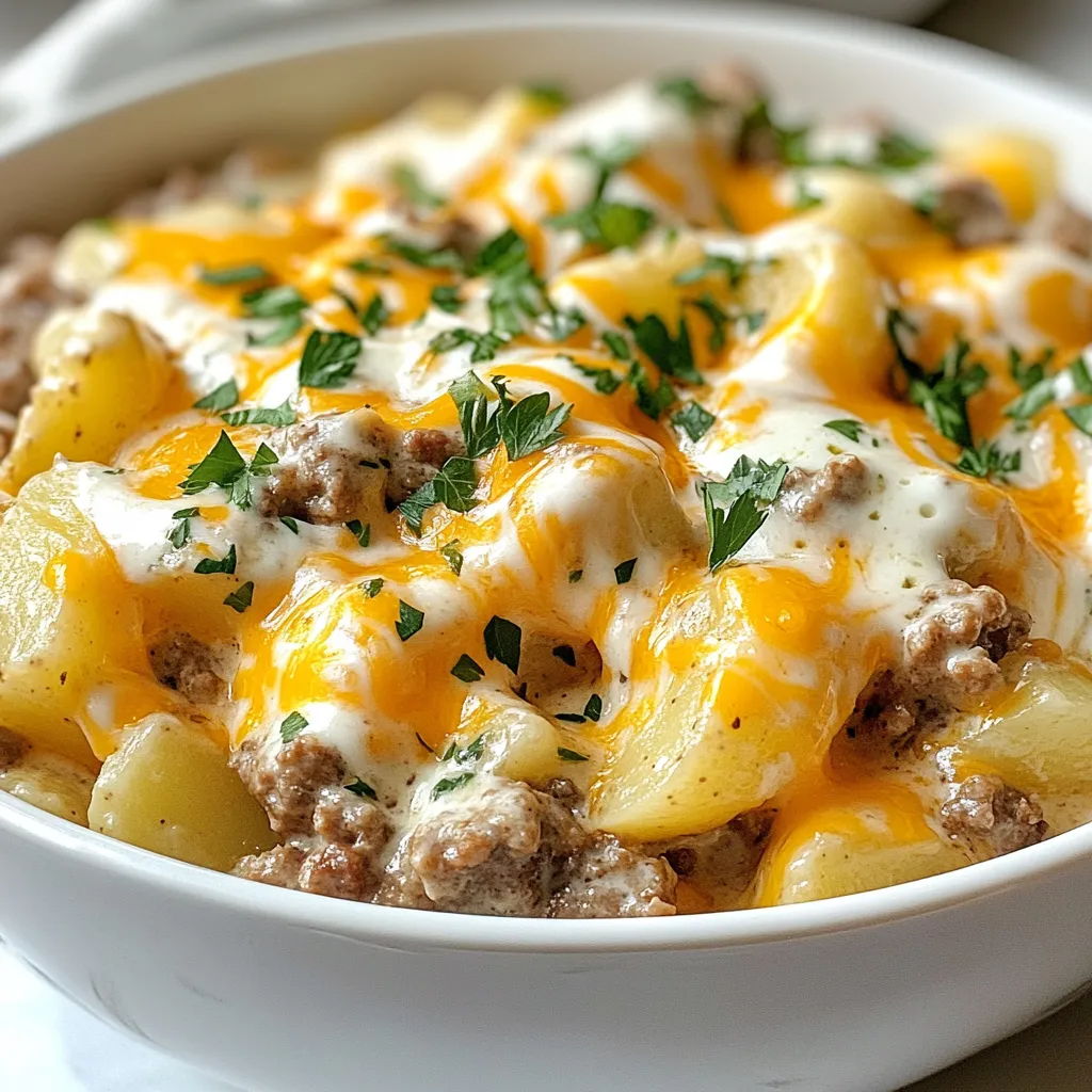 - 450 g gemahlenes Rindfleisch oder Truthahn - 4 mittelgroße Kartoffeln, gewürfelt - 240 ml Schlagsahne - 240 ml Rinderbrühe - 1 mittelgroße Zwiebel, gehackt - 2 Knoblauchzehen, fein gehackt - 1 Teelöffel Paprika - 1 Teelöffel getrockneter Thymian - Salz und Pfeffer nach Geschmack - 2 Esslöffel Olivenöl - 120 g geriebener Cheddar-Käse (optional) - Frische Petersilie zum Garnieren Ich liebe die Hauptzutaten, die diesen Gericht so herzhaft machen. Das Rindfleisch oder der Truthahn geben viel Geschmack. Die Kartoffeln machen das Gericht sehr sättigend. Schlagsahne und Rinderbrühe bringen die Cremigkeit. Diese Kombination ist einfach perfekt. Die Gewürze sind der Schlüssel zu diesem Rezept. Die Zwiebel und der Knoblauch sorgen für einen tollen Duft. Paprika gibt eine angenehme Wärme, und der Thymian bringt frische Aromen. Salz und Pfeffer runden den Geschmack ab. Ich verwende Olivenöl, um die Zwiebel und den Knoblauch anzubraten. Das gibt ihnen eine schöne goldene Farbe. Den Käse kannst du optional hinzufügen. Er macht das Gericht noch cremiger und leckerer. Frische Petersilie ist mein Geheimtipp. Sie bringt Farbe und Frische auf den Teller. Mit diesen Zutaten bist du bereit, eine köstliche cremige Fleisch- und Kartoffelpfanne zu zaubern. {{ingredient_image_2}} Zuerst hackst du die Zwiebel und den Knoblauch. Nimm ein scharfes Messer. Schneide die Zwiebel in kleine Stücke. Dann schneide den Knoblauch fein. Du kannst auch eine Reibe verwenden. Als Nächstes würfelst du die Kartoffeln. Verwende dazu auch ein scharfes Messer. Schneide die Kartoffeln in gleichmäßige Würfel. So garen sie gleichmäßig und schnell. Erhitze das Olivenöl in einer großen Pfanne. Stelle die Hitze auf mittel. Gib die Zwiebel-Knoblauch-Mischung in die Pfanne. Brate sie an, bis sie glasig sind. Das dauert etwa 2 bis 3 Minuten. Jetzt kommt das gemahlene Fleisch dazu. Füge es in die Pfanne. Zerkleinere das Fleisch mit einem Spatel. Brate es an, bis es braun ist. Das dauert 5 bis 7 Minuten. Wenn viel Fett in der Pfanne ist, gieße es ab. Rühre die gewürfelten Kartoffeln in die Pfanne. Füge Paprika, Thymian, Salz und Pfeffer hinzu. Mische alles gut. Die Kartoffeln sollten gleichmäßig gewürzt sein. Gieße die Rinderbrühe dazu. Bringe die Mischung zum Köcheln. Decke die Pfanne mit einem Deckel ab. Lass alles etwa 10 bis 12 Minuten kochen. Wenn die Kartoffeln weich sind, rühre gelegentlich um. Sobald die Kartoffeln gar sind, reduziere die Hitze auf niedrig. Gieße die Schlagsahne in die Pfanne. Rühre gut um, bis alles vermischt ist. Lass die Sauce für 5 Minuten köcheln. Sie sollte leicht eindicken. Wenn du magst, streue den geriebenen Cheddar-Käse darüber. Decke die Pfanne ab, bis der Käse schmilzt. Jetzt probiere das Gericht. Passe die Gewürze nach deinem Geschmack an. Nimm die Pfanne vom Herd. Garniere das Gericht mit frischer Petersilie. Serviere es warm und genieße dein leckeres Essen! Wie man die richtigen Kartoffeln wählt Für die cremige Fleisch- und Kartoffelpfanne sind mehlige Kartoffeln am besten. Sie werden weich und cremig. Achte darauf, dass die Kartoffeln fest und ohne Druckstellen sind. Tipps zum Würfeln für gleichmäßiges Garen Würfle die Kartoffeln in gleich große Stücke. So garen sie gleichmäßig. Halte die Würfel ungefähr 2 cm groß. Das hilft, dass sie nicht zu schnell zerfallen. Austausch von Fleischsorten Anstelle von Rindfleisch kannst du auch Truthahn verwenden. Für eine magerere Option ist Hähnchen ideal. Magst du es würziger? Probiere Lammfleisch oder Würstchen. Vegetarische Alternativen Für eine vegetarische Version kannst du das Fleisch ganz weglassen. Ersetze es durch pflanzliches Hack oder Linsen. So bleibt der Geschmack reichhaltig und lecker. Beilageempfehlungen Eine frische Salatbeilage passt gut dazu. Probiere einen einfachen Gurkensalat oder einen gemischten Salat. Auch Knoblauchbrot ergänzt das Gericht perfekt. Getränke, die gut dazu passen Ein leichter Rotwein wie Merlot harmoniert gut mit dem Gericht. Auch ein frischer, sprudelnder Apfelsaft ist eine tolle Wahl. So wird das Essen gemütlicher und leckerer. Pro Tipps Kartoffelauswahl: Wähle festkochende Kartoffeln, da sie beim Kochen ihre Form behalten und nicht zerfallen. Fett reduzieren: Wenn du das Fleisch anbrätst, achte darauf, überschüssiges Fett abzugießen, um das Gericht nicht zu schwer zu machen. Gewürze anpassen: Schmecke das Gericht gegen Ende der Kochzeit ab und passe die Gewürze nach deinem persönlichen Geschmack an. Käsevariationen: Probiere verschiedene Käsesorten aus, wie Gouda oder Mozzarella, um dem Gericht eine andere Geschmacksnote zu verleihen. {{image_4}} Du kannst die cremige Fleisch- und Kartoffelpfanne leicht aufpeppen. Füge saisonales Gemüse hinzu. Möhren, Zucchini oder Erbsen passen gut. Diese Gemüse geben Geschmack und Nährstoffe. Du kannst auch etwas Spinat oder Brokkoli hinzufügen. Beide sind lecker und gesund. Wenn du mehr Protein möchtest, probiere Bohnen oder Linsen. Diese passen gut zu Fleischgerichten. Sie machen das Gericht noch sättigender und sind nahrhaft. Für einen schärferen Geschmack kannst du Gewürze wie Cayennepfeffer oder Chili verwenden. Diese geben der Pfanne einen tollen Kick. Du kannst auch mehr Paprika hinzufügen, um den Geschmack zu variieren. Regionale Kräuter sind eine gute Idee. Frischer Schnittlauch oder Petersilie geben einen besonderen Geschmack. Rosmarin oder Basilikum sind ebenfalls gute Optionen. Diese Kräuter verleihen deinem Gericht einen einzigartigen Charakter. Hast du wenig Zeit? Du kannst eine 30-Minuten-Version machen. Verwende vorgekochte Kartoffeln oder tiefgefrorenes Gemüse. So sparst du viel Zeit beim Kochen. Ein weiterer Trick ist die Verwendung von vorgekochtem Fleisch. Das macht das Gericht schneller fertig. Du kannst auch Reste vom Vortag verwenden. Das spart Zeit und schmeckt trotzdem lecker. Um die cremige Fleisch- und Kartoffelpfanne frisch zu halten, lagere sie im Kühlschrank. Verwende einen luftdichten Behälter. So bleibt das Gericht für 3 bis 4 Tage gut. Achte darauf, dass das Gericht vollständig abgekühlt ist, bevor du es in den Kühlschrank stellst. Wenn du das Gericht länger aufbewahren möchtest, friere es ein. Verwende dafür einen gefrierfesten Behälter. Teile die Portionen in Einzelbehälter auf. So kannst du nur das aufwärmen, was du brauchst. Das Gericht bleibt im Gefrierschrank bis zu 3 Monate haltbar. Um die Pfanne aufzuwärmen, gibt es einfache Methoden. Du kannst sie in der Mikrowelle aufwärmen. Stelle die Mikrowelle auf mittlere Leistung. Erwärme das Gericht in Intervallen von 1 bis 2 Minuten. Rühre zwischendurch um, damit es gleichmäßig warm wird. Alternativ kannst du die Pfanne auf dem Herd erwärmen. Stelle die Hitze auf niedrig und füge einen Schuss Brühe oder Wasser hinzu. Rühre oft um. So bleibt das Gericht cremig und lecker. Wenn du Reste hast, gibt es viele kreative Ideen. Du kannst die Reste in ein Omelett geben. Einfach die Mischung in eine heiße Pfanne geben und Eier darüber schlagen. Eine andere Idee ist, die Reste in eine Tortilla zu wickeln. So hast du leckere Wraps für das Mittagessen. Du kannst auch die Mischung als Füllung für Paprika oder Zucchini verwenden. So bleibt das Gericht spannend und lecker! Die Zubereitung dauert insgesamt 30 Minuten. Du benötigst etwa 10 Minuten für die Vorbereitung der Zutaten. Die Kochzeit beträgt dann 20 Minuten. In dieser Zeit brätst du das Fleisch an und kochst die Kartoffeln in einer leckeren Sauce. Ja, du kannst das Rezept vegan zubereiten. Verwende statt gemahlenem Fleisch pflanzliches Hackfleisch oder Linsen. Ersetze die Schlagsahne durch Kokosmilch oder eine Soja-Alternative. Nutze Gemüsebrühe statt Rinderbrühe. Diese Optionen geben dir einen ähnlichen Geschmack. Du kannst mehrere Alternativen für Schlagsahne nutzen. Eine gute Wahl ist Kokosmilch. Sie hat eine cremige Konsistenz und einen milden Geschmack. Auch Cashewcreme funktioniert gut. Diese Optionen machen das Gericht trotzdem lecker und cremig. Ja, dieses Gericht eignet sich gut für Meal Prepping. Du kannst die Pfanne in Portionen aufteilen und im Kühlschrank lagern. Sie hält sich dort bis zu vier Tage. Du kannst die Portionen auch einfrieren. So hast du immer eine schnelle Mahlzeit zur Hand. In diesem Artikel haben wir gelernt, wie man eine cremige Fleisch- und Kartoffelpfanne zubereitet. Wir haben alle wichtigen Zutaten, die Schritte und viele hilfreiche Tipps durchgegangen. Die besten Variationen und Lagerungshinweise helfen dir, das Gericht perfekt anzupassen und aufzubewahren. Du kannst sogar Reste kreativ verwerten! Probiere das Rezept aus und genieße die Vielfalt, die du damit zaubern kannst. So wird jede Mahlzeit zu einem besonderen Erlebnis.