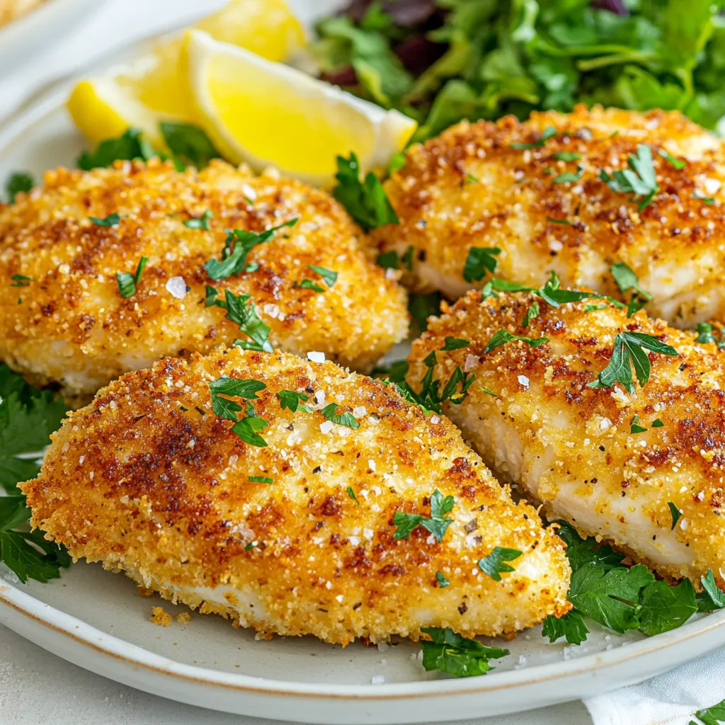 - 4 Hähnchenbrustfilets, ohne Haut und Knochen - 1 Tasse geriebener Parmesan - 1 Tasse Panko-Semmelbrösel - 2 große Eier - 1 Teelöffel Knoblauchpulver - 1 Teelöffel Zwiebelpulver - 1 Teelöffel italienische Kräutermischung - Salz und Pfeffer nach Geschmack - Kochspray oder Olivenölspray - Frische Petersilie, gehackt (zum Garnieren) Für dieses Rezept benutze ich Hähnchenbrustfilets. Sie sind zart und garen schnell. Parmesan gibt dem Hähnchen einen tollen Geschmack. Panko-Semmelbrösel machen die Kruste schön knusprig. Eier helfen, die Panade am Hähnchen zu halten. Gewürze wie Knoblauch- und Zwiebelpulver geben zusätzlichen Geschmack. Ich füge auch italienische Kräuter hinzu, um das Gericht zu verfeinern. Das Beste an diesem Rezept ist, dass du alle Zutaten einfach in deinem Supermarkt findest. Achte darauf, frische Eier und guten Parmesan zu wählen. So wird dein Gericht noch besser. Wenn du magst, kannst du auch andere Gewürze ausprobieren. Sei kreativ! {{ingredient_image_2}} Heizen Sie Ihre Heißluftfritteuse auf 200°C (400°F) vor. Dies sorgt für eine perfekte Kruste. In einer flachen Schüssel vermengen Sie die folgenden Zutaten: - 1 Tasse geriebener Parmesan - 1 Tasse Panko-Semmelbrösel - 1 Teelöffel Knoblauchpulver - 1 Teelöffel Zwiebelpulver - 1 Teelöffel italienische Kräutermischung - Salz und Pfeffer nach Geschmack Stellen Sie sicher, dass alles gut vermischt ist. So schmeckt die Panade besser. Schlagen Sie in einer separaten Schüssel zwei große Eier auf. Verquirlen Sie die Eier gut. Tauchen Sie jedes Hähnchenbrustfilet in die Eier. Achten Sie darauf, dass es vollständig bedeckt ist. Lassen Sie überschüssige Eimischung abtropfen. Danach tauchen Sie das Hähnchen in die Parmesan-Panko-Mischung. Drücken Sie leicht, damit die Panade gut anhaftet. Sprühen Sie den Korb der Heißluftfritteuse leicht mit Kochspray ein. Legen Sie die panierten Hähnchenbrustfilets in einer einzigen Schicht in den Korb. Kochen Sie das Hähnchen 10-12 Minuten lang. Wenden Sie es zur Halbzeit. Das Hähnchen ist fertig, wenn es goldbraun ist und eine Innentemperatur von 75°C (165°F) erreicht hat. Entfernen Sie das Hähnchen vorsichtig aus der Heißluftfritteuse. Lassen Sie es einige Minuten ruhen. Garnieren Sie es vor dem Servieren mit frisch gehackter Petersilie. Um die Kruste knusprig zu halten, ist die Mischung der Panade wichtig. Kombiniere den geriebenen Parmesan mit Panko-Semmelbröseln. Panko macht die Kruste besonders knusprig. Achte darauf, dass du das Hähnchen gut in der Eimischung wendest. So haftet die Panade besser. Drücke die Panade leicht an, damit sie fest bleibt. Die Innentemperatur ist der Schlüssel. Verwende ein Fleischthermometer, um sicherzugehen. Das Hähnchen muss mindestens 75°C (165°F) erreichen. So bleibt es saftig und zart. Wenn du keine Temperaturmessung hast, schneide das Hähnchen an der dicksten Stelle auf. Es sollte durchgehend weiß und saftig sein. Für eine schöne Präsentation lege das Hähnchen auf ein Holzbrett. Füge Zitronenschnitze hinzu. Diese bringen Farbe und frischeren Geschmack. Ein Beilagensalat sorgt für einen schönen Kontrast. Verwende frische Petersilie zum Garnieren. So sieht dein Gericht nicht nur gut aus, sondern schmeckt auch hervorragend. Pro Tipps Die richtige Temperatur: Stellen Sie sicher, dass Ihre Heißluftfritteuse vor dem Kochen auf die richtige Temperatur vorgeheizt ist, um eine gleichmäßige Garung und eine perfekte Kruste zu gewährleisten. Panade gut andrücken: Drücken Sie die Parmesan-Panko-Mischung fest auf das Hähnchen, damit die Panade beim Frittieren nicht abfällt und schön knusprig bleibt. Variieren Sie die Gewürze: Fühlen Sie sich frei, die Gewürze in der Panade nach Ihrem Geschmack anzupassen. Paprika oder Cayennepfeffer können für zusätzliche Wärme sorgen. Ruhen lassen: Nach dem Frittieren das Hähnchen einige Minuten ruhen lassen, damit sich die Säfte setzen und das Fleisch saftig bleibt. {{image_4}} Sie können die Gewürze nach Ihrem Geschmack anpassen. Statt italienischer Kräuter probieren Sie frische Thymian- oder Rosmarinblätter. Diese Kräuter geben dem Hähnchen einen neuen Geschmack. Auch Paprika oder Cayennepfeffer sind gute Optionen für mehr Würze. Für eine süßere Note fügen Sie ein wenig Honig oder braunen Zucker hinzu. Experimentieren Sie und finden Sie Ihre perfekte Mischung. Das Hähnchen passt gut zu vielen Beilagen. Ein frischer Blattsalat bringt Farbe auf den Tisch. Gegrilltes Gemüse sorgt für zusätzliche Nährstoffe und Geschmack. Für etwas Herzhaftes können Sie auch Kartoffelpüree oder Quinoa servieren. Diese Beilagen ergänzen die knusprige Kruste perfekt. Denken Sie auch an einen Dip wie Knoblauchsoße oder Joghurt. Für eine glutenfreie Panade nutzen Sie Mandelmehl oder gemahlene Haferflocken. Diese Alternativen bieten einen ähnlichen Crunch. Mischen Sie die glutenfreien Zutaten mit Parmesan, um die Tiefe des Geschmacks zu erhalten. Achten Sie darauf, dass alle Zutaten wirklich glutenfrei sind. So genießen Sie die knusprige Hähnchenvariante ohne Bedenken. Um das Hähnchen richtig zu lagern, lege es in einen luftdichten Behälter. Stelle sicher, dass es gut abgekühlt ist, bevor du es in den Kühlschrank stellst. So bleibt das Hähnchen frisch. Du kannst auch Frischhaltefolie verwenden, falls du keinen Behälter hast. Achte darauf, dass du das Hähnchen innerhalb von zwei Stunden nach dem Kochen lagerst. Um das Hähnchen saftig zu halten, erwärme es im Ofen. Stelle den Ofen auf 175 °C (350 °F). Lege das Hähnchen auf ein Backblech und decke es mit Aluminiumfolie ab. Dies hilft, die Feuchtigkeit zu bewahren. Erwärme das Hähnchen für etwa 15 bis 20 Minuten. So wird es nicht trocken. Das Gericht bleibt im Kühlschrank bis zu vier Tage haltbar. Achte darauf, es in einem luftdichten Behälter zu lagern. Wenn du das Hähnchen länger aufbewahren möchtest, friere es ein. Im Gefrierfach hält es bis zu drei Monate. Vor dem Essen, tau das Hähnchen im Kühlschrank auf, um die Qualität zu erhalten. Das Hähnchen braucht etwa 10 bis 12 Minuten, um gar zu werden. Du solltest die Heißluftfritteuse auf 200°C (400°F) vorheizen. Das Hähnchen wird goldbraun, wenn es fertig ist. Die Innentemperatur sollte 75°C (165°F) erreichen. Der Garprozess ist schnell und einfach. Wenn du mehr als vier Stücke machst, könnte es länger dauern. Ja, du kannst die Panade leicht ändern. Füge zum Beispiel andere Gewürze hinzu, wie Paprika oder Cayennepfeffer. Du kannst auch verschiedene Käsesorten verwenden. Mozzarella oder Cheddar geben einen anderen Geschmack. Wenn du die Textur ändern willst, probiere Cornflakes oder gemahlene Nüsse. Diese Optionen machen das Gericht noch kreativer. Auf jeden Fall! Du kannst auch Hähnchenschenkel oder Putenbrust verwenden. Die Zubereitung bleibt gleich. Auch Fischfilets wie Lachs sind eine leckere Wahl. Achte jedoch darauf, die Garzeit anzupassen. Dünnere Stücke brauchen weniger Zeit. So bleibt das Fleisch saftig und zart. Das Rezept für Hähnchenbrustfilets in der Heißluftfritteuse ist einfach und lecker. Wir haben verschiedene Zutaten wie Hähnchen, Parmesan und Panko-Semmelbrösel besprochen. Ich habe Ihnen gezeigt, wie Sie die Panade richtig anbringen und das Hähnchen perfekt garen. Nutzen Sie die Tipps, um die Kruste knusprig zu halten und tolle Beilagen auszuwählen. Denken Sie auch an Variationen wie glutenfreie Optionen. Mit diesen Schritten wird Ihr Gericht zum Hit. Genießen Sie das Kochen und die Ergebnisse Ihrer Arbeit!