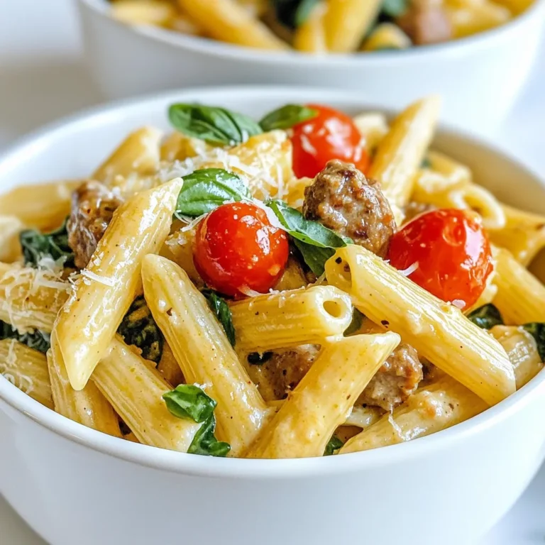 Für diese leckere Pasta brauchen wir einige Hauptzutaten: - 340 g Penne-Pasta - 450 g italienische Wurst, aus der Haut genommen - 1 Esslöffel Olivenöl - 1 kleine Zwiebel, fein gehackt - 3 Knoblauchzehen, gehackt - 240 ml Schlagsahne - 240 ml Hühnerbrühe - 100 g Spinat, grob gehackt - 150 g Kirschtomaten, halbiert Diese Zutaten sind wichtig für den Geschmack und die Textur der Pasta. Die Wurst gibt der Sauce eine schöne Tiefe. Um den Geschmack zu verfeinern, benötigen wir noch ein paar Gewürze: - 1 Teelöffel italienische Gewürzmischung - ½ Teelöffel rote Pfefferflocken (optional) - Salz und Pfeffer nach Geschmack - Frisches Basilikum, zur Garnitur - Geriebener Parmesan, zum Servieren Die Gewürze bringen das Gericht zum Leben. Basilikum und Parmesan machen das Anrichten besonders. Manchmal möchte man etwas Neues ausprobieren. Hier sind ein paar Alternativen: - Verwende statt Penne Fusilli oder Spaghetti. - Probiere Hähnchen oder Tofu anstelle von Wurst. - Füge mehr Gemüse hinzu, wie Zucchini oder Paprika. Diese Variationen können das Rezept spannend machen. So bleibt deine Pasta immer frisch und neu! {{ingredient_image_2}} Beginne mit 340 g Penne-Pasta. Koche sie in einem großen Topf mit gesalzenem Wasser. Halte dich an die Anweisungen auf der Verpackung. Du möchtest die Pasta al dente haben. Das dauert etwa 10 Minuten. Wenn sie bereit ist, gieße sie ab und stelle sie beiseite. Jetzt geht es an die Wurst. Nimm 450 g italienische Wurst und ziehe die Haut ab. Erhitze 1 Esslöffel Olivenöl in einer großen Pfanne bei mittlerer Hitze. Wenn das Öl heiß ist, füge die Wurst hinzu. Zerkleinere sie mit einem Spachtel. Brate sie 5–7 Minuten lang an, bis sie schön braun ist. Als Nächstes füge 1 kleine, fein gehackte Zwiebel und 3 gehackte Knoblauchzehen zur Wurst hinzu. Brate sie 3–4 Minuten an, bis die Zwiebel weich und duftend ist. Gieße 240 ml Hühnerbrühe und 240 ml Schlagsahne in die Pfanne. Rühre gut um, um alles zu verbinden. Jetzt kommen 1 Teelöffel italienische Gewürzmischung, ½ Teelöffel rote Pfefferflocken sowie Salz und Pfeffer nach Geschmack hinzu. Lass die Mischung sanft köcheln. Füge 100 g grob gehackten Spinat und 150 g halbierte Kirschtomaten hinzu. Rühre um und koche etwa 2–3 Minuten, bis der Spinat weich ist. Gib die gekochte Penne-Pasta in die Pfanne. Mische alles gut, damit die Pasta gleichmäßig mit der Sauce überzogen ist. Probiere die Pasta und passe den Geschmack mit mehr Salz oder Pfeffer an. Um eine cremige Sauce zu erhalten, achte auf die richtige Menge Sahne und Brühe. Die Kombination sorgt für einen vollen Geschmack. Wenn du die Sauce dicker magst, lasse sie länger köcheln. Das hilft beim Eindicken. Du kannst auch etwas Parmesan hinzufügen, um die Cremigkeit zu erhöhen. Koche die Pasta, während du die Wurst anbrätst. So sparst du Zeit. Bereite alle Zutaten im Voraus vor. Das macht den Kochprozess schneller und einfacher. Halte die Kirschtomaten und den Spinat bereit, während die Sauce köchelt. So bist du bereit, wenn es Zeit ist, alles zu kombinieren. Für die beste Präsentation serviere die Pasta in tiefen Schalen. Garniere sie mit frischem Basilikum und reichlich Parmesan. Das sieht nicht nur schön aus, es macht das Gericht auch schmackhafter. Du kannst auch etwas rote Pfefferflocken darüber streuen. Das gibt einen tollen Farbtupfer und einen kleinen Kick. Pro Tipps Wurstqualität wählen: Verwenden Sie frische, hochwertige italienische Wurst für den besten Geschmack und eine saftige Textur. Pasta al dente: Achten Sie darauf, die Pasta nur bis zur al dente-Konsistenz zu kochen, um eine angenehme Bissfestigkeit zu erhalten. Frisches Gemüse: Verwenden Sie frischen Spinat und reife Kirschtomaten für mehr Aroma und Nährstoffe in Ihrem Gericht. Parmesan frisch reiben: Reiben Sie den Parmesan frisch über die Pasta, um ein intensiveres Aroma und eine bessere Schmelze zu erzielen. {{image_4}} Wenn du eine vegetarische Option möchtest, ersetze die italienische Wurst durch gebratene Pilze oder Zucchini. Diese Gemüsesorten fügen viel Geschmack und Textur hinzu. Du kannst auch Linsen oder Kichererbsen verwenden. Sie machen das Gericht nahrhaft und lecker. Denke daran, die Gewürze leicht anzupassen, um die neuen Zutaten zu ergänzen. Penne-Pasta ist großartig, aber du kannst auch andere Formen verwenden. Fusilli, Farfalle oder Tagliatelle sind tolle Alternativen. Jede Pasta hat ihre eigene Struktur und nimmt die Sauce anders auf. Experimentiere mit dem, was du gerade hast. Das macht das Gericht spannend und abwechslungsreich. Um das Gericht aufzupeppen, spiele mit den Gewürzen. Füge frisches Basilikum oder Oregano hinzu, um den italienischen Geschmack zu verstärken. Ein Spritzer Zitronensaft bringt Frische. Für etwas Schärfe kannst du mehr rote Pfefferflocken verwenden. Sei kreativ und finde deine Lieblingskombinationen. Das macht jedes Mal Spaß beim Kochen. Wenn du Reste von der cremigen italienischen Wurst-Pasta hast, lass sie zuerst abkühlen. Fülle die Pasta in einen luftdichten Behälter. So bleibt sie frisch. Du kannst die Reste bis zu vier Tage im Kühlschrank lagern. Achte darauf, die Pasta nicht zu lange stehen zu lassen. Um die Reste wieder aufzuwärmen, gebe die Pasta in eine Pfanne. Füge einen Schuss Hühnerbrühe oder Sahne hinzu. Das hilft, die Sauce feucht zu halten. Erhitze die Pasta bei mittlerer Hitze. Rühre oft um, damit sie gleichmäßig warm wird. Du kannst die Pasta auch in der Mikrowelle erwärmen. Stelle die Mikrowelle auf mittlere Leistung und erwärme sie in kurzen Intervallen. Im Kühlschrank hält die Pasta bis zu vier Tage. Du kannst die Pasta auch einfrieren. Fülle sie in einen gefrierfesten Behälter. So bleibt sie bis zu drei Monate frisch. Zum Auftauen stelle die gefrorene Pasta einfach in den Kühlschrank. Lass sie über Nacht auftauen. Anschließend kannst du sie wie gewohnt erwärmen. Um die Sauce dicker zu machen, kannst du einige Tricks nutzen. Ein einfacher Weg ist, mehr Schlagsahne hinzuzufügen. Du kannst auch etwas Käse wie Parmesan einrühren. Eine weitere Möglichkeit ist, die Sauce länger köcheln zu lassen. Dadurch verdampft mehr Flüssigkeit und die Sauce wird dickflüssiger. Du kannst auch etwas Maisstärke mit Wasser mischen und in die Sauce rühren. So wird sie schnell dicker. Ja, du kannst die italienische Wurst leicht ersetzen. Eine gute Option ist Hähnchen- oder Rinderhackfleisch. Diese Fleischsorten geben auch tollen Geschmack. Wenn du eine vegetarische Option möchtest, probiere Linsen oder Tofu. Diese können die Wurst gut ersetzen und fügen auch Proteine hinzu. Denke daran, die Gewürze anzupassen, um den gewünschten Geschmack zu erreichen. Die Pasta hält sich im Kühlschrank etwa 3 bis 5 Tage. Wichtig ist, sie in einem luftdichten Behälter aufzubewahren. So bleibt sie frisch und lecker. Wenn du die Pasta länger aufbewahren möchtest, kannst du sie auch einfrieren. So hält sie bis zu 3 Monate. Achte darauf, die Pasta in Portionen zu teilen, um das Erwärmen zu erleichtern. Die Zutaten und die Schritt-für-Schritt-Anleitung helfen dir, ein leckeres Gericht zu zaubern. Wir haben die Hauptzutaten, Gewürze und sogar Alternativen für Variationen besprochen. Tipps für die perfekte Konsistenz und Zeitersparnis runden dein Kocherlebnis ab. Du kannst auch mit verschiedenen Variationen spielen, sei es vegetarisch oder mit neuen Gewürzen. Denke daran, die Reste richtig zu lagern, damit sie frisch bleiben. Hast du alles im Griff, wird das Kochen einfacher und spaßiger für dich. Du kannst jetzt deine Küche erobern!
