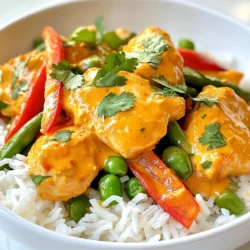 Für das Kokos-Curry-Hühnchen brauchst du einige frische und schmackhafte Zutaten. Hier ist die Liste: - 450 g Hähnchenkeulen ohne Knochen, in mundgerechte Stücke geschnitten - 1 Dose Kokosmilch (400 ml) - 2 Esslöffel rote Currypaste - 1 Esslöffel frischer Ingwer, gerieben - 1 Esslöffel Knoblauch, gehackt - 1 mittelgroße Zwiebel, gehackt - 1 rote Paprika, in Streifen geschnitten - 1 Tasse Zuckererbsen - 2 Esslöffel Sojasauce (oder Kokosaminos für eine glutenfreie Option) - 2 Esslöffel Pflanzenöl - Salz und Pfeffer nach Geschmack Die Gewürze bringen den Geschmack zum Leben. Ich nutze oft frischen Ingwer und Knoblauch. Sie geben eine tolle Tiefe. Rote Currypaste ist das Herzstück. Sie sorgt für Wärme und Farbe. Die Sojasauce fügt einen salzigen Kick hinzu. Salz und Pfeffer runden das Ganze ab. Das Gericht passt gut zu Jasminreis oder Quinoa. Diese Beilagen nehmen die Sauce auf und sind leicht zuzubereiten. Du kannst auch frisches Gemüse dazu servieren. Eine Limette bringt frische. Schneide sie in Spalten für einen spritzigen Akzent. {{ingredient_image_2}} Zuerst musst du die Zutaten sammeln. Du brauchst: - 450 g Hähnchenkeulen ohne Knochen, in Stücke geschnitten - 1 Dose Kokosmilch (400 ml) - 2 Esslöffel rote Currypaste - 1 Esslöffel frischer Ingwer, gerieben - 1 Esslöffel Knoblauch, gehackt - 1 mittelgroße Zwiebel, gehackt - 1 rote Paprika, in Streifen geschnitten - 1 Tasse Zuckererbsen - 2 Esslöffel Sojasauce - 2 Esslöffel Pflanzenöl - Frischer Koriander zum Garnieren - Gekochter Jasminreis oder Quinoa - Salz und Pfeffer nach Geschmack Sorge dafür, dass alles frisch ist. Das macht den Geschmack besser. Du kannst die Zwiebel und den Knoblauch klein hacken. Reibe den Ingwer. So sind sie bereit für die Pfanne. Erhitze das Pflanzenöl in einer großen Pfanne bei mittlerer Hitze. Füge die gehackte Zwiebel hinzu. Brate die Zwiebel etwa 3-4 Minuten an, bis sie durchsichtig ist. Dann gib den Knoblauch und den geriebenen Ingwer dazu. Rühre alles gut um, bis es aromatisch ist. Das dauert nur etwa 1 Minute. Jetzt kommt die rote Currypaste. Füge sie in die Pfanne und vermische sie gut. Lasse es 2 Minuten kochen. Dann füge die Hähnchenstücke hinzu. Rühre um, damit sie gut mit der Currypaste bedeckt sind. Koche das Hähnchen 5-7 Minuten, bis es nicht mehr rosa ist. Gieße die Kokosmilch und die Sojasauce in die Pfanne. Rühre alles gut durch und bringe es sanft zum Köcheln. Nach dem Köcheln füge die Paprika und Zuckererbsen hinzu. Koche alles für 5-10 Minuten. Das Gemüse sollte knackig zart sein, und das Hähnchen muss gut durchgegart sein. Schmecke das Curry mit Salz und Pfeffer ab. Serviere das Kokos-Curry-Hühnchen auf einem Bett aus Jasminreis oder Quinoa. Das macht das Gericht nahrhaft. Garniere es mit frischem Koriander. Für einen zusätzlichen Kick kannst du einige Limettenspalten dazugeben. Das bringt Frische in dein Gericht. Genieß es! Einer der häufigsten Fehler ist, die Currypaste zu lange zu kochen. Sie verliert dann ihre Frische. Achte darauf, die Paste nur kurz anzubraten, um den vollen Geschmack zu erhalten. Ein weiterer Fehler ist, das Gemüse zu lange zu garen. Die Paprika und Zuckererbsen sollten knackig bleiben. Überprüfe regelmäßig die Garzeit, um die perfekte Textur zu erreichen. Die Konsistenz des Currys hängt stark von der Kokosmilch ab. Wenn du eine dickere Sauce möchtest, lass das Curry länger köcheln. Umgekehrt kannst du etwas Wasser oder Brühe hinzufügen, wenn es zu dick erscheint. Rühre während des Kochens gut um, um Klumpen zu vermeiden. Das sorgt für eine gleichmäßige Textur. Für besondere Anlässe kannst du das Rezept aufwerten. Füge frische Mango für eine süße Note hinzu oder Nüsse für einen Crunch. Du kannst auch verschiedene Gemüsesorten verwenden, wie Brokkoli oder Karotten. Wenn du es schärfer magst, füge frische Chilischoten während des Kochens hinzu. Diese Variationen machen das Gericht einzigartig und passen zu jedem Anlass. Pro Tipps Hähnchen marinieren: Marinieren Sie das Hähnchen mindestens 30 Minuten vor dem Kochen, um den Geschmack zu intensivieren. Kokosmilch ersetzen: Verwenden Sie für eine leichtere Variante leichte Kokosmilch oder ungesüßte Mandelmilch. Gemüse variieren: Experimentieren Sie mit verschiedenen Gemüsesorten wie Brokkoli oder Karotten für mehr Abwechslung. Resteverwertung: Das Curry lässt sich hervorragend einfrieren und ist perfekt für schnelle Mahlzeiten. {{image_4}} Wenn du keine Hühnchen magst, gibt es tolle Alternativen. Du kannst Tofu oder Kichererbsen verwenden. Tofu hat eine gute Textur und nimmt Aromen gut auf. Kichererbsen sind proteinreich und geben dem Curry mehr Biss. Du kannst auch Gemüse wie Süßkartoffeln und Brokkoli hinzufügen. Diese sind nahrhaft und machen das Gericht bunt. Achte darauf, die Garzeit anzupassen, damit alles gleichmäßig gart. Wenn du scharfe Speisen magst, füge mehr rote Currypaste hinzu. Du kannst auch frische Chilis oder Chili-Flocken verwenden. Beginne mit einer kleinen Menge und taste dich langsam vor. Denke daran, dass die Schärfe variieren kann. Eine scharfe Version bringt mehr Geschmack und Wärme in dein Curry. Probiere auch, etwas Sriracha oder Sambal Oelek hinzuzufügen. Diese Saucen geben einen neuen Kick. Du kannst auch andere Fleischsorten verwenden. Schweinefleisch oder Rindfleisch eignen sich gut. Achte darauf, die Stücke klein zu schneiden. Das sorgt für gleichmäßiges Garen. Fisch ist auch eine gute Wahl. Lachs oder Garnelen harmonieren gut mit der Kokosmilch. Diese Alternativen bringen Abwechslung und neue Geschmäcker in dein Curry. Um Kokos-Curry-Hühnchen frisch zu halten, lagere es in einem luftdichten Behälter. Achte darauf, dass der Behälter gut verschlossen ist. So bleibt der Geschmack erhalten. Lass das Gericht vor dem Lagern auf Raumtemperatur abkühlen. Dies verhindert Kondensation und die Bildung von Bakterien. Im Kühlschrank hält sich dein Kokos-Curry-Hühnchen bis zu drei Tage. Achte darauf, es nicht länger zu lagern. Nach drei Tagen kann der Geschmack leiden und die Qualität sinken. Wenn du dir unsicher bist, schau dir das Gericht gut an. Wenn es seltsam riecht oder verfärbt ist, wirf es weg. Du kannst Kokos-Curry-Hühnchen auch einfrieren. Portioniere das Gericht in kleine Behälter oder Gefrierbeutel. So hast du immer eine Portion bereit. Im Gefrierfach bleibt das Gericht bis zu drei Monate frisch. Zum Auftauen lege es einfach über Nacht in den Kühlschrank. Du kannst es dann sanft auf dem Herd oder in der Mikrowelle erwärmen. Ja, du kannst rote Currypaste selbst machen. Mische dafür frische Zutaten. Du brauchst: - 2-3 rote Chilischoten - 1 Esslöffel Koriandersamen - 1 Esslöffel Kreuzkümmelsamen - 1 Stängel Zitronengras, gehackt - 2-3 Knoblauchzehen - 1 Stück frischen Ingwer - 1 Teelöffel Garnelenpaste (optional) Zerstoße alles in einem Mörser oder püriere es in einem Mixer. So hast du eine frische, aromatische Currypaste. Kokos-Curry-Hühnchen schmeckt toll mit verschiedenen Beilagen. Hier sind meine Favoriten: - Gekochter Jasminreis - Quinoa - Reisnudeln - Naanbrot - Ein frischer Salat Diese Beilagen ergänzen den Geschmack und machen das Essen komplett. Um das Gericht schärfer zu machen, gibt es einige einfache Möglichkeiten: - Füge mehr rote Currypaste hinzu. - Verwende frische oder getrocknete Chilischoten. - Mische eine Prise Cayennepfeffer in die Sauce. Diese Optionen geben deinem Curry einen extra Kick, der das Geschmackserlebnis intensiviert. Kokos-Curry-Hühnchen ist einfach lecker und vielseitig. Wir haben die besten Zutaten, Gewürze und Beilagen besprochen. Ich habe dir eine Schritt-für-Schritt-Anleitung gegeben, damit du das Gericht leicht zubereiten kannst. Außerdem haben wir Tipps geteilt, um häufige Fehler zu vermeiden und die perfekte Konsistenz zu erreichen. Denke auch an Variationen wie vegetarische Alternativen oder schärfere Versionen. Lagere das Gericht richtig, damit es frisch bleibt. Mit den FAQs hast du Antworten auf häufige Fragen. Probiere es aus und entdecke, wie vielfältig dieses Gericht sein kann.