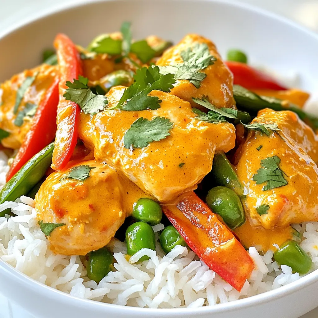 Für das Kokos-Curry-Hühnchen brauchst du einige frische und schmackhafte Zutaten. Hier ist die Liste: - 450 g Hähnchenkeulen ohne Knochen, in mundgerechte Stücke geschnitten - 1 Dose Kokosmilch (400 ml) - 2 Esslöffel rote Currypaste - 1 Esslöffel frischer Ingwer, gerieben - 1 Esslöffel Knoblauch, gehackt - 1 mittelgroße Zwiebel, gehackt - 1 rote Paprika, in Streifen geschnitten - 1 Tasse Zuckererbsen - 2 Esslöffel Sojasauce (oder Kokosaminos für eine glutenfreie Option) - 2 Esslöffel Pflanzenöl - Salz und Pfeffer nach Geschmack Die Gewürze bringen den Geschmack zum Leben. Ich nutze oft frischen Ingwer und Knoblauch. Sie geben eine tolle Tiefe. Rote Currypaste ist das Herzstück. Sie sorgt für Wärme und Farbe. Die Sojasauce fügt einen salzigen Kick hinzu. Salz und Pfeffer runden das Ganze ab. Das Gericht passt gut zu Jasminreis oder Quinoa. Diese Beilagen nehmen die Sauce auf und sind leicht zuzubereiten. Du kannst auch frisches Gemüse dazu servieren. Eine Limette bringt frische. Schneide sie in Spalten für einen spritzigen Akzent. {{ingredient_image_2}} Zuerst musst du die Zutaten sammeln. Du brauchst: - 450 g Hähnchenkeulen ohne Knochen, in Stücke geschnitten - 1 Dose Kokosmilch (400 ml) - 2 Esslöffel rote Currypaste - 1 Esslöffel frischer Ingwer, gerieben - 1 Esslöffel Knoblauch, gehackt - 1 mittelgroße Zwiebel, gehackt - 1 rote Paprika, in Streifen geschnitten - 1 Tasse Zuckererbsen - 2 Esslöffel Sojasauce - 2 Esslöffel Pflanzenöl - Frischer Koriander zum Garnieren - Gekochter Jasminreis oder Quinoa - Salz und Pfeffer nach Geschmack Sorge dafür, dass alles frisch ist. Das macht den Geschmack besser. Du kannst die Zwiebel und den Knoblauch klein hacken. Reibe den Ingwer. So sind sie bereit für die Pfanne. Erhitze das Pflanzenöl in einer großen Pfanne bei mittlerer Hitze. Füge die gehackte Zwiebel hinzu. Brate die Zwiebel etwa 3-4 Minuten an, bis sie durchsichtig ist. Dann gib den Knoblauch und den geriebenen Ingwer dazu. Rühre alles gut um, bis es aromatisch ist. Das dauert nur etwa 1 Minute. Jetzt kommt die rote Currypaste. Füge sie in die Pfanne und vermische sie gut. Lasse es 2 Minuten kochen. Dann füge die Hähnchenstücke hinzu. Rühre um, damit sie gut mit der Currypaste bedeckt sind. Koche das Hähnchen 5-7 Minuten, bis es nicht mehr rosa ist. Gieße die Kokosmilch und die Sojasauce in die Pfanne. Rühre alles gut durch und bringe es sanft zum Köcheln. Nach dem Köcheln füge die Paprika und Zuckererbsen hinzu. Koche alles für 5-10 Minuten. Das Gemüse sollte knackig zart sein, und das Hähnchen muss gut durchgegart sein. Schmecke das Curry mit Salz und Pfeffer ab. Serviere das Kokos-Curry-Hühnchen auf einem Bett aus Jasminreis oder Quinoa. Das macht das Gericht nahrhaft. Garniere es mit frischem Koriander. Für einen zusätzlichen Kick kannst du einige Limettenspalten dazugeben. Das bringt Frische in dein Gericht. Genieß es! Einer der häufigsten Fehler ist, die Currypaste zu lange zu kochen. Sie verliert dann ihre Frische. Achte darauf, die Paste nur kurz anzubraten, um den vollen Geschmack zu erhalten. Ein weiterer Fehler ist, das Gemüse zu lange zu garen. Die Paprika und Zuckererbsen sollten knackig bleiben. Überprüfe regelmäßig die Garzeit, um die perfekte Textur zu erreichen. Die Konsistenz des Currys hängt stark von der Kokosmilch ab. Wenn du eine dickere Sauce möchtest, lass das Curry länger köcheln. Umgekehrt kannst du etwas Wasser oder Brühe hinzufügen, wenn es zu dick erscheint. Rühre während des Kochens gut um, um Klumpen zu vermeiden. Das sorgt für eine gleichmäßige Textur. Für besondere Anlässe kannst du das Rezept aufwerten. Füge frische Mango für eine süße Note hinzu oder Nüsse für einen Crunch. Du kannst auch verschiedene Gemüsesorten verwenden, wie Brokkoli oder Karotten. Wenn du es schärfer magst, füge frische Chilischoten während des Kochens hinzu. Diese Variationen machen das Gericht einzigartig und passen zu jedem Anlass. Pro Tipps Hähnchen marinieren: Marinieren Sie das Hähnchen mindestens 30 Minuten vor dem Kochen, um den Geschmack zu intensivieren. Kokosmilch ersetzen: Verwenden Sie für eine leichtere Variante leichte Kokosmilch oder ungesüßte Mandelmilch. Gemüse variieren: Experimentieren Sie mit verschiedenen Gemüsesorten wie Brokkoli oder Karotten für mehr Abwechslung. Resteverwertung: Das Curry lässt sich hervorragend einfrieren und ist perfekt für schnelle Mahlzeiten. {{image_4}} Wenn du keine Hühnchen magst, gibt es tolle Alternativen. Du kannst Tofu oder Kichererbsen verwenden. Tofu hat eine gute Textur und nimmt Aromen gut auf. Kichererbsen sind proteinreich und geben dem Curry mehr Biss. Du kannst auch Gemüse wie Süßkartoffeln und Brokkoli hinzufügen. Diese sind nahrhaft und machen das Gericht bunt. Achte darauf, die Garzeit anzupassen, damit alles gleichmäßig gart. Wenn du scharfe Speisen magst, füge mehr rote Currypaste hinzu. Du kannst auch frische Chilis oder Chili-Flocken verwenden. Beginne mit einer kleinen Menge und taste dich langsam vor. Denke daran, dass die Schärfe variieren kann. Eine scharfe Version bringt mehr Geschmack und Wärme in dein Curry. Probiere auch, etwas Sriracha oder Sambal Oelek hinzuzufügen. Diese Saucen geben einen neuen Kick. Du kannst auch andere Fleischsorten verwenden. Schweinefleisch oder Rindfleisch eignen sich gut. Achte darauf, die Stücke klein zu schneiden. Das sorgt für gleichmäßiges Garen. Fisch ist auch eine gute Wahl. Lachs oder Garnelen harmonieren gut mit der Kokosmilch. Diese Alternativen bringen Abwechslung und neue Geschmäcker in dein Curry. Um Kokos-Curry-Hühnchen frisch zu halten, lagere es in einem luftdichten Behälter. Achte darauf, dass der Behälter gut verschlossen ist. So bleibt der Geschmack erhalten. Lass das Gericht vor dem Lagern auf Raumtemperatur abkühlen. Dies verhindert Kondensation und die Bildung von Bakterien. Im Kühlschrank hält sich dein Kokos-Curry-Hühnchen bis zu drei Tage. Achte darauf, es nicht länger zu lagern. Nach drei Tagen kann der Geschmack leiden und die Qualität sinken. Wenn du dir unsicher bist, schau dir das Gericht gut an. Wenn es seltsam riecht oder verfärbt ist, wirf es weg. Du kannst Kokos-Curry-Hühnchen auch einfrieren. Portioniere das Gericht in kleine Behälter oder Gefrierbeutel. So hast du immer eine Portion bereit. Im Gefrierfach bleibt das Gericht bis zu drei Monate frisch. Zum Auftauen lege es einfach über Nacht in den Kühlschrank. Du kannst es dann sanft auf dem Herd oder in der Mikrowelle erwärmen. Ja, du kannst rote Currypaste selbst machen. Mische dafür frische Zutaten. Du brauchst: - 2-3 rote Chilischoten - 1 Esslöffel Koriandersamen - 1 Esslöffel Kreuzkümmelsamen - 1 Stängel Zitronengras, gehackt - 2-3 Knoblauchzehen - 1 Stück frischen Ingwer - 1 Teelöffel Garnelenpaste (optional) Zerstoße alles in einem Mörser oder püriere es in einem Mixer. So hast du eine frische, aromatische Currypaste. Kokos-Curry-Hühnchen schmeckt toll mit verschiedenen Beilagen. Hier sind meine Favoriten: - Gekochter Jasminreis - Quinoa - Reisnudeln - Naanbrot - Ein frischer Salat Diese Beilagen ergänzen den Geschmack und machen das Essen komplett. Um das Gericht schärfer zu machen, gibt es einige einfache Möglichkeiten: - Füge mehr rote Currypaste hinzu. - Verwende frische oder getrocknete Chilischoten. - Mische eine Prise Cayennepfeffer in die Sauce. Diese Optionen geben deinem Curry einen extra Kick, der das Geschmackserlebnis intensiviert. Kokos-Curry-Hühnchen ist einfach lecker und vielseitig. Wir haben die besten Zutaten, Gewürze und Beilagen besprochen. Ich habe dir eine Schritt-für-Schritt-Anleitung gegeben, damit du das Gericht leicht zubereiten kannst. Außerdem haben wir Tipps geteilt, um häufige Fehler zu vermeiden und die perfekte Konsistenz zu erreichen. Denke auch an Variationen wie vegetarische Alternativen oder schärfere Versionen. Lagere das Gericht richtig, damit es frisch bleibt. Mit den FAQs hast du Antworten auf häufige Fragen. Probiere es aus und entdecke, wie vielfältig dieses Gericht sein kann.