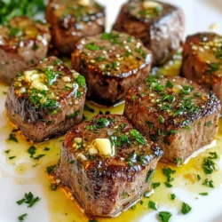 - 450 g Rinderfilet - 4 Esslöffel ungesalzene Butter - 4 Knoblauchzehen Die Hauptzutaten sind einfach und frisch. Das Rinderfilet ist zart und saftig. Verwende es für beste Ergebnisse. Butter sorgt für den reichen Geschmack. Knoblauch gibt den Steakbissen eine tolle Note. - 1 Teelöffel frischer Rosmarin - 1 Teelöffel frischer Thymian - Salz und Pfeffer nach Geschmack Die Gewürze bringen das Fleisch zum Leben. Frischer Rosmarin und Thymian sind perfekt. Sie verleihen den Steakbissen Aroma und Tiefe. Salz und Pfeffer sind wichtig für den Geschmack. Achte darauf, sie gut zu verteilen. - 1 Esslöffel gehackte Petersilie (optional) Die Petersilie ist ein schöner Farbtupfer. Sie macht das Gericht frischer und appetitlicher. Wenn du magst, streue etwas darüber. Es ist eine einfache, aber effektive Garnierung. {{ingredient_image_2}} Zuerst trocknest du die Steaks mit Küchenpapier ab. Dies hilft, das Steak gut zu bräunen. Würze die Steakwürfel mit Salz und Pfeffer. Achte darauf, dass du sie von allen Seiten gut würzt. So wird jeder Bissen lecker und vollmundig. Erhitze in einer großen Pfanne zwei Esslöffel Butter. Lasse die Butter bei mittlerer bis hoher Hitze schmelzen. Die Butter sollte leicht sprudeln. Füge dann die Steakbissen in einer einzigen Schicht hinzu. Überfülle die Pfanne nicht, sonst braten sie nicht gut. Brate die Steakbissen etwa zwei bis drei Minuten auf jeder Seite. So bekommst du eine schöne Bräunung. Nimm die Bissen nach dem Braten aus der Pfanne und lege sie auf einen Teller. Gib die restlichen zwei Esslöffel Butter in die gleiche Pfanne. Senke die Hitze auf mittlere Stufe. Lass die Butter schmelzen. Füge den gehackten Knoblauch, Rosmarin und Thymian hinzu. Sautiere alles für etwa ein bis zwei Minuten. Der Duft sollte jetzt köstlich sein. Gib die Steakbissen zurück in die Pfanne. Schwenke sie in der Knoblauchbutter-Mischung für etwa eine Minute. So werden sie gleichmäßig mit der Butter überzogen. Nimm die Pfanne vom Herd und übertrage die Steakbissen auf eine Servierplatte. Träufle die restliche Knoblauchbutter darüber. Wenn du magst, garniere die Steakbissen mit gehackter Petersilie. Die beste Temperatur für das Braten von Steakbissen liegt bei mittlerer bis hoher Hitze. Diese Hitze sorgt für eine schöne Bräunung und ein zartes Innere. Wenn die Pfanne zu kühl ist, bekommen die Steakbissen keinen guten Geschmack. Wenn sie zu heiß ist, brennen sie schnell an. Um den Gargrad zu prüfen, benutze ein Fleischthermometer. Für medium-rare sollte das Steak etwa 55–57 °C haben. Eine andere Methode ist, auf die Festigkeit des Fleisches zu drücken. Weiches Fleisch bedeutet, es ist noch roh. Festes Fleisch zeigt, dass es gut durch ist. Ich empfehle frische Kräuter für den besten Geschmack. Sie geben dem Gericht mehr Aroma und Frische. Getrocknete Kräuter sind weniger intensiv, aber auch praktisch. Wenn du frische Kräuter verwendest, achte darauf, sie erst am Ende hinzuzufügen. So bleibt ihr Geschmack stark. Pro Tipps Steak richtig vorbereiten: Die Steakwürfel vor dem Braten gut trocken tupfen, um eine perfekte Bräunung zu erzielen. Butter richtig erhitzen: Achte darauf, die Butter nicht zu verbrennen; sie sollte schäumen, aber nicht braun werden. Richtige Garzeit beachten: Die Garzeit variiert je nach Dicke der Steakbissen; benutze ein Fleischthermometer für das beste Ergebnis. Aromatisierung optimieren: Die Kräuter und den Knoblauch nur kurz anbraten, damit sie nicht verbrennen und bitter werden. {{image_4}} Du kannst Gemüse oder andere Beilagen zu deinen Steakbissen hinzufügen. Zucchini, Paprika oder Champignons passen gut. Einfach das Gemüse in die Pfanne geben, wenn du das Steak anbrätst. So erhältst du eine bunte und gesunde Mahlzeit. Du kannst auch einen frischen Salat daneben servieren. Das bringt Farbe und Knackigkeit auf den Teller. Wenn du andere Fleischarten ausprobieren möchtest, sind Hähnchen oder Schweinefleisch tolle Optionen. Hähnchenbrust kann eine leichte Wahl sein, während Schweinefilet reichhaltiger schmeckt. Achte darauf, die Garzeit anzupassen. Jedes Fleisch hat seine eigene Kochzeit. So stellst du sicher, dass alles perfekt gart. Spiele mit Gewürzen und Kräutern, um das Gericht nach deinem Geschmack anzupassen. Probiere zum Beispiel Oregano oder Basilikum für eine andere Note. Du kannst auch etwas Chili für einen scharfen Kick hinzufügen. Experimentiere mit den Aromen, um dein perfektes Gericht zu kreieren. Um die Knoblauchbutter Steakbissen frisch zu halten, lagere sie im Kühlschrank. Lege die Reste in einen luftdichten Behälter. So bleiben die Aromen erhalten. Du kannst die Steakbissen auch in Frischhaltefolie wickeln. Stelle sicher, dass sie gut abgedeckt sind. Dadurch vermeidest du, dass sie trocken werden. Wenn du die Reste aufwärmen möchtest, benutze eine Pfanne. Erhitze etwas Butter bei mittlerer Hitze. Füge die Steakbissen hinzu und brate sie kurz an. So bleiben sie saftig und zart. Du kannst auch die Mikrowelle verwenden, aber das Steak kann trocken werden. Wenn du die Mikrowelle wählst, decke das Fleisch ab. So bleibt es feucht. Die Knoblauchbutter Steakbissen bleiben im Kühlschrank etwa drei Tage frisch. Wenn du sie länger aufbewahren willst, friere sie ein. In einem luftdichten Behälter halten sie bis zu drei Monate im Gefrierfach. Achte darauf, sie gut zu beschriften, damit du weißt, was drin ist. So hast du immer ein schnelles und schmackhaftes Gericht bereit. Die Zubereitung der Steakbissen dauert insgesamt 20 Minuten. Du brauchst 10 Minuten Vorbereitungszeit. Danach kochst du die Steakbissen für etwa 10 Minuten. So kannst du schnell ein tolles Gericht zaubern. Ja, du kannst die Steakbissen im Voraus zubereiten. Koche sie wie im Rezept. Lass sie dann abkühlen und bewahre sie im Kühlschrank auf. Vor dem Servieren erwärmst du sie einfach in der Pfanne. So sparst du Zeit beim Essen. Zu Knoblauchbutter Steakbissen passen viele Beilagen. Hier sind ein paar beliebte Optionen: - Frischer Salat - Geröstetes Gemüse - Knusprige Pommes - Reis oder Quinoa - Baguette oder Brötchen Diese Beilagen ergänzen die Aromen der Steakbissen perfekt. Die Zubereitung von Knoblauchbutter-Steakbissen ist einfach und schmackhaft. Sie benötigen frisches Rinderfilet, aromatische Kräuter und ein wenig Butter. Die Schritt-für-Schritt-Anleitung macht es leicht, auch als Anfänger gute Ergebnisse zu erzielen. Achten Sie auf die Garzeit und verwenden Sie frische Zutaten, um den vollen Geschmack zu genießen. Denken Sie daran, wie Sie die Reste richtig lagern und aufwärmen. Viel Spaß beim Ausprobieren und Kosten dieser leckeren Steakbissen!