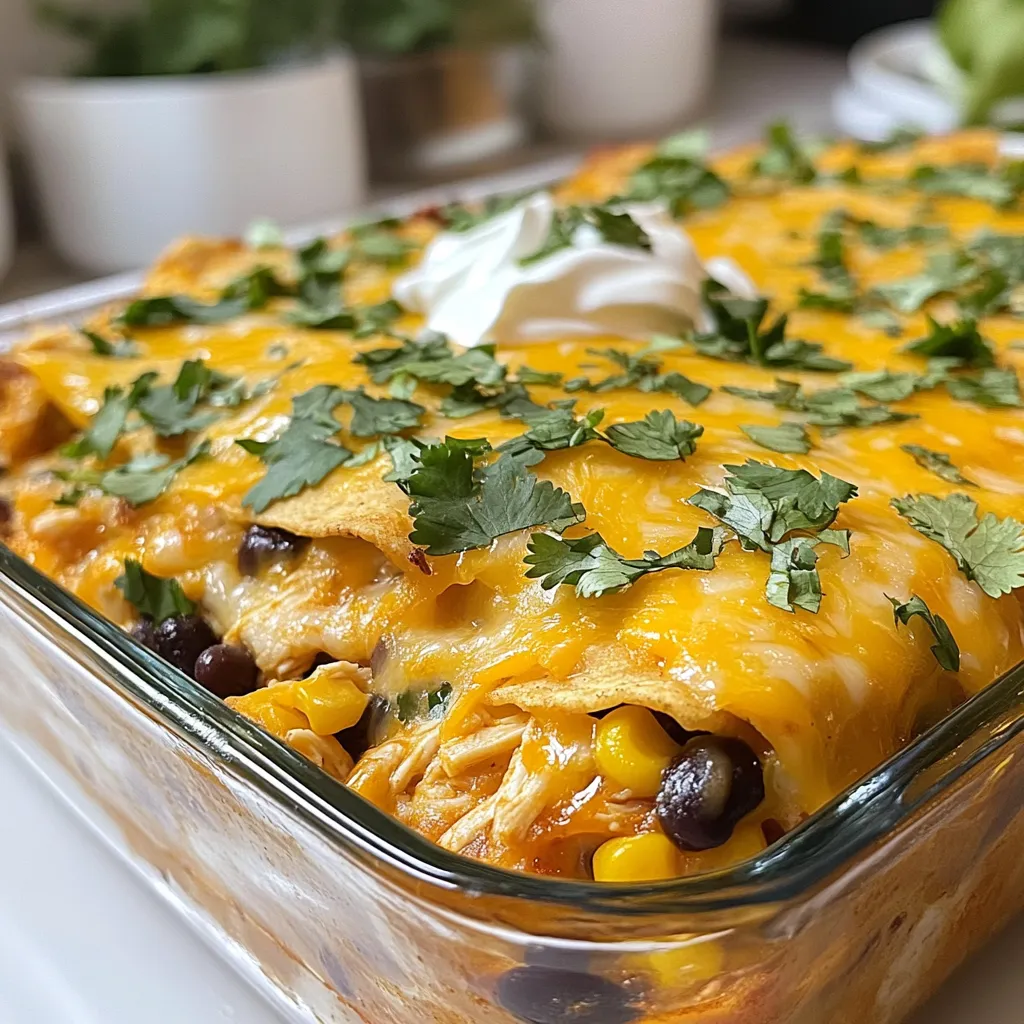 Für den Chicken Burrito Casserole braucht man einige wichtige Zutaten: - 2 Tassen gekochtes, zerrissenes Hähnchen - 1 Dose (425 g) schwarze Bohnen, abgetropft und abgespült - 1 Tasse gekochter Reis (weiß oder braun) - 1 Tasse Maiskörner (frisch, aus der Dose oder tiefgefroren) - 1 Tasse Salsa - 1 Teelöffel Kreuzkümmel - 1 Teelöffel Chilipulver - 1 Tasse geriebener Cheddar-Käse - 1 Tasse geriebener Monterey Jack-Käse - 8 große Tortillas aus Weizenmehl Diese Zutaten sorgen für einen herzhaften und leckeren Geschmack. Das Hähnchen macht den Auflauf proteinreich, während die Bohnen und der Reis für Fülle sorgen. Die Salsa bringt eine frische Note. Um den Auflauf noch besser zu machen, empfehle ich folgende Toppings: - ½ Tasse saure Sahne (zum Garnieren) - Frischer Koriander, gehackt (zur Dekoration) Die saure Sahne fügt eine cremige Textur hinzu. Der Koriander bringt frische Aromen und sieht schön aus. Falls du einige Zutaten nicht hast, gibt es Alternativen: - Verwende Rindfleisch oder Tofu anstelle von Hähnchen. - Ersetze die schwarzen Bohnen durch Kidneybohnen oder Linsen. - Nutze Quinoa anstelle von Reis für eine gesunde Variante. Diese Alternativen passen gut zum Rezept und bringen neue Geschmäcker. Experimentiere und finde deine Lieblingskombination! {{ingredient_image_2}} Heize zuerst deinen Ofen auf 180°C vor. Das gibt dem Auflauf einen guten Start. Nimm eine große Rührschüssel. Hier kommen die Hauptzutaten zusammen. Du brauchst gekochtes, zerrissenes Hähnchen, schwarze Bohnen, gekochten Reis und Mais. Vergiss die Salsa nicht! Füge auch Kreuzkümmel und Chilipulver hinzu. Rühre die Mischung gut um. In der großen Schüssel mischst du alles zusammen. Achte darauf, dass die Zutaten gut verteilt sind. Das Hähnchen gibt viel Geschmack. Die Bohnen und der Reis fügen die nötige Fülle hinzu. Die Salsa bringt Frische. Sobald du alles gut vermengt hast, ist die Mischung bereit für die Schichten. Fette eine Auflaufform leicht ein. Lege vier Tortillas auf den Boden der Form. Lass sie leicht überlappen. Verteile die Hälfte der Hähnchenmischung gleichmäßig darauf. Jetzt kommt die Käse-Schicht. Streue die Hälfte des Cheddar- und Monterey Jack-Käse darüber. Lege die restlichen Tortillas obenauf. Dann die zweite Hälfte der Hähnchenmischung und den restlichen Käse. Decke den Auflauf mit Aluminiumfolie ab. Backe ihn für 25 Minuten. Danach entferne die Folie. Backe den Auflauf für weitere 10-15 Minuten. Der Käse sollte sprudelnd und goldbraun sein. Lass den Auflauf nach dem Backen für 5 Minuten abkühlen. Jetzt ist er bereit zum Servieren! Einige Fehler können den Auflauf ruinieren. Achte darauf, das Hähnchen gut zu zerkleinern. Große Stücke können ungleichmäßig garen. Verwende frische Zutaten, wenn möglich. Alte Zutaten schmecken nicht gut. Überprüfe auch, ob die Tortillas weich genug sind. Harte Tortillas machen das Essen unangenehm. Wenn du den Käse hinzufügst, streue ihn gleichmäßig. So schmilzt er besser und wird schön goldbraun. Du kannst viele Geschmäcker hinzufügen. Probiere verschiedene Bohnen wie rote oder Pintobohnen. Füge Jalapeños für mehr Schärfe hinzu. Auch Paprika oder Zwiebeln bringen frischen Geschmack. Für eine mexikanische Note kannst du Avocado hinzufügen. Außerdem kannst du Limettensaft verwenden, um die Aromen aufzufrischen. Denke daran, mit frischen Kräutern zu experimentieren. Petersilie oder Oregano bringen einen neuen Twist. Die Wahl des Käses ist wichtig. Cheddar und Monterey Jack sind klassisch. Du kannst auch Gouda oder Mozzarella verwenden. Diese Käsesorten schmelzen gut und geben tollen Geschmack. Gewürze sind ebenfalls entscheidend. Kreuzkümmel und Chilipulver sind perfekt. Du kannst auch Paprikapulver oder Knoblauchpulver hinzufügen. Diese Gewürze machen den Auflauf noch schmackhafter. Probiere, die Gewürze nach deinem Geschmack anzupassen. So wird dein Auflauf einzigartig und lecker. Pro Tipps Käse Auswahl: Verwende eine Mischung aus verschiedenen Käsesorten, um den Geschmack zu variieren. Gouda oder Pepper Jack können eine interessante Note hinzufügen. Vegetarische Option: Ersetze das Hähnchen durch gebratene Paprika und Zucchini für eine köstliche vegetarische Variante des Auflaufs. Würze anpassen: Die Menge an Kreuzkümmel und Chilipulver kann je nach persönlichem Geschmack erhöht oder verringert werden, um die Schärfe anzupassen. Vorbereitung im Voraus: Bereite die Hähnchenmischung am Vortag vor und lagere sie im Kühlschrank, um die Zubereitungszeit am Backtag zu verkürzen. {{image_4}} Für eine vegetarische Variante tausche das Hähnchen gegen schwarze Bohnen oder Kichererbsen aus. Diese Bohnen sind proteinreich und geben dem Auflauf eine gute Textur. Du kannst auch Gemüse wie Zucchini oder Paprika hinzufügen, um mehr Geschmack zu bringen. Achte darauf, die Gewürze gleichmäßig zu verteilen, damit alles gut gewürzt ist. Wenn du das Hähnchen nicht magst, kannst du Rinderhackfleisch oder Tofu verwenden. Rinderhackfleisch gibt einen herzhaften Geschmack, während Tofu die vegane Option ist. Tofu sollte gut gewürzt und angebraten werden, bevor du ihn in den Auflauf gibst. Das sorgt für mehr Geschmack und eine tolle Konsistenz. Die Wahl der Tortillas kann den Auflauf stark beeinflussen. Weizentortillas sind weich und lecker, aber du kannst auch Maistortillas verwenden. Maistortillas sind glutenfrei und geben eine andere Textur. Wenn du etwas Knuspriges möchtest, probiere Tortilla-Chips in der oberen Schicht. Das gibt einen tollen Crunch und macht den Auflauf noch interessanter. Um die Reste deines Chicken Burrito Casserole richtig aufzubewahren, lass den Auflauf zuerst abkühlen. Dann fülle die Reste in einen luftdichten Behälter. So bleiben die Aromen frisch und der Käse wird nicht trocken. Du kannst die Reste bis zu drei Tage im Kühlschrank aufbewahren. Wenn du die Reste aufwärmen möchtest, benutze am besten den Ofen. Heize ihn auf 180°C vor. Lege den Auflauf in eine Auflaufform und decke ihn mit Folie ab. So bleibt er saftig. Backe ihn für etwa 20 Minuten oder bis er warm ist. Du kannst auch die Mikrowelle verwenden, aber die Textur wird nicht gleich sein. Erwärme die Portionen dort für 2 bis 3 Minuten. Wenn du den Auflauf länger aufbewahren möchtest, friere ihn ein. Teile ihn in Portionen und lege sie in gefriergeeignete Behälter. Du kannst den Auflauf bis zu drei Monate im Gefrierfach lassen. Um ihn aufzutauen, lege ihn über Nacht in den Kühlschrank. Danach kannst du ihn wie gewohnt aufwärmen. Die Zubereitung eines Hähnchen-Burrito-Auflaufs dauert etwa 20 Minuten. Das Backen im Ofen nimmt 25 bis 30 Minuten in Anspruch. Insgesamt bist du also mit etwa 50 Minuten dabei. Ja, du kannst frische Zutaten verwenden. Statt Dosenmais kannst du frischen Mais nehmen. Frische Bohnen sind auch eine gute Wahl. Frisches Gemüse macht den Auflauf noch besser. Um den Auflauf gesünder zu machen, kannst du Vollkorn-Tortillas verwenden. Füge mehr Gemüse wie Paprika oder Zucchini hinzu. Reduziere den Käse oder wähle fettarmen Käse. So bleibt der Geschmack, aber es wird etwas leichter. Ja, der Auflauf eignet sich für viele proteinreiche Zutaten. Du kannst Rindfleisch oder Pute verwenden. Tofu ist auch eine tolle Option für vegetarische Varianten. So hast du viel Abwechslung in deinen Gerichten. Dieser Blogbeitrag hat alle Schritte für einen köstlichen Hähnchen-Burrito-Auflauf behandelt. Wir haben die wichtigsten Zutaten und deren Alternativen besprochen. Die Schritt-für-Schritt-Anleitung macht die Zubereitung einfach. Tipps helfen, häufige Fehler zu vermeiden und die besten Geschmäcker zu finden. Mit Variationen kannst du kreativ sein, und ich habe dir gezeigt, wie du Reste richtig lagerst. Experimentiere mit den Empfehlungen und genieße die leckeren Ergebnisse!