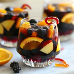 Um die Spooky Black Halloween Sangria zu machen, brauchst du folgende Hauptzutaten: - 4 Tassen schwarzer Traubensaft - 1 Tasse Sprudelwasser - 1 Tasse Granatapfelsaft - 1/2 Tasse frische Blaubeeren - 1/2 Tasse Brombeeren - 1 Orange, in Scheiben geschnitten - 1 Apfel, gewürfelt - 2 Esslöffel Limettensaft Diese Zutaten sorgen für einen tollen Geschmack und eine gruselige Farbe. Der schwarze Traubensaft gibt der Sangria eine tiefe, dunkle Farbe. Granatapfelsaft bringt eine fruchtige Note. Die Beeren und die Früchte machen alles frisch und bunt. Du kannst die Sangria nach deinem Geschmack süßen. Hier sind zwei gute Optionen: - 1 Esslöffel Agavensirup - 1 Esslöffel Honig Wenn du es süßer magst, füge Agavensirup oder Honig hinzu. Rühre gut um, damit sich alles vermischt. Wenn du keinen Süßstoff magst, lasse ihn einfach weg. So bleibt die Sangria erfrischend und fruchtig. Die Dekoration macht die Sangria besonders. Hier sind einige Ideen: - Gruselige Gummiwürmer - Fruchtige Geleefiguren Hänge die Gummiwürmer an den Glasrand. Das sieht lustig und gruselig aus! Für eine festliche Stimmung kannst du auch Halloween-Dekorationen um die Gläser anordnen. Das macht deine Sangria zum Blickfang auf jeder Halloween-Party. {{ingredient_image_2}} Um die Basis für die Spooky Black Halloween Sangria zu machen, nimm einen großen Krug. Gieße 4 Tassen schwarzen Traubensaft und 1 Tasse Granatapfelsaft hinein. Rühre gründlich um, bis die Säfte gut vermischt sind. Füge dann 2 Esslöffel Limettensaft und den Agavensirup oder Honig hinzu, wenn du es süßer magst. Rühre noch einmal gut um. Jetzt kommt der spaßige Teil! Gib 1/2 Tasse frische Blaubeeren und 1/2 Tasse Brombeeren in den Krug. Schneide eine Orange in Scheiben und würfle einen Apfel. Füge diese Früchte zur Saftmischung hinzu. Das gibt nicht nur einen tollen Geschmack, sondern sieht auch gruselig aus! Mische alles vorsichtig, damit die Früchte nicht zerdrückt werden. Decke den Krug ab und stelle ihn für mindestens eine Stunde in den Kühlschrank. So können die Aromen gut durchziehen. Vor dem Servieren, füge 1 Tasse Sprudelwasser hinzu. Rühre vorsichtig um, um die Spritzigkeit zu erhalten. Fülle die Sangria in Gläser mit Eiswürfeln und dekoriere sie mit gruseligen Gummiwürmern oder Geleefiguren. Das macht die Sangria perfekt für Halloween! Um den besten Geschmack zu erzielen, nutze frische Zutaten. Der schwarze Traubensaft gibt der Sangria eine tiefe Farbe und einen reichen Geschmack. Der Granatapfelsaft sorgt für eine fruchtige Süße. Wenn du es süßer magst, füge etwas mehr Agavensirup oder Honig hinzu. Probiere, den Limettensaft zuerst zu pressen. So bleibt die Frische der Zitrusfrüchte erhalten. Die Präsentation macht viel aus. Verwende klare Gläser, um die dunklen Farben der Sangria zu zeigen. Fülle die Gläser mit Eiswürfeln, damit die Sangria kühl bleibt. Lege die frischen Früchte an den Rand der Gläser. Das sieht nicht nur toll aus, sondern macht die Sangria noch fruchtiger. Dekoriere den Serviertisch mit Halloween-Dekorationen wie kleinen Kürbissen oder Spinnen. Für eine gruselige Note kannst du Gummiwürmer oder Geleefiguren in die Gläser hängen. Diese kleinen Extras machen Spaß und sind ein Hit bei den Gästen. Du kannst auch schwarze und orange Kerzen auf den Tisch stellen. Das Licht schafft eine schaurige Stimmung. Wenn du magst, kannst du auch kleine Spinnen oder Gespenster um die Gläser drapieren. So wird deine Halloween-Party unvergesslich. Pro Tipps Verwenden Sie frische Früchte: Frische Früchte sorgen nicht nur für einen besseren Geschmack, sondern auch für eine ansprechendere Optik Ihrer Sangria. Vorbereitung im Voraus: Bereiten Sie die Sangria mindestens eine Stunde im Voraus zu, damit sich die Aromen gut entfalten können. Sprudelwasser zum Schluss: Fügen Sie das Sprudelwasser erst kurz vor dem Servieren hinzu, um die sprudelnde Frische zu erhalten. Gruselige Dekoration: Verwenden Sie Gummiwürmer oder andere Halloween-Dekorationen, um die Sangria ansprechend und thematisch passend zu präsentieren. {{image_4}} Die Spooky Black Halloween Sangria lässt sich leicht verändern. Du kannst verschiedene Früchte hinzufügen, um den Geschmack zu ändern. Hier sind einige Ideen: - Himbeeren: Sie bringen eine frische Note und eine schöne Farbe. - Kiwi: Für eine exotische Süße und einen tollen Kontrast. - Ananas: Sie sorgt für einen tropischen Flair. - Äpfel: Verwende verschiedene Sorten für mehr Textur. Diese Früchte machen die Sangria noch fruchtiger und schmackhafter. Du kannst auch die Menge der Früchte anpassen, um den Geschmack zu intensivieren. Nicht jeder kann Alkohol trinken, besonders Kinder und Fahrer. Hier sind einige einfache Ideen für alkoholfreie Varianten: - Traubensaft: Verwende statt schwarzem Traubensaft eine Mischung aus Traubensaft und Wasser. - Zitronenlimonade: Diese gibt der Sangria eine spritzige Note. - Kokoswasser: Es bringt einen leichten, süßen Geschmack. Diese Optionen sind leicht zuzubereiten und schmecken großartig. Sie sind perfekt für alle, die bei der Halloween-Party mitfeiern möchten. Die Halloween-Saison ist nicht die einzige Zeit für Sangria. Du kannst sie auch im Winter genießen! Hier sind einige Ideen für winterliche Varianten: - Zimt: Füge Zimtstangen hinzu, um einen warmen Geschmack zu erhalten. - Granatäpfel: Sie haben im Winter Saison und bringen Farbe. - Äpfel: Verwende gewürzte Äpfel für eine herbstliche Note. Diese Zutaten machen die Sangria perfekt für kalte Tage. Sie sind einfach und bringen die Aromen des Winters in dein Glas. Um übrig gebliebene Sangria zu lagern, fülle sie in einen luftdichten Behälter. Ein Glasgefäß ist perfekt. Stelle sicher, dass der Behälter gut verschlossen ist. So bleibt die Sangria frisch. Lagere sie im Kühlschrank. So bleibt sie kühl und lecker. Die Zutaten in deiner Sangria haben unterschiedliche Haltbarkeiten. Schwarzer Traubensaft hält sich etwa eine Woche im Kühlschrank. Granatapfelsaft bleibt bis zu fünf Tage frisch. Frisches Obst sollte innerhalb von drei Tagen verbraucht werden. Nach dieser Zeit kann die Qualität sinken. Um die Sangria aufzufrischen, füge mehr frische Früchte hinzu. Dies bringt neuen Geschmack. Du kannst auch etwas Sprudelwasser hinzufügen, um die Bläschen zu beleben. Ein Spritzer Limettensaft sorgt für mehr Frische. So bleibt deine Sangria immer ein Genuss! Ja, du kannst andere Säfte nutzen. Traubensaft ist großartig, aber auch Apfel- oder Ananassaft sind gute Optionen. Diese Säfte bringen unterschiedliche Geschmäcker und Farben. Wenn du etwas Neues probieren möchtest, teste auch Mango- oder Kirschsaft. Achte darauf, dass die Säfte gut zusammenpassen. So bleibt der gruselige Look erhalten. Um eine alkoholische Sangria zu machen, füge Rotwein hinzu. Ein trockener Rotwein passt gut. Du kannst auch einen Schuss Rum oder Wodka hinzufügen. Diese Spirituosen bringen Tiefe und machen die Sangria noch interessanter. Achte darauf, die Menge zu variieren, um den Geschmack zu kontrollieren. Beginne mit einer Tasse Wein und taste dich voran. Die Sangria hält sich gut im Kühlschrank. Du kannst sie bis zu drei Tage aufbewahren. Die Früchte können weich werden, aber der Geschmack bleibt frisch. Wenn du sie länger aufbewahrst, füge frisch geschnittene Früchte hinzu. So bleibt die Sangria ansprechend und lecker. Vor dem Servieren gut umrühren, um die Aromen zu verteilen. Die Spooky Black Halloween Sangria bietet einen tollen Mix aus gruseligem Look und frischem Geschmack. Wir haben die Hauptzutaten besprochen, wie man sie zubereitet und dekoriert. Außerdem gab es Tipps zur Geschmacksverbesserung und Präsentation. Über verschiedene Varianten und die Aufbewahrung der Sangria haben wir ebenfalls gesprochen. Egal, ob du eine nachträgliche Feier planst oder nur Spaß haben willst, diese Sangria passt perfekt. Nutze die Tipps und genieße die unvergesslichen Momente mit Freunden und Familie.