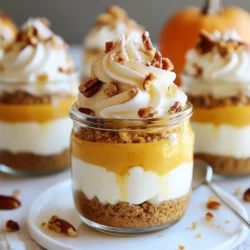 Für diesen leckeren Kürbiskäsekuchen im Glas brauchst du folgende Zutaten: - 1 ½ Tassen Grahamcrackerbrösel - ½ Tasse ungesalzene Butter, geschmolzen - 2 Pakete Frischkäse (je 225 g), weich - 1 Tasse Kürbispüree aus der Dose - ¾ Tasse Zucker - 1 Teelöffel Vanilleextrakt - ½ Teelöffel gemahlener Zimt - ¼ Teelöffel gemahlene Muskatnuss - ¼ Teelöffel gemahlener Ingwer - 3 große Eier - 1 Tasse Schlagsahne (für die Garnitur) - ¼ Tasse gehackte Pekannüsse (für die Garnitur) Manchmal findest du die Zutaten nicht leicht. Hier sind einige Alternativen: - Statt Grahamcracker kannst du zerbröselte Kekse verwenden. - Verwende pflanzliche Butter für eine vegane Option. - Für den Frischkäse gibt es auch Soja-Alternativen. - Wenn du kein Kürbispüree findest, kannst du auch frischen Kürbis selbst pürieren. Frische Zutaten bringen mehr Geschmack. Frischkäse hat eine cremige Textur. Er schmeckt besser als die meisten Alternativen. Frisches Kürbispüree hat einen intensiveren Geschmack. Konserviertes Püree ist jedoch praktisch und spart Zeit. Bei Gewürzen ist frisch gemahlener Zimt meist aromatischer. Wenn du die Wahl hast, wähle frisch! {{ingredient_image_2}} Um die Kruste zu machen, nimm zuerst eine Schüssel. Gib 1 ½ Tassen Grahamcrackerbrösel und ½ Tasse geschmolzene Butter hinein. Mische sie gut. Die Brösel sollten gleichmäßig mit der Butter bedeckt sein. Dann verteile die Mischung auf vier Dessertgläser. Drücke die Brösel fest auf den Boden jedes Glases. So entsteht eine stabile Kruste. Jetzt kommt der spannende Teil! In einer großen Schüssel gib 2 Pakete weichen Frischkäse. Rühre ihn mit einem Handmixer cremig. Füge dann 1 Tasse Kürbispüree, ¾ Tasse Zucker, 1 Teelöffel Vanilleextrakt, ½ Teelöffel Zimt, ¼ Teelöffel Muskatnuss und ¼ Teelöffel Ingwer hinzu. Mische alles gut, bis die Masse glatt ist. Jetzt füge die Eier hinzu. Nimm 3 große Eier und gib sie nacheinander in die Mischung. Mische gut nach jedem Ei. So wird die Füllung schön cremig. Fülle die Käsekuchenfüllung gleichmäßig in die Gläser. Achte darauf, dass sie etwa zu drei Vierteln gefüllt sind. Jetzt heize den Ofen auf 325°F (160°C) vor. Stelle die Gläser in eine Auflaufform. Füge heißes Wasser hinzu, bis es bis zur Hälfte der Gläser reicht. Das Wasserbad hilft, den Käsekuchen gleichmäßig zu backen. Backe die Gläser für 25-30 Minuten. Die Mitte sollte leicht wackeln, aber fest sein. Nimm die Gläser vorsichtig aus dem Ofen. Lass sie bei Raumtemperatur etwa 30 Minuten abkühlen. Lade sie dann für mindestens 4 Stunden oder über Nacht in den Kühlschrank. So wird der Käsekuchen perfekt fest. Für eine gute Kruste mische die Grahamcrackerbrösel mit geschmolzener Butter. Drücke die Mischung fest in die Gläser. Achte darauf, dass die Kruste gleichmäßig ist. Dies gibt Halt und sorgt für einen tollen Biss. Lass die Kruste nicht zu dick werden. Eine dünne Schicht ist oft besser. Ein häufiger Fehler ist, die Füllung zu lange zu backen. Achte darauf, dass die Mitte leicht wackelt. Das bedeutet, dass der Käsekuchen perfekt ist. Ein anderer Fehler ist, die Eier zu schnell hinzuzufügen. Mixe nach jedem Ei gut durch, damit die Füllung glatt bleibt. Wenn du die Temperatur nicht richtig einstellst, kann der Käsekuchen reißen. Stelle sicher, dass dein Ofen auf 325°F (160°C) vorgeheizt ist. Für die Garnierung verwende frische Schlagsahne. Diese macht jeden Käsekuchen besonders. Streue gehackte Pekannüsse darüber für einen tollen Crunch. Du kannst auch Zimt oder Karamellsauce hinzufügen. Für die Präsentation stelle die Gläser auf einen schönen Teller. Das sieht gut aus und macht Appetit. Pro Tipps Frischkäse vorbereiten: Stellen Sie sicher, dass der Frischkäse Raumtemperatur hat, bevor Sie ihn verwenden. Dies hilft, eine gleichmäßige und glatte Mischung zu erzielen. Kürbispüree wählen: Verwenden Sie hochwertiges Kürbispüree aus der Dose oder selbstgemachtes, um den besten Geschmack zu erzielen. Achten Sie darauf, dass es nicht gesüßt ist. Wasserbad richtig machen: Achten Sie darauf, dass das Wasser nicht zu hoch in die Gläser reicht. Es sollte nur bis zur Hälfte der Gläser reichen, um ein Überlaufen zu verhindern. Garnierung kreativ gestalten: Experimentieren Sie mit verschiedenen Toppings wie Karamellsoße oder Schokoladensplittern, um Ihrem Käsekuchen-Glas eine persönliche Note zu verleihen. {{image_4}} Wenn du Abwechslung magst, probiere verschiedene Geschmäcker aus. Du kannst Frischkäse mit Schokolade oder Karamell mischen. Auch Fruchtpürees wie Himbeere oder Mango sind lecker. Diese Sorten geben deinem Käsekuchen eine neue Note. Experimentiere mit Gewürzen wie Kardamom oder sogar Chili für einen besonderen Kick. Für glutenfreie Käsekuchen kannst du glutenfreie Kekse für die Kruste verwenden. Viele Marken bieten diese an. Wenn du vegan kochen möchtest, ersetze den Frischkäse durch Cashew-Creme oder Tofu. Nutze pflanzliche Milch und einen pflanzlichen Süßstoff. So bleibt der Käsekuchen cremig und lecker, ohne tierische Produkte. Du musst nicht immer bei der Kruste bleiben. Probiere eine Schokoladenkekskruste oder eine Nusskruste. Diese geben deinem Käsekuchen einen besonderen Geschmack. Auch eine Biskuitbasis kann gut funktionieren. Sie ist leicht und fluffig. Genieße die Freiheit, verschiedene Basisrezepte zu testen. Das macht das Dessert noch spannender! Um die Kürbiskäsekuchen im Glas frisch zu halten, lagere sie im Kühlschrank. Decke die Gläser mit Frischhaltefolie ab. So bleibt die Füllung feucht und die Kruste knusprig. Du kannst auch einen luftdichten Behälter verwenden. Lagere die Gläser immer im oberen Teil des Kühlschranks, da es dort kühler ist. Wenn du die Käsekuchen länger aufbewahren willst, friere sie ein. Stelle sicher, dass die Gläser ganz abgekühlt sind. Decke jedes Glas mit Frischhaltefolie ab und dann mit Alufolie. So schützt du sie vor Gefrierbrand. Zum Auftauen stelle die Gläser in den Kühlschrank. Lass sie dort über Nacht. So bleiben die Textur und der Geschmack erhalten. Im Kühlschrank bleiben die Käsekuchen etwa 4 bis 5 Tage frisch. Wenn du sie einfrierst, sind sie bis zu 3 Monate haltbar. Achte darauf, sie nach dem Auftauen schnell zu essen. Denn sie verlieren nach dem Einfrieren an Qualität. Sie können diese Desserts bis zu drei Tage im Voraus machen. Stellen Sie sicher, dass Sie die Gläser gut abdecken. So bleiben sie frisch. Kühlschrank ist der beste Ort dafür. Am Tag des Servierens garnieren Sie die Desserts kurz vor dem Essen. Ja, Sie können die Cheesecake-Gläser einfrieren. Lassen Sie sie zuerst gut abkühlen. Dann decken Sie jedes Glas fest mit Frischhaltefolie ab. Sie können die Gläser bis zu zwei Monate einfrieren. Zum Auftauen stellen Sie sie einfach über Nacht in den Kühlschrank. Wenn die Füllung nicht fest wird, könnte es an der Backzeit liegen. Prüfen Sie die Mitte des Käsekuchens. Sie sollte leicht wackeln, aber nicht flüssig sein. Wenn das passiert, backen Sie sie einfach ein paar Minuten länger. Außerdem sollten Sie die Eier gut unterrühren. Das hilft der Füllung, fest zu werden. Diese Anleitung hat Ihnen gezeigt, wie Sie einen leckeren Kürbiskäsekuchen im Glas zubereiten können. Wir haben die besten Zutaten, die Zubereitungsschritte und wichtige Tipps besprochen. Die Variationen bieten Ihnen viele Möglichkeiten, um den Kuchen zu personalisieren. Denken Sie daran, frische Zutaten immer zu priorisieren und Ihre Käsekreationen gut zu lagern. Mit diesen Tipps und Tricks wird Ihr Käsekuchen sicher ein Hit! Probieren Sie es aus und genießen Sie jeden Bissen.