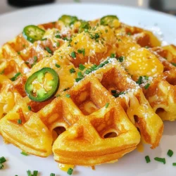 Für die Cheddar Jalapeño Cornbread Waffles brauchst du einige Grundzutaten. Sie sind einfach zu finden und machen das Rezept lecker. Hier sind die wichtigen Zutaten: - 1 Tasse Maismehl - 1 Tasse Weizenmehl - 1 Esslöffel Backpulver - 1 Teelöffel Natron - 1/2 Teelöffel Salz - 1/4 Teelöffel schwarzer Pfeffer - 2 große Eier - 1 Tasse Buttermilch (oder normale Milch mit 1 Esslöffel Essig) - 1/4 Tasse Pflanzenöl - 1 Tasse geriebener scharfer Cheddar-Käse - 1/2 Tasse Jalapeños, gewürfelt (frisch oder eingelegt) Diese Basiszutaten geben den Waffeln ihren tollen Geschmack und die perfekte Konsistenz. Die Gewürze und Aromen sind der Schlüssel zu diesem Rezept. Sie machen die Waffeln spannend und lecker. Du fügst Salz und schwarzer Pfeffer hinzu, um die Waffeln abzurunden. Diese Gewürze helfen, den Geschmack des Käses und der Jalapeños hervorzuheben. Ein kleiner Schuss Honig bringt eine süße Note. Du kannst auch frisch gehackten Schnittlauch verwenden, um die Waffeln zu garnieren. Dieser gibt zusätzlich frische Aromen und sieht toll aus. Wenn du mehr Abwechslung willst, probiere andere Käsesorten oder verschiedene Paprikasorten. So machst du jede Runde Waffeln einzigartig! {{ingredient_image_2}} Zuerst heizt du dein Waffeleisen gemäß den Anweisungen vor. Dies ist wichtig, damit die Waffeln gleichmäßig backen. Während das Eisen wärmt, kannst du die trockenen Zutaten vorbereiten. In einer großen Schüssel mischst du 1 Tasse Maismehl, 1 Tasse Weizenmehl, 1 Esslöffel Backpulver, 1 Teelöffel Natron, 1/2 Teelöffel Salz und 1/4 Teelöffel schwarzen Pfeffer. Rühre alles gut um, bis die Mischung gleichmäßig ist. In einer separaten Schüssel schlägst du 2 große Eier auf. Dann fügst du 1 Tasse Buttermilch und 1/4 Tasse Pflanzenöl hinzu. Wenn du es süßer magst, kannst du auch 1 Esslöffel Honig dazugeben. Rühre alles gut, bis es glatt ist. Jetzt gießt du die feuchten Zutaten in die trockenen Zutaten. Falten ist hier der Schlüssel! Mische alles vorsichtig, bis es gerade so verbunden ist. Es ist nicht schlimm, wenn noch etwas Klumpen bleiben. Jetzt kommen die Hauptakteure: 1 Tasse geriebener scharfer Cheddar-Käse und 1/2 Tasse gewürfelte Jalapeños. Mische sie vorsichtig unter den Teig. Fette das Waffeleisen leicht mit Kochspray ein. Gieße etwa 1/2 Tasse Teig auf das Eisen, je nach Herstellerempfehlung. Senke den Deckel ab und backe die Waffeln, bis sie goldbraun sind. Dies dauert in der Regel etwa 5 Minuten. Wenn die Waffeln fertig sind, nimm sie vorsichtig heraus und halte sie warm in einem niedrigen Ofen. Wiederhole diesen Schritt mit dem restlichen Teig. Serviere die Waffeln heiß und garniere sie mit frisch gehacktem Schnittlauch. Du kannst sie pur genießen oder mit Butter, Sirup oder Sauerrahm servieren. Um die perfekte Konsistenz zu erreichen, mischen Sie die trockenen Zutaten gründlich. Dies sorgt dafür, dass das Backpulver und das Natron gleichmäßig verteilt sind. Bei den feuchten Zutaten schlagen Sie die Eier gut auf. So wird der Teig locker. Falten Sie die trockenen und feuchten Zutaten vorsichtig zusammen. Zu viel Rühren macht die Waffeln zäh. Einige Klumpen sind in Ordnung. Ein häufiger Fehler ist das Übermixen des Teigs. Dies führt zu harten Waffeln. Ein weiterer Fehler ist, das Waffeleisen nicht vorzuheizen. Ein gut vorgeheiztes Eisen sorgt für knusprige Waffeln. Achten Sie darauf, das Eisen leicht zu fetten. Zu viel Fett macht die Waffeln fettig. Zu wenig Fett lässt sie kleben. Fügen Sie frische Kräuter wie Thymian oder Rosmarin hinzu, um den Geschmack zu verbessern. Sie können auch verschiedene Käsesorten verwenden. Ziegenkäse oder Gouda geben einen neuen Twist. Für eine süßere Note können Sie etwas Honig oder Zucker hinzufügen. Experimentieren Sie mit der Menge an Jalapeños für mehr oder weniger Schärfe. Pro Tipps Waffeleisen vorheizen: Stellen Sie sicher, dass Ihr Waffeleisen vollständig vorgeheizt ist, bevor Sie den Teig hinzufügen, um gleichmäßig gebräunte und knusprige Waffeln zu erhalten. Textur optimieren: Vermeiden Sie es, den Teig zu übermixen; einige Klumpen sind in Ordnung. Dies sorgt für eine leichtere und fluffigere Waffel. Variationen ausprobieren: Fügen Sie andere Käsesorten oder zusätzliche Gewürze hinzu, um verschiedene Geschmacksrichtungen zu kreieren. Zum Beispiel können Sie auch Feta oder Parmesankäse verwenden. Serviervorschläge: Servieren Sie die Waffeln mit einer Auswahl an Toppings, wie z.B. Sauerrahm, Avocado oder einer scharfen Salsa, um den Geschmack zu variieren. {{image_4}} Wenn du die Waffeln vegetarisch machen möchtest, ist das ganz einfach. Lass einfach den Käse weg oder nutze eine pflanzliche Alternative. Um die Waffeln glutenfrei zu machen, ersetze das Weizenmehl durch glutenfreies Mehl. Achte darauf, dass alle anderen Zutaten auch glutenfrei sind. So kannst du alle Optionen anpassen! Cheddar ist lecker, aber du kannst auch andere Käsesorten verwenden. Probiere zum Beispiel Monterey Jack oder Gouda. Beide Käsesorten geben einen tollen Geschmack. Wenn du es würziger magst, nutze Pepper Jack Käse. Jedes Mal wird die Waffel anders und spannend! Du kannst die Waffeln noch interessanter machen. Füge einige Maiskörner hinzu, um mehr Textur zu erhalten. Frische Kräuter wie Petersilie oder Koriander bringen frische Aromen. Wenn du es süßer magst, gib etwas mehr Honig hinein. Eine Handvoll gewürfelter Paprika bringt Farbe und Geschmack. Experimentiere und finde deine Lieblingskombination! Um die Cheddar Jalapeño Cornbread Waffles frisch zu halten, lagere sie in einem luftdichten Behälter. Sie bleiben so etwa drei Tage lang gut. Stelle sicher, dass die Waffeln vollständig abgekühlt sind, bevor du sie lagerst. Ich empfehle, sie mit einem Tuch abzudecken, um Feuchtigkeit zu vermeiden. Wenn du die Waffeln länger aufbewahren möchtest, kannst du sie einfrieren. Lege die Waffeln in eine einzelne Schicht auf ein Backblech und friere sie für eine Stunde ein. Danach packe sie in einen Gefrierbeutel und beschrifte ihn mit dem Datum. So bleiben sie bis zu drei Monate frisch. Du kannst sie direkt aus dem Gefrierfach verwenden. Um die gefrorenen Waffeln wieder aufzuwärmen, lege sie in den Toaster oder backe sie im Ofen bei 180°C für etwa 10 Minuten. So werden sie schön warm und knusprig. Du kannst sie auch in der Mikrowelle aufwärmen, aber sie werden nicht so knusprig. Füge frischen Schnittlauch oder ein wenig Butter hinzu, um den Geschmack zu verbessern. Die Waffeln halten sich gut im Kühlschrank. Sie bleiben bis zu drei Tage frisch. Lagern Sie sie in einem luftdichten Behälter. Wenn Sie die Waffeln länger aufbewahren möchten, frieren Sie sie ein. So bleiben sie bis zu drei Monate haltbar. Zum Auftauen legen Sie sie einfach in den Toaster oder Ofen. Ja, Sie können die Waffeln ohne Buttermilch machen. Einfach normale Milch mit einem Esslöffel Essig mischen. Lassen Sie die Mischung einige Minuten stehen, bis sie leicht dicklich wird. Diese Mischung gibt den Waffeln die gleiche Textur und den gleichen Geschmack. Es ist eine einfache und leckere Alternative. Diese Waffeln sind sehr vielseitig. Hier sind einige Beilagen, die gut dazu passen: - Butter: Ein Klassiker, der immer funktioniert. - Sirup: Für einen süßen Kontrast. - Sauerrahm: Gibt einen tollen, cremigen Geschmack. - Guacamole: Eine würzige und gesunde Option. - Salsa: Für einen zusätzlichen Kick. Experimentieren Sie mit verschiedenen Beilagen, um Ihre perfekte Kombination zu finden! In diesem Artikel habe ich die wichtigen Zutaten und Schritte für Cheddar Jalapeño Cornbread Waffles erklärt. Ich habe Tipps gegeben, um die perfekte Konsistenz zu erreichen und häufige Fehler zu vermeiden. Außerdem gab es Varianten für jeden Geschmack und Hinweise zur Lagerung. Diese Waffeln sind einfach und lecker. Du kannst sie gut zu verschiedenen Beilagen servieren. Experimentiere mit Zutaten und finde deinen perfekten Waffelgeschmack. Jetzt bist du bereit, leckere Waffeln zu backen!