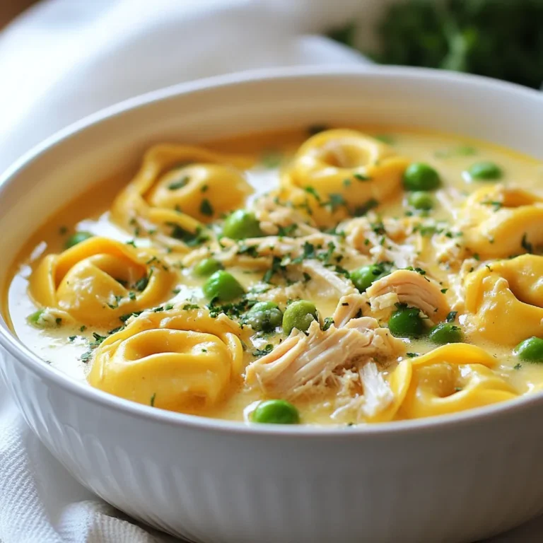 Für die Chicken Tortellini Suppe brauchst du: - 2 Esslöffel Olivenöl - 1 mittelgroße Zwiebel, gewürfelt - 2 Knoblauchzehen, fein gehackt - 2 mittelgroße Karotten, in Scheiben geschnitten - 2 Selleriestangen, gewürfelt - 6 Tassen Hühnerbrühe - 2 Tassen gekochtes Hähnchen, zerpflückt - 1 Paket (9 oz) Käse-Tortellini - 1 Tasse Schlagsahne - 1 Tasse gefrorene Erbsen - 1 Teelöffel getrocknete italienische Kräuter (Oregano, Basilikum, Thymian) - Salz und Pfeffer nach Geschmack - Frische Petersilie, gehackt (zum Garnieren) Wenn du frische Zutaten wählst, achte auf die Farbe und den Duft. Die Zwiebel sollte fest sein und keine Flecken haben. Karotten und Sellerie müssen knackig sein. Wenn du frisches Hähnchen kaufst, wähle das, das eine helle Farbe hat und gut riecht. Achte darauf, dass die Kräuter frisch und grün sind. Das macht deine Suppe noch schmackhafter. Ich empfehle, Olivenöl von Marken wie Bertolli oder Filippo Berio zu verwenden. Diese haben einen tollen Geschmack. Für die Hühnerbrühe sind Marken wie Swanson oder Knorr eine gute Wahl. Sie sind leicht zu finden und schmecken gut. Wenn es um Tortellini geht, schau dir die Produkte von Rana oder Buitoni an. Diese Marken bieten frische und gefrorene Optionen, die perfekt für die Suppe sind. {{ingredient_image_2}} Um die Hähnchen-Tortellini-Suppe zuzubereiten, folge diesen einfachen Schritten: 1. Erhitze 2 Esslöffel Olivenöl in einem großen Topf bei mittlerer Hitze. 2. Füge 1 gewürfelte Zwiebel hinzu und brate sie 3-4 Minuten, bis sie glasig wird. 3. Gib 2 fein gehackte Knoblauchzehen, 2 in Scheiben geschnittene Karotten und 2 gewürfelte Selleriestangen dazu und brate alles 5 Minuten. 4. Gieße 6 Tassen Hühnerbrühe in den Topf und bringe die Mischung zum Köcheln. 5. Gib 2 Tassen zerpflücktes Hähnchen und 1 Paket Käse-Tortellini (9 oz) in den Topf. Koche sie nach Packungsanweisung (etwa 3-5 Minuten). 6. Rühre 1 Tasse Schlagsahne und 1 Tasse gefrorene Erbsen ein und koche 2-3 Minuten weiter. 7. Würze die Suppe mit 1 Teelöffel getrockneten italienischen Kräutern, Salz und Pfeffer. 8. Nimm den Topf vom Herd und lass die Suppe einige Minuten ruhen, bevor du sie servierst. Koche die Tortellini genau nach Packungsanweisung. Überkoche sie nicht, sonst werden sie matschig. Achte darauf, sie zu probieren, um die perfekte Konsistenz zu erreichen. Ich empfehle, die Tortellini in der Brühe zu kochen, damit sie den Geschmack aufnehmen. Serviere die Suppe heiß in tiefen Tellern oder Schüsseln. Garniere sie mit frisch gehackter Petersilie für einen frischen Look. Du kannst auch etwas geriebenen Parmesan darüber streuen. Dies verleiht der Suppe eine zusätzliche Geschmacksnote. Ein häufiger Fehler ist, die Zwiebeln zu lange zu braten. Sie sollten nur glasig sein. Wenn sie zu braun werden, schmeckt die Suppe bitter. Achte darauf, den Knoblauch nicht zu verbrennen. Füge ihn erst hinzu, wenn die Zwiebeln weich sind. Ein weiterer Fehler ist, die Tortellini zu lange zu kochen. Sie sollten al dente sein, also bissfest. Überprüfe die Packungsanweisung, um die richtige Zeit zu finden. Wenn du die Tortellini zu lange kochst, werden sie matschig. Du kannst das Rezept leicht anpassen. Probiere verschiedene Gemüsesorten. Paprika, Zucchini oder Spinat passen gut. Wenn du es schärfer magst, füge etwas Cayennepfeffer hinzu. Für einen anderen Geschmack kannst du die Brühe wechseln. Nutze Gemüsebrühe für eine vegane Option. Du kannst auch frische Kräuter statt getrockneter verwenden. Basilikum und Thymian bringen tolle Aromen. Um Zeit zu sparen, bereite die Zutaten vorher vor. Schneide das Gemüse am Vorabend. Du kannst auch vorgekochtes Hähnchen verwenden. Das spart viel Zeit beim Kochen. Ein weiterer Tipp ist, die Tortellini in der Brühe zu garen. So brauchst du keinen extra Topf. Achte darauf, die Erbsen zum Schluss hinzuzufügen, damit sie frisch bleiben. Mit diesen Tipps wird deine Chicken Tortellini Soup noch besser und einfacher zu machen. Pro Tipps Frische Kräuter hinzufügen: Frische Kräuter wie Basilikum oder Petersilie kurz vor dem Servieren einrühren, um das Aroma zu intensivieren. Variieren Sie das Gemüse: Fügen Sie zusätzliches Gemüse wie Spinat oder Zucchini hinzu, um die Nährstoffe zu erhöhen und die Suppe abwechslungsreicher zu gestalten. Für mehr Geschmack: Rösten Sie die Zwiebel und den Knoblauch an, bevor Sie die Brühe hinzufügen, um die Aromen zu vertiefen. Die richtige Tortellini-Wahl: Verwenden Sie frische statt gefrorene Tortellini für eine zartere Textur und intensiveren Geschmack. {{image_4}} Wenn du eine vegetarische Variante magst, gibt es viele einfache Anpassungen. Du kannst Fleisch durch mehr Gemüse ersetzen. Verwende statt Hähnchen zum Beispiel Zucchini, Paprika oder Spinat. Diese Gemüse geben der Suppe einen frischen Geschmack. Statt Hühnerbrühe kannst du auch Gemüsebrühe nehmen. Sie sorgt für einen tollen Geschmack ohne Fleisch. Es gibt viele leckere Einlagen, die du hinzufügen kannst. Kichererbsen sind eine großartige Proteinquelle. Du kannst auch gebratene Pilze oder Brokkoli hinzufügen. Für etwas Schärfe kannst du rote Pfefferflocken verwenden. Das gibt der Suppe einen netten Kick. Käsewürfel oder ein bisschen Pesto sind ebenfalls tolle Ergänzungen. Die Brühe spielt eine wichtige Rolle im Geschmack. Neben Hühner- oder Gemüsebrühe kannst du auch Rinderbrühe nutzen. Sie hat einen reichhaltigen Geschmack. Für die Gewürze sind italienische Kräuter eine gute Wahl. Du kannst Oregano, Basilikum oder Thymian verwenden. Ein Spritzer Zitronensaft kann auch helfen, die Aromen zu heben. Experimentiere mit verschiedenen Gewürzen, um deine persönliche Note zu finden. Um die Hähnchen-Tortellini-Suppe richtig zu lagern, lasse sie zuerst abkühlen. Fülle die Suppe dann in luftdichte Behälter. Du kannst sie im Kühlschrank für bis zu drei Tage aufbewahren. Wenn du die Suppe länger aufbewahren möchtest, friere sie ein. Achte darauf, die Suppe in Portionen zu teilen. So kannst du nur das auftauen, was du brauchst. Beim Aufwärmen der Suppe ist es wichtig, die Hitze niedrig zu halten. Erhitze die Suppe langsam in einem Topf. Füge einen Spritzer Wasser oder Brühe hinzu, wenn die Suppe zu dick wird. Rühre gut um, um die Tortellini gleichmäßig zu erwärmen. Du kannst die Suppe auch in der Mikrowelle erhitzen. Verwende eine mikrowellengeeignete Schüssel und decke sie ab, um Spritzer zu vermeiden. Die Haltbarkeit der Zutaten variiert. Gekochtes Hähnchen bleibt im Kühlschrank etwa drei bis vier Tage frisch. Frische Tortellini sollten innerhalb von zwei Tagen verwendet werden. Die Schlagsahne im Kühlschrank hat oft eine Haltbarkeit von ein bis zwei Wochen. Achte immer auf das Haltbarkeitsdatum auf den Verpackungen. So vermeidest du den Verzehr abgelaufener Produkte. Die Zubereitung der Chicken Tortellini Soup dauert insgesamt etwa 35 Minuten. Die Vorbereitungszeit beträgt 15 Minuten. Das Kochen selbst nimmt die restlichen 20 Minuten in Anspruch. Diese Zeit reicht aus, um eine leckere und cremige Suppe zu zaubern. Ja, du kannst frische Tortellini verwenden. Sie garen schneller als gefrorene. Achte darauf, die Garzeit auf der Packung zu prüfen. Meistens dauert es nur 2-3 Minuten, bis sie fertig sind. So sparst du etwas Zeit und erhältst eine tolle Textur. Zu dieser Suppe passen viele Beilagen. Du kannst frisches Brot oder Brötchen dazu reichen. Ein einfacher grüner Salat ist auch eine gute Wahl. Diese Optionen ergänzen die Suppe gut und machen die Mahlzeit rundum lecker. Ja, die Chicken Tortellini Soup kann gesund sein. Sie enthält viel Gemüse wie Karotten und Sellerie. Das gekochte Hähnchen bietet eine gute Proteinquelle. Achte aber auf die Menge der Schlagsahne. Du kannst sie auch durch eine leichtere Alternative ersetzen, um die Suppe gesünder zu machen. Um die Suppe würziger zu machen, füge mehr Gewürze hinzu. Du kannst auch frische Kräuter verwenden, wie Basilikum oder Petersilie. Chili-Flocken geben einen tollen Schärfe-Kick. Ein Spritzer Zitronensaft kann den Geschmack ebenfalls aufpeppen. Probiere es aus und finde deine perfekte Würze! In diesem Artikel haben wir die besten Zutaten, die Zubereitung und tolle Tipps für Chicken Tortellini Soup behandelt. Du hast erfahren, wie du frische Zutaten auswählst und häufige Fehler vermeidest. Denk daran, dass du das Rezept anpassen kannst, um es nach deinem Geschmack zu ändern. Richtig lagern und aufwärmen hilft, die Suppe frisch zu halten. Mit diesen Ideen bist du bereit, eine leckere Suppe zu zaubern. Deine Küche wird bald duften!