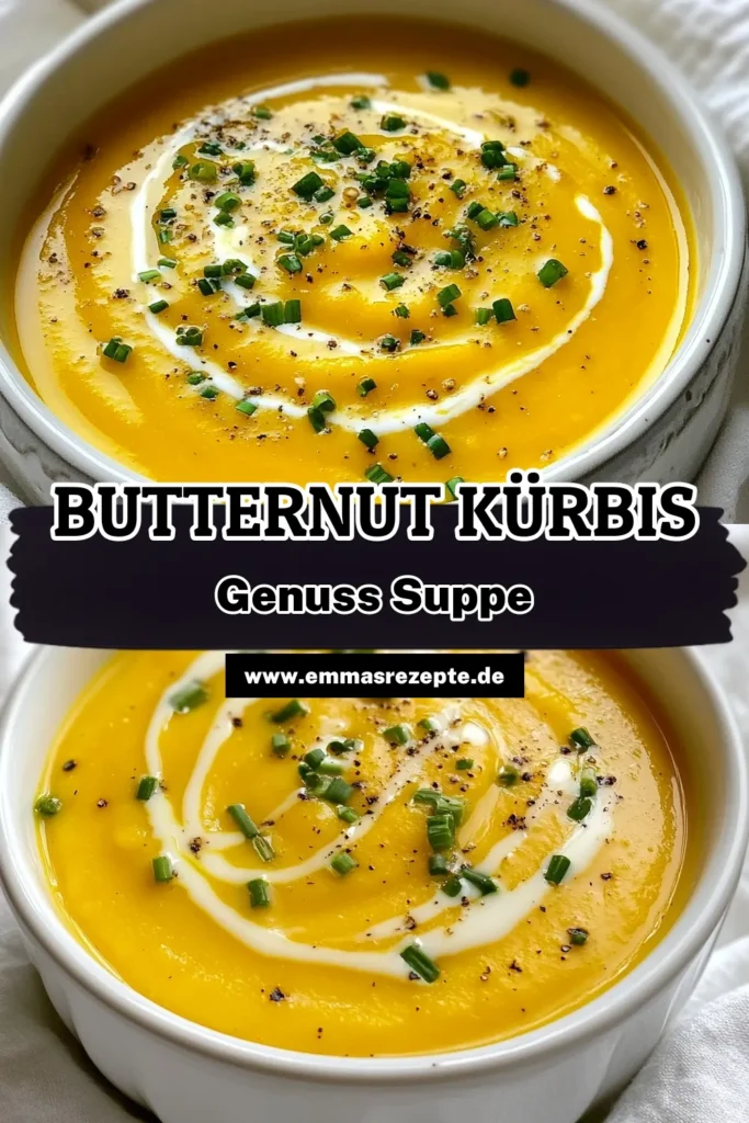 Entdecken Sie unser einfaches Rezept für Butternut-Kürbis-Suppe, das eine köstliche vegane Kürbissuppe zaubert! Perfekt für gesunde Herbstgerichte, vereint dieses Rezept die Aromen von frischem Butternut-Kürbis und cremiger Kokosmilch. Ideal für gemütliche Abende. Holen Sie sich die Anleitung und probieren Sie es selbst aus! Speichern Sie dieses einfache Suppe Rezept für eine gesunde Mahlzeit! #ButternutKürbisSuppe #veganeKürbissuppe #KokosmilchRezepte #Herbstgerichte