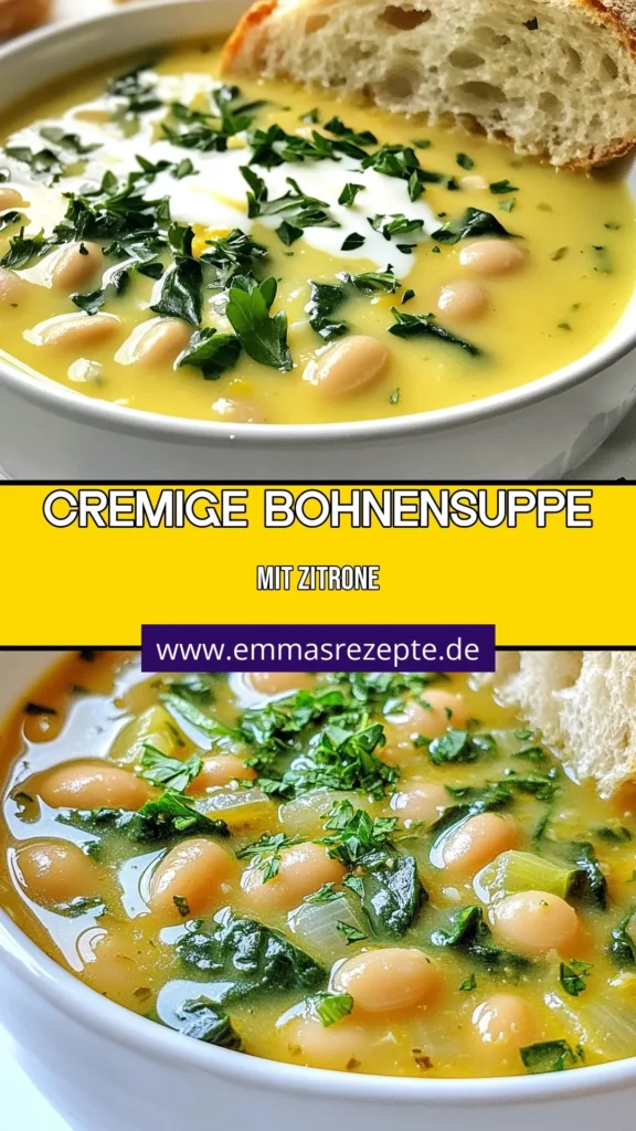 Entdecke die cremige weiße Bohnensuppe, die deinen Gaumen verwöhnt! Diese toskanische Suppe mit Zitrone ist nicht nur lecker, sondern auch gesund und vegan. Mit frischem Spinat und einer einfachen Zubereitung ist diese vegane Bohnensuppe das perfekte Rezept für jede Gelegenheit. Probiere es aus und genieße eine herzhafte, leichte Mahlzeit! Jetzt speichern und nachkochen! #CremigeWeißeBohnensuppe #Toskana #Vegan #GesundeRezepte