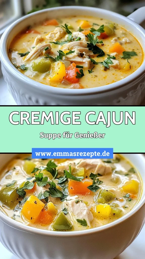 Entdecke das Rezept für eine cremige Cajun-Hühnchen-Suppe, die sowohl einfach zuzubereiten als auch gesund ist! Diese würzige Hühnersuppe mit zarten Hähnchenstücken und kräftigen Cajun-Gewürzen wird dein neues Lieblingsgericht. Perfekt für kühle Abende! Klicke jetzt, um das einfache Cajun-Hühnchen Rezept auszuprobieren und dir diese köstliche Suppe zu sichern! #CajunHühnchen #gesundeSuppe #Hühnersuppe #CajunRezept
