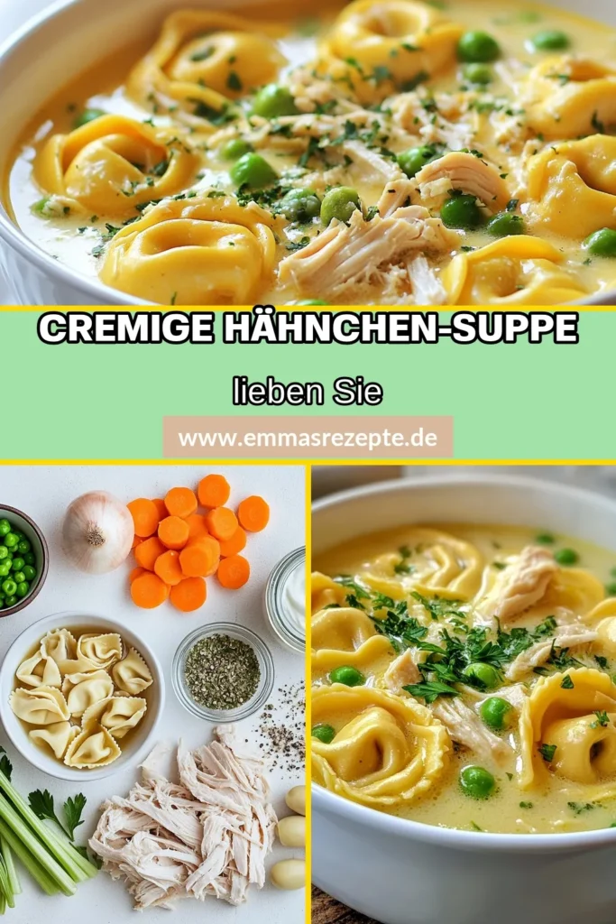 Entdecken Sie die cremige Hähnchen-Tortellini-Suppe, ein einfaches und leckeres Hähnchen-Tortellini-Rezept, das perfekt für kalte Tage ist! Diese italienische Gemüsesuppe kombiniert zartes Hähnchen, Käse-Tortellini und frisches Gemüse in einer köstlichen Brühe. Ideal für Ihre nächsten Dinner-Ideen oder als schnelles Abendessen. Speichern Sie dieses Rezept und machen Sie Ihre Familie glücklich! #HähnchenTortellini #Suppenrezepte #ItalienischeKüche #Hähnchensuppe