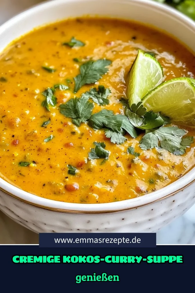 Entdecken Sie das Rezept für eine köstliche Kokos-Curry-Linsen-Suppe! Diese vegane Linsensuppe ist nicht nur einfach zuzubereiten, sondern auch gesund und glutenfrei. Mit roten Linsen, Kokosmilch und frischem Gemüse ist diese einfache Curry-Suppe perfekt für jede Gelegenheit. Probieren Sie es aus und überzeugen Sie sich selbst! Speichern Sie diese gesunde Rezeptidee für Ihr nächstes Meal Prep! #KokosCurry #veganeLinsensuppe #gesundeRezepte #glutenfreiesKochen