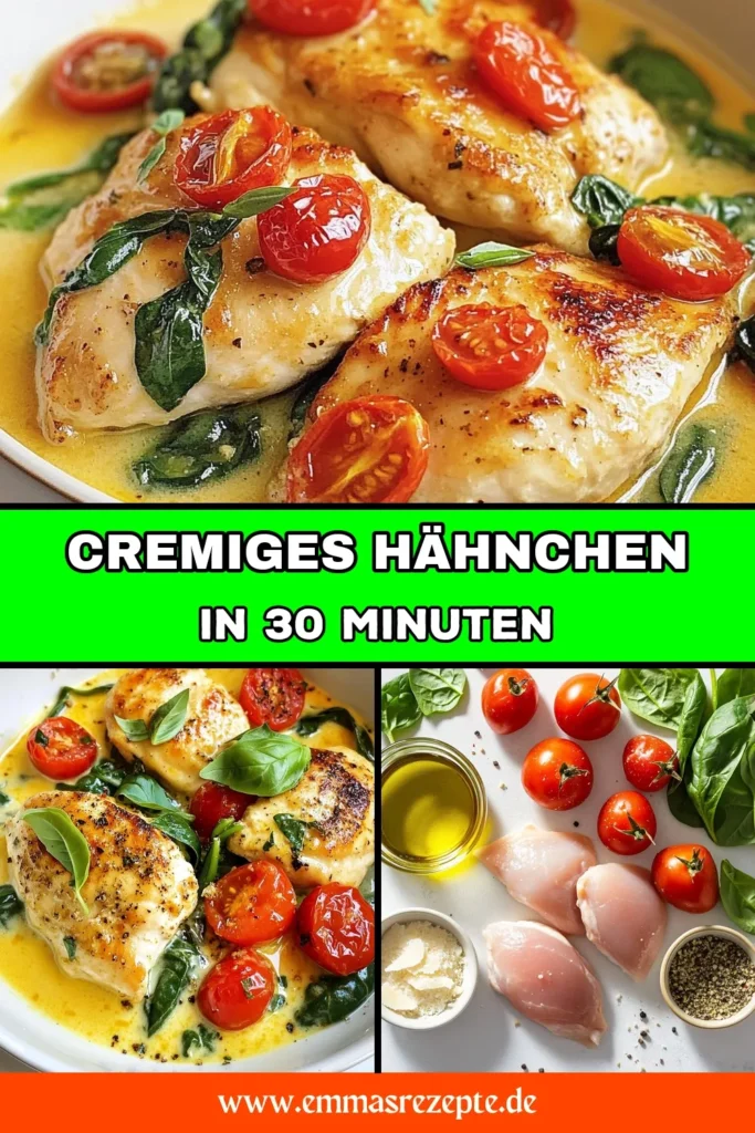 Entdecken Sie unser cremiges Knoblauch Hähnchenbrust-Rezept, das italienische Aromen auf den Tisch bringt! Diese einfache, toskanische Hähnchenrezept mit Hähnchen, Kirschtomaten und Spinat ist perfekt für jedes Abendessen. In nur 30 Minuten erfreuen Sie Ihre Familie mit diesem köstlichen italienischen Hähnchengericht. Speichern Sie das Rezept, um es später auszuprobieren! #Hähnchenrezept #Toskana #ItalienischeKüche #Kochinspiration