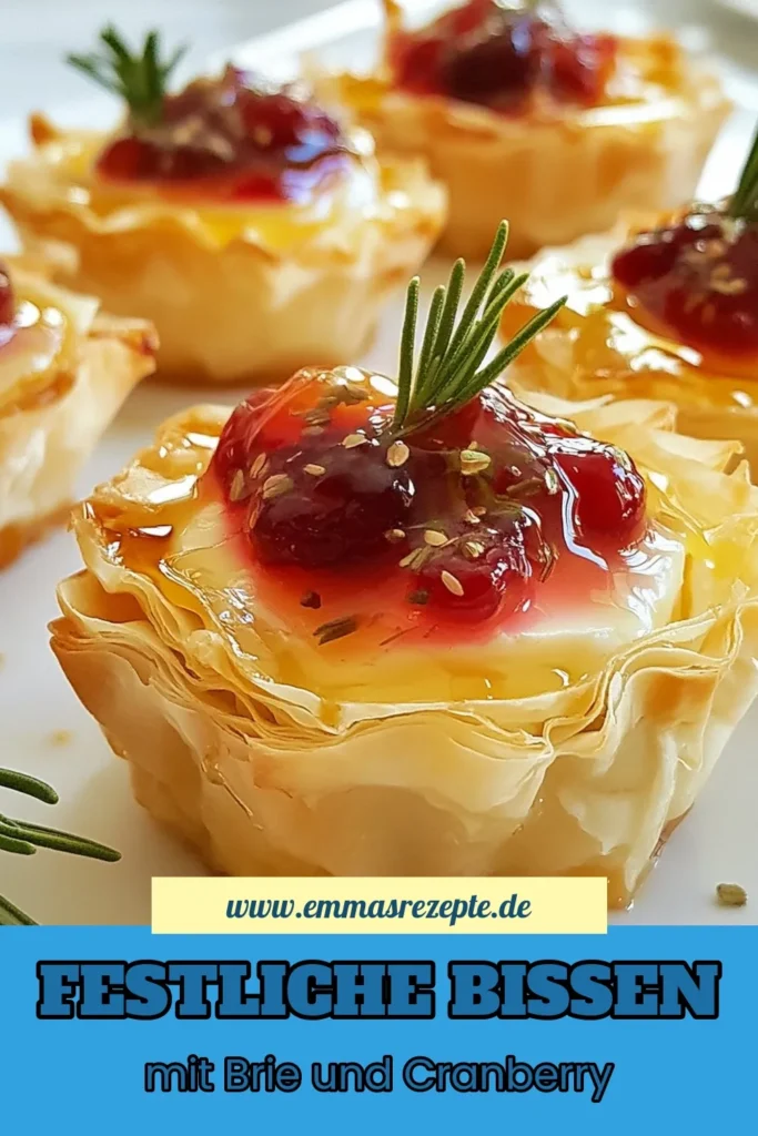 Entdecken Sie das perfekte festliche Fingerfood Rezept mit diesen köstlichen Cranberry Brie Bites. Diese Filoteig Weihnachtsvorspeise kombiniert zarten Brie-Käse, hausgemachte Cranberry Sauce und frischen Rosmarin – ein einfaches Partyessen mit Brie, das Ihre Gäste begeistern wird. Bereiten Sie diese herzhaften Bites einfach zu und bringen Sie festliche Stimmung auf jede Feier. Jetzt ausprobieren und speichern! #CranberryBrieBites #Fingerfood #Weihnachten #Partyessen